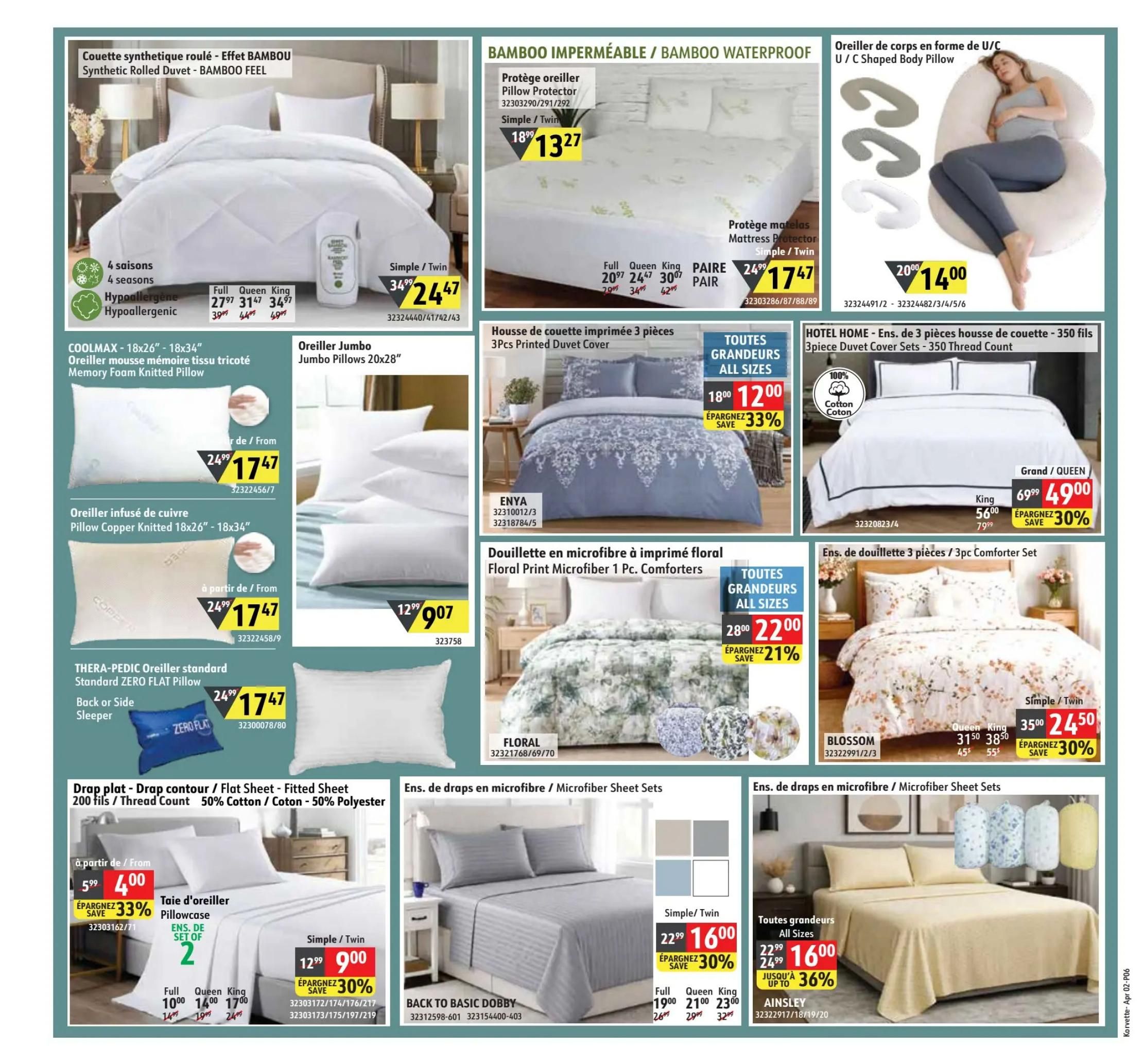Korvette flyer specials page 6 features a variety of bedding and sleep accessories. Highlighted items include a Synthetic Rolled Duvet - BAMBOO FEEL in Full, Queen, and King sizes, priced from $34.99 to $49.97. Also available are COOLMAX Memory Foam Knitted Pillows (18x26'-18x34') for $17.47, Copper Knitted Pillows for $17.47, and THERAPEDIC Standard ZERO FLAT PILLOWS for $17.47. Jumbo Pillows (20x28') are $9.07. The page showcases BAMBOO WATERPROOF Pillow Protectors and Mattress Protectors, with protectors starting at $13.27 and mattress protectors at $17.47. Several 3-piece printed duvet cover sets are featured, including the ENYA set for $12.00 (33% off) and Floral Print Microfiber 1 Pc. Comforters for $22.00 (21% off). HOTEL HOME 3-piece duvet cover sets (350 thread count) are on sale for $49.00 (30% off) for Grand/Queen and $56.00 for King. A 'Blossom' floral print 3pc comforter set is $24.50 (30% off). Microfiber sheet sets are available starting at $16.00 (30% off) for Simple/Twin sizes, with Full/Queen/King sizes priced from $21.00 to $23.00. Another microfiber sheet set, 'Ainsley', is on sale for $16.00 (up to 36% off). Flat sheets, contour sheets, and fitted sheets (200 thread count, 50% Cotton/50% Polyester) start at $4.00, with pillowcases (set of 2) for $9.00 (30% off).