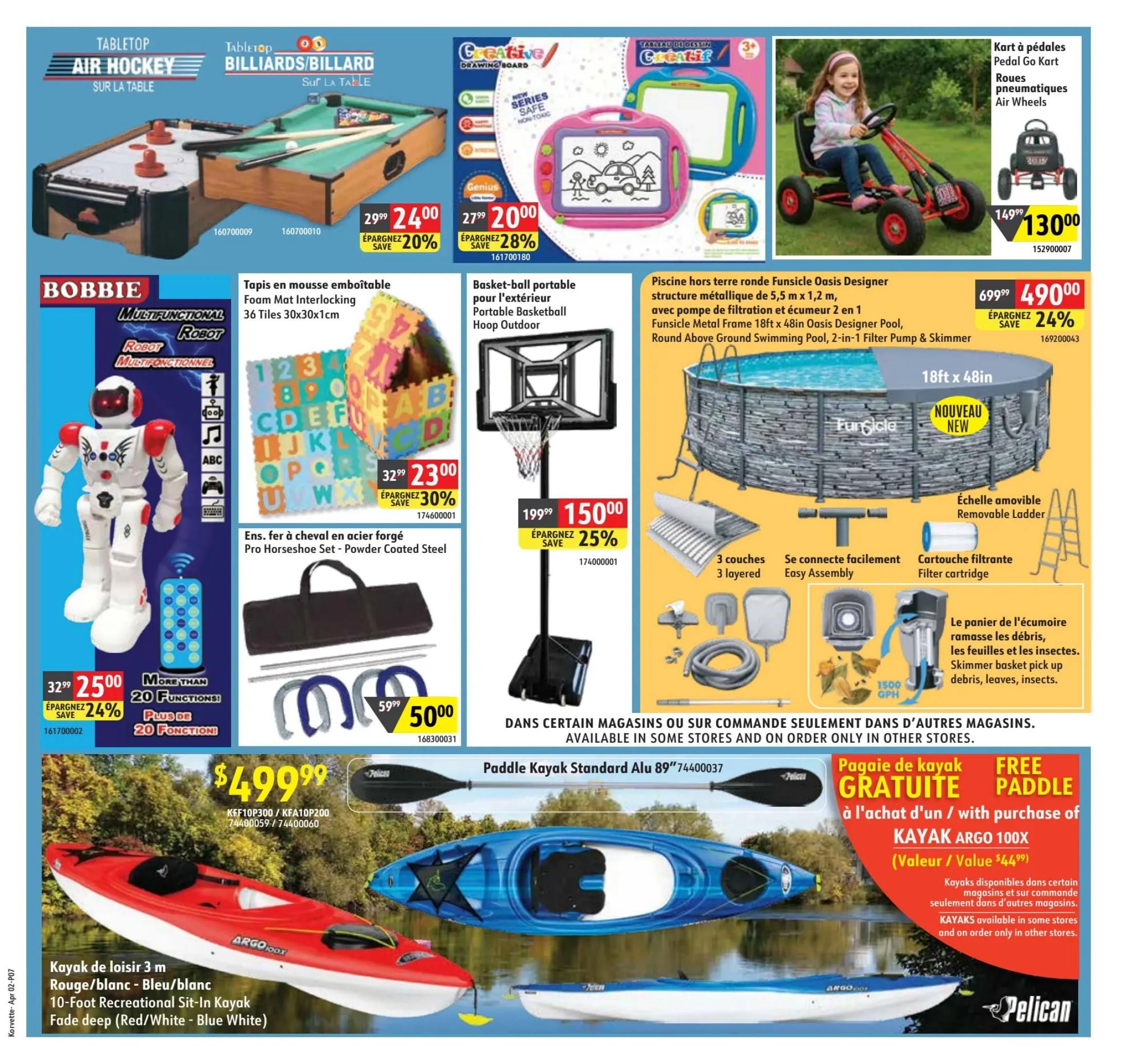 Korvette flyer page 7 features a variety of recreational items. Top row includes a Tabletop Air Hockey game for $24.00 (save 20%), a Tabletop Billiards/Billiard game for $29.99, a Creative Drawing Board for $20.00 (save 28%), and a Pedal Go Kart with Air Wheels for $130.00. The middle section showcases a Bobbie Multifunctional Robot for $25.00 (save 24%), a Foam Mat Interlocking set with 36 tiles for $23.00 (save 30%), a Portable Basketball Hoop Outdoor for $150.00 (save 25%), and a Funsicle Oasis Designer Metal Frame Round Above Ground Swimming Pool (18ft x 48in) with 2-in-1 filter pump and skimmer for $49.00 (save 24%). Also featured are a Pro Horseshoe Set for $50.00 and a removable ladder for the pool. The bottom section highlights a 10-Foot Recreational Sit-In Kayak in Red/White - Blue/White for $499.99, and a Paddle Kayak Standard Alu 89' with a free paddle offer with the purchase of a KAYAK ARGO 100X. Kayaks are available in some stores and on order only in other stores.