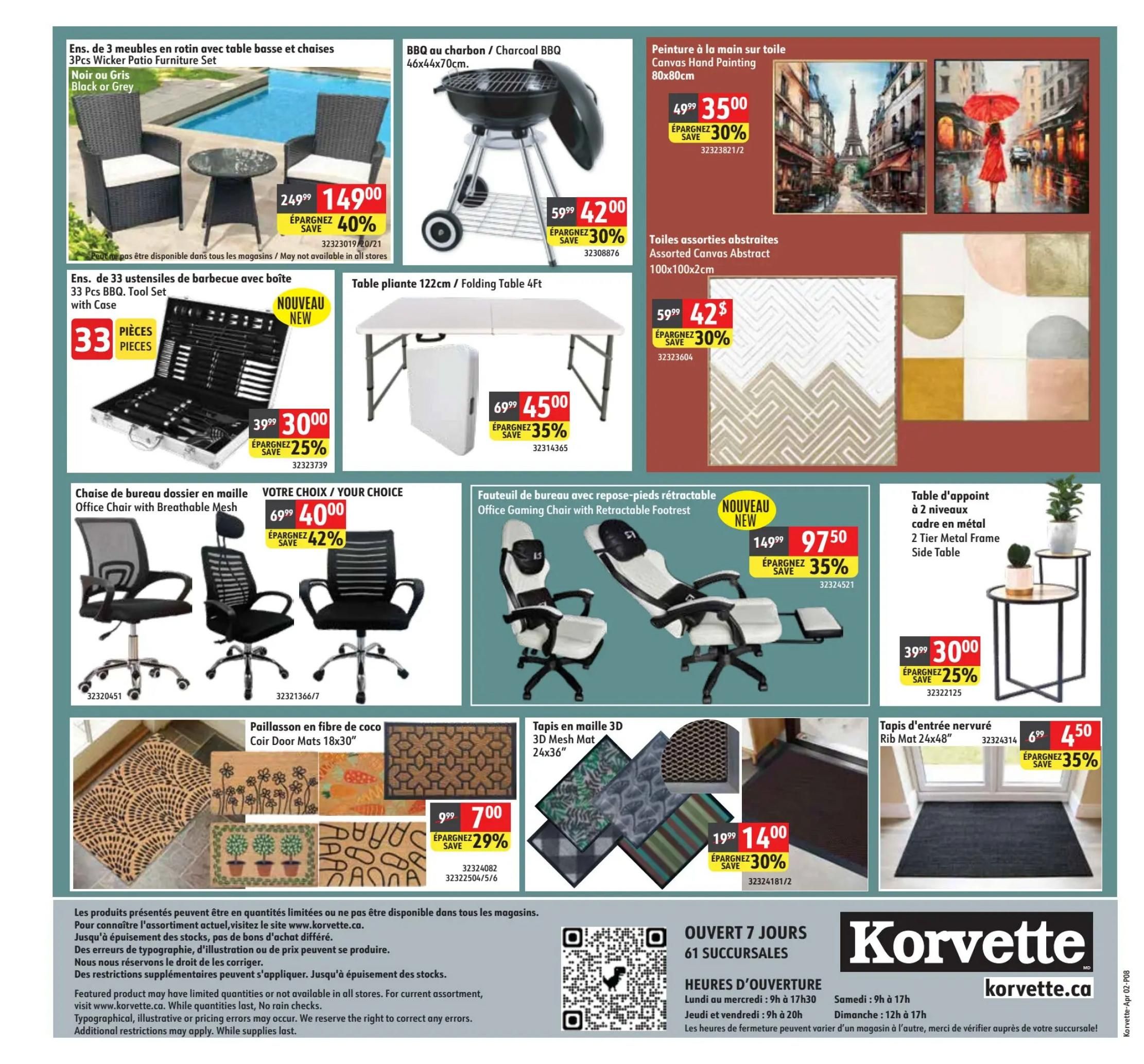 Korvette flyer page 8 features a 3-piece rattan patio furniture set with table and chairs in black or grey for $149.99, saving 40%. A charcoal BBQ measuring 46x44x70cm is on sale for $42.00, a 30% saving. Also available is a 33-piece BBQ tool set with case for $30.00, a 25% saving. A 122cm/4ft folding table is priced at $45.00, saving 35%. For home decor, find canvas hand painting 80x80cm for $35.00, a 30% saving, and assorted abstract canvas art 100x100x2cm for $42.00, also 30% off. Office chairs with breathable mesh are available for your choice at $40.00, a 42% saving. A new office gaming chair with a retractable footrest is $97.50, saving 35%. A 2-tier metal frame side table is $30.00, a 25% saving. Various door mats are featured: Coir door mats 18x30' for $7.00, saving 29%; 3D mesh mats 24x36' starting at $14.00, saving 30%; and ribbed mats 24x48' for $4.50, saving 35%. The flyer includes store hours and website information.
