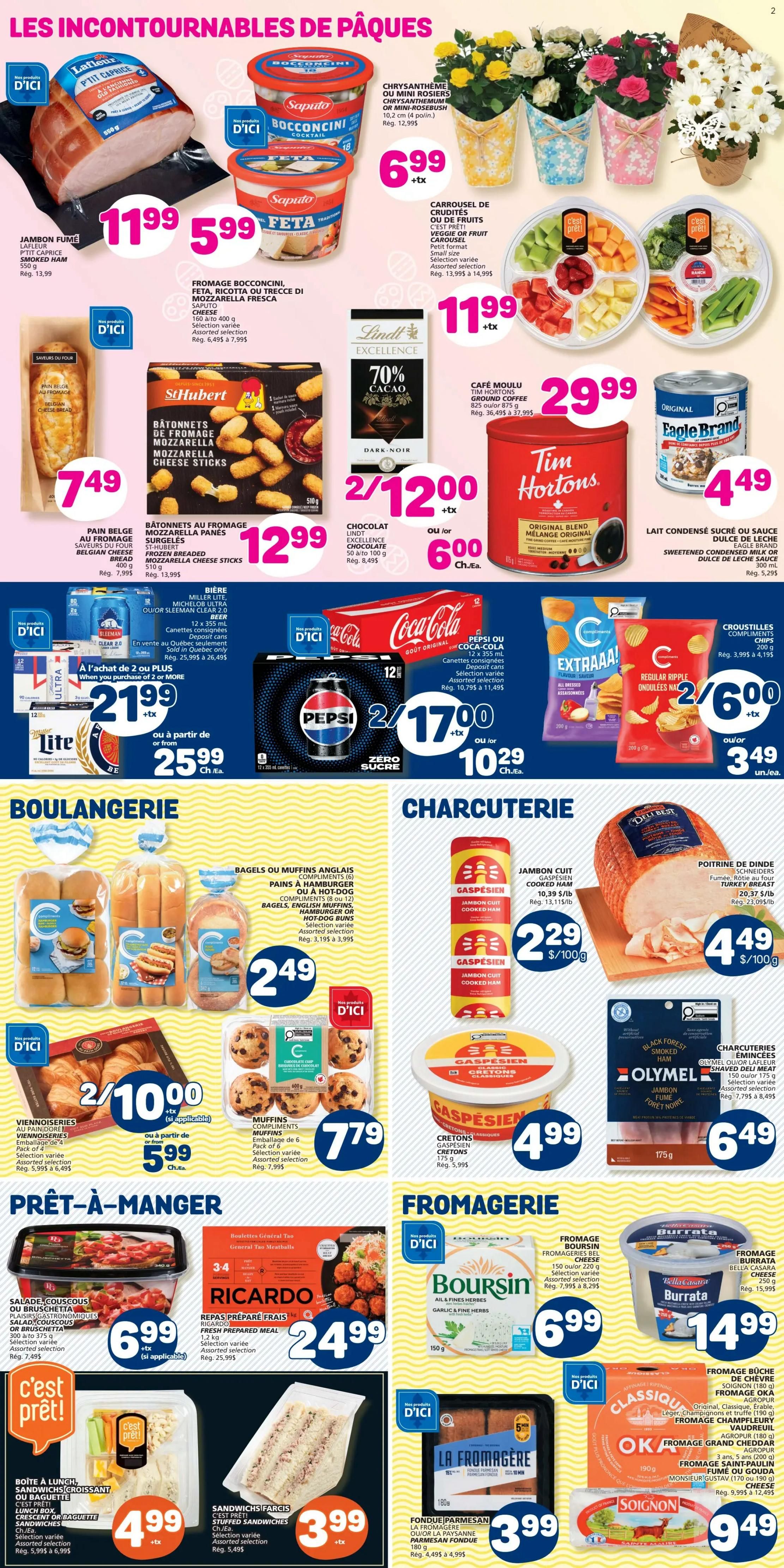 Marché Bonichoix flyer page 3 featuring Easter-themed specials. Top section includes Lafleur smoked ham for $11.99, Saputo Bocconcini and Feta cheese for $5.99, and assorted fruit and veggie platters for $11.99. Also featured are potted chrysanthemums or mini rose bushes for $6.99, St-Hubert mozzarella cheese sticks for $7.49, Lindt Excellence 70% cacao dark chocolate for 2 for $12.00 or $6.00 each, and Tim Hortons original blend ground coffee for $29.99. Eagle Brand sweetened condensed milk or evaporated milk is $4.49. Middle section highlights Belgian cheese bread for $7.49. Beverages include Michelob Ultra or Sleeman beer 12 x 355 mL cans for $21.99 when purchasing 2 or more, or $25.99 each. Pepsi or Coca-Cola 12 x 355 mL cans are 2 for $17.00 or $10.29 each. Lay's Extraaa! or Regular Ripple potato chips are 2 for $6.00 or $3.49 each. Bakery section offers assorted bagels, English muffins, hamburger or hot dog buns for $2.49, and assorted viennoiseries (4 pack) for 2 for $10.00 or $5.99 each. Muffins (6 pack) are $7.79. Charcuterie section features Gaspesien cooked ham at $2.29/100g and Olymel Black Forest or smoked ham shaved deli meat for $6.49. Ready-to-eat section includes Ricardo fresh prepared meals for $24.99. Lunch boxes, sandwiches, or croissants are $4.99. Stuffed sandwiches are $3.99. Fromagerie section offers Boursin garlic & fine herbs cheese for $6.99, Burrata Bella Casara cheese for $14.99, La Fromagere fondue parmesan for $3.99, and Soignon cheese, OKA cheese, or Champfleury cheese for $9.49.
