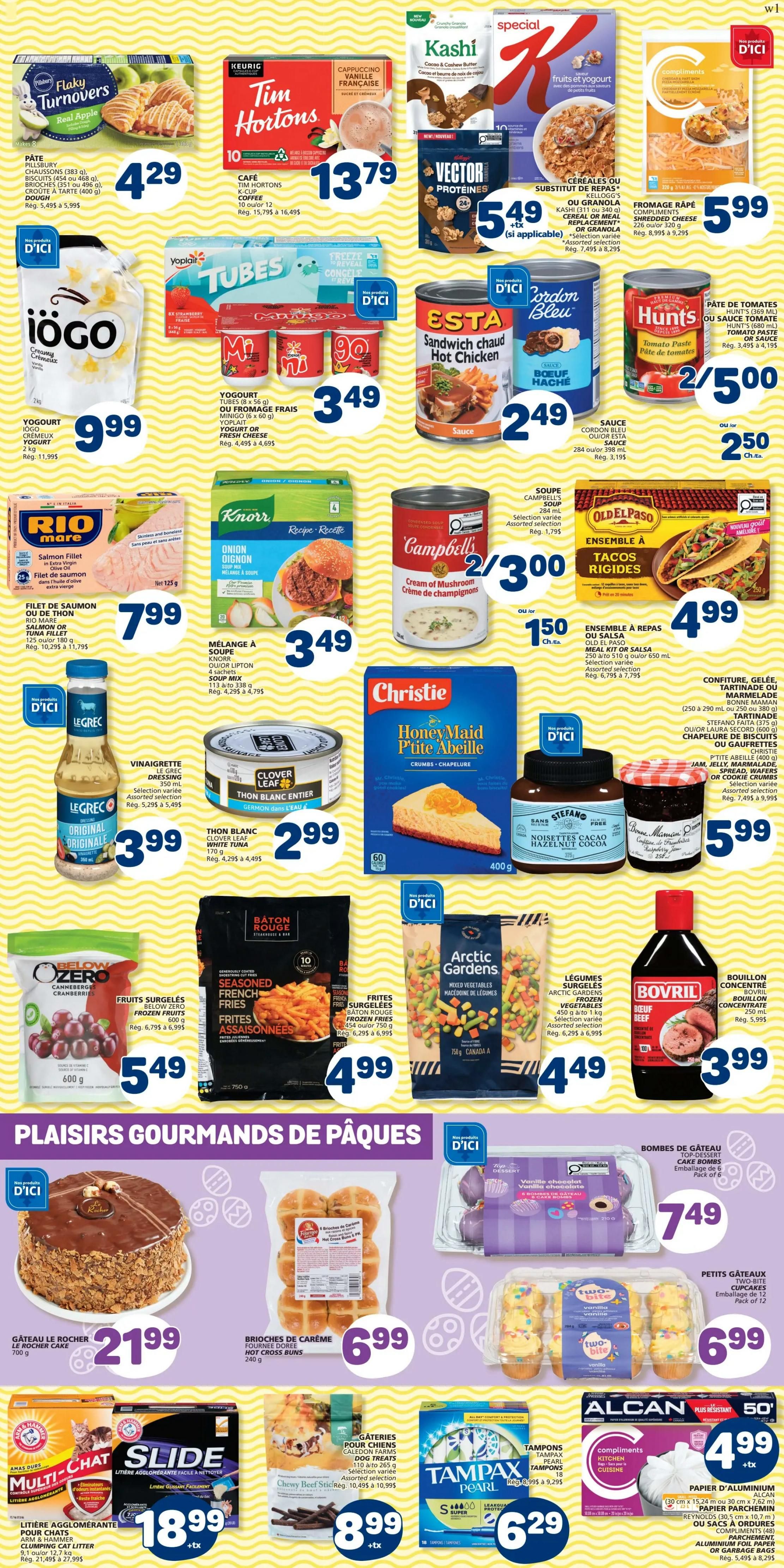 Marché Bonichoix weekly flyer specials page 5. Featured items include Pillsbury Flaky Turnovers for $4.29, Keurig Tim Hortons K-Cup Coffee for $13.79, Kashi Cereals for $5.49, and Compliments Shredded Cheese for $5.99. Also available are Iögo Creamy Yogurt for $9.99, Yoplait Tubes Yogurt or Fresh Cheese for $3.49, and Rio Mare Salmon Fillet in olive oil for $7.99. Other deals include Legrec Original Dressing for $3.99, Clover Leaf White Tuna for $2.99, Christie Honey Maid Pie for $5.99, and Stefano Hazelnut Cocoa Spread for $5.99. Campbell's Cream of Mushroom Soup is 2 for $3.00, and Old El Paso Taco Kits are $4.99. Below Zero Cranberries are $5.49, Batons Rouge Seasoned French Fries are $4.99, and Arctic Gardens Mixed Vegetables are $4.49. Bovril Concentrated Beef Broth is $3.99. Easter treats include Le Rocher Cake for $21.99, Fournée Dorée Hot Cross Buns for $6.99, and Cake Bombs for $7.49. Two-Bite Cupcakes are $6.99. Multi-Chat Clumping Litter is $18.99. Dog Treats are $8.99. Tampax Pearl Tampons are $6.29. Alcan Aluminum Foil or Garbage Bags are $4.99.