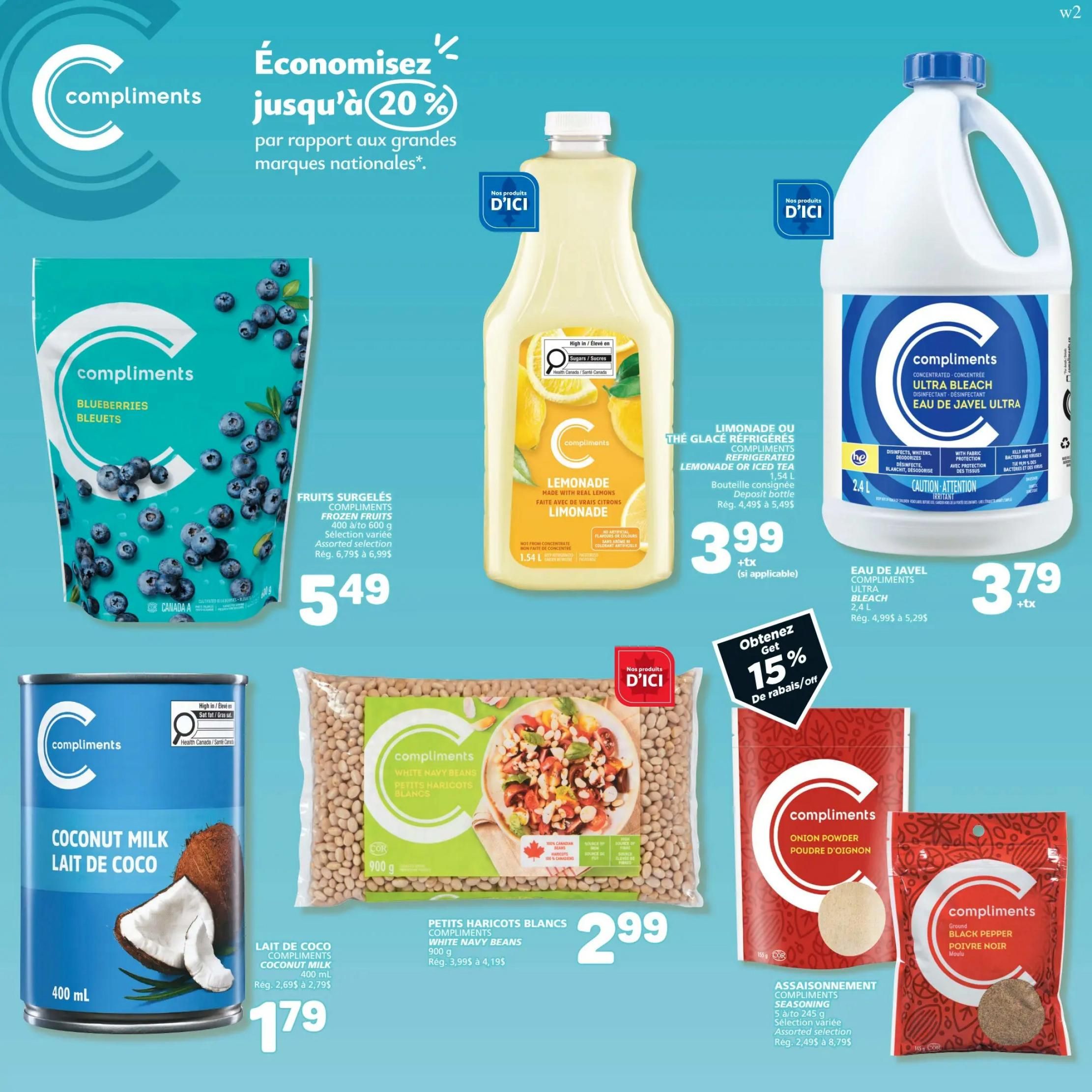 Marché Bonichoix weekly flyer specials, page 6. Save up to 20% on national brands. Featured products include Compliments Frozen Fruits (Blueberries) for $5.49, down from $6.79 to $6.99. Compliments Lemonade or Iced Tea, 1.54 L, is $3.99 plus applicable taxes, with a deposit bottle, regular price $4.49. Compliments Ultra Bleach, 2.4 L, is $3.79 plus applicable taxes, regular price $4.99 to $5.29. Get 15% off select items. Also available are Compliments Coconut Milk, 400 mL, for $1.79, regular price $2.69 to $2.79. Compliments White Navy Beans, 900 g, are $2.99, regular price $3.99 to $4.19. Compliments Seasoning, assorted selection from 5 g to 245 g, is on sale with regular prices from $2.49 to $8.79.79.79.9.79.79. Products shown include Compliments Onion Powder and Compliments Ground Black Pepper.