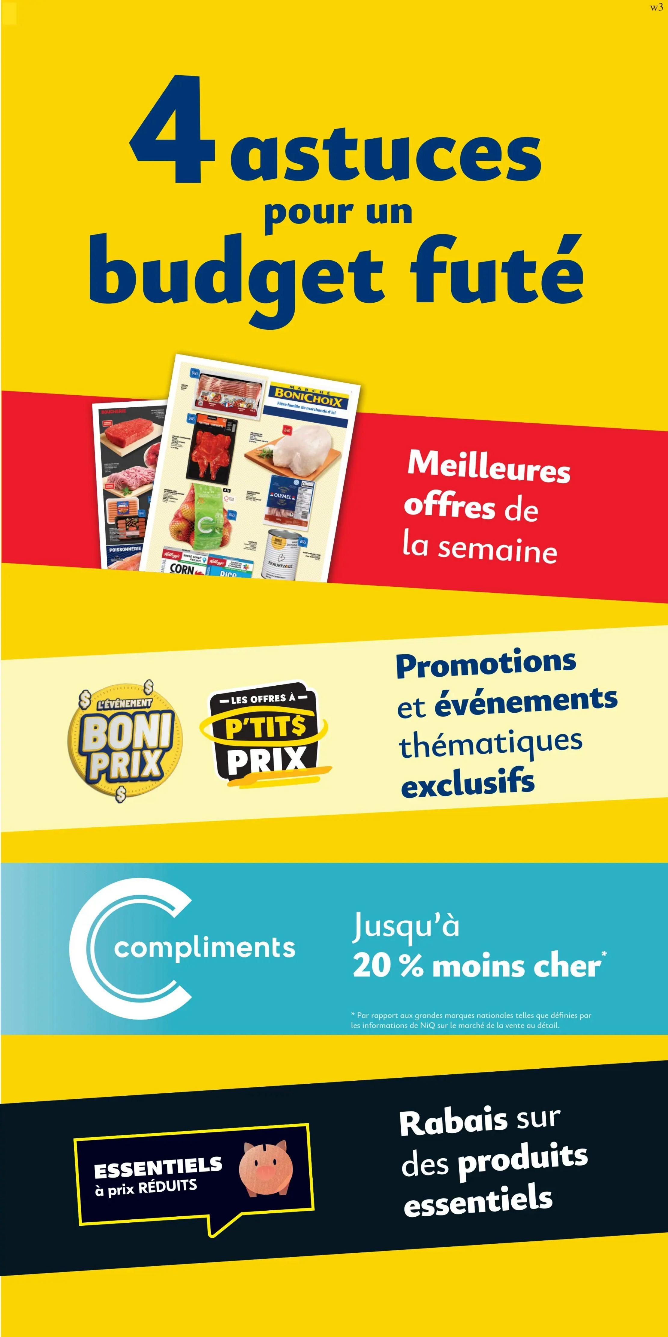 Marché Bonichoix flyer page 7 features '4 tips for a smart budget' and 'Best offers of the week'. It highlights 'Boni Prix' and 'P'tits Prix' deals. The page also promotes 'Compliments' with savings up to 20% less, and 'Discounts on essential products' with a piggy bank graphic. Featured products include meat cuts, a whole chicken, corn, and rice.