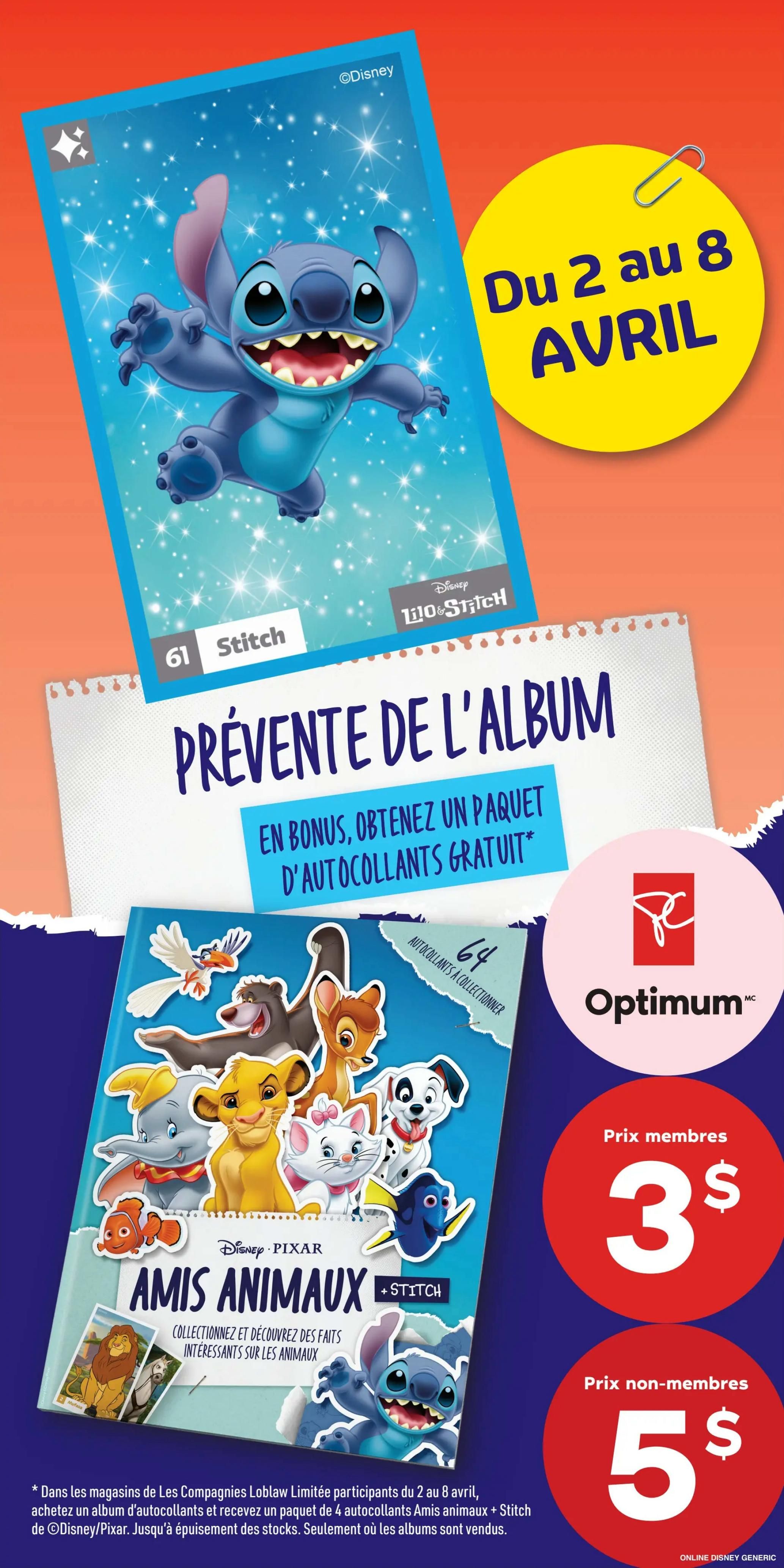 Maxi flyer page 3 features a promotion for Disney Pixar Amis Animaux + Stitch collectible album and stickers. The promotion runs from April 2nd to April 8th. A Stitch sticker is featured prominently. The album 'Amis Animaux' features characters like Simba, Bambi, Dumbo, Marie, and others. Customers can get a free pack of 4 Amis Animaux + Stitch stickers when they purchase the album. The Optimum points offer shows members pay $3 for the album and non-members pay $5. The offer is valid at participating Loblaw banner stores while supplies last.