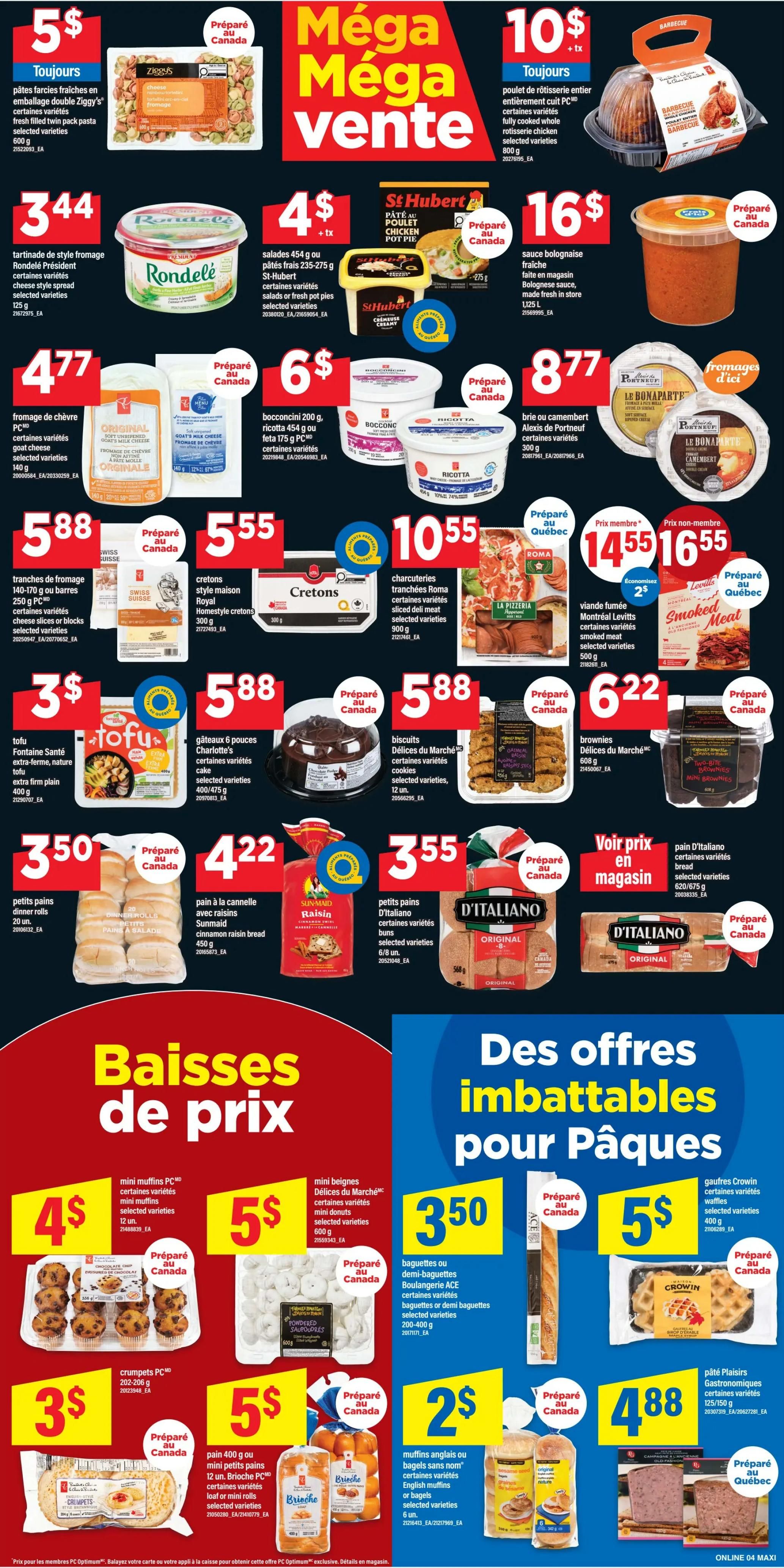 Maxi Weekly Flyer Specials Page 7 features a Mega Mega Sale with various products. Highlights include Ziggy's fresh pasta for $5, Rondelé spreadable cheese for $3.44, St-Hubert chicken pot pie for $4, and Bolognese sauce for $16. Also featured are goat cheese for $4.77, Bocconcini and ricotta cheese for $6, and Alexis de Portneuf brie or camembert for $8.77. Other deals include 140-170g cheese slices for $5.88, Homestyle cretons for $5.55, Roma charcuterie for $10.55, and Levitts smoked meat for $14.55 (member price) or $16.55 (non-member price). Bakery items on sale are Tofu for $3, Charlotte's 6-pack cakes for $5.88, Delices du Marché cookies for $6.22, 20-pack dinner rolls for $3.50, Sunmaid raisin bread for $4.22, and D'Italiano buns for $3.55. The flyer also promotes 'Price Reductions' with PC mini muffins for $4, Delices du Marché mini donuts for $5, PC crumpets for $3, and PC brioche or loaf bread for $5. Additionally, ACE bakery baguettes or demi-baguettes are $3.50, Crowin waffles are $5, and English muffins or bagels are $2. Finally, Gastronomiques pâté plaisirs are $4.88.