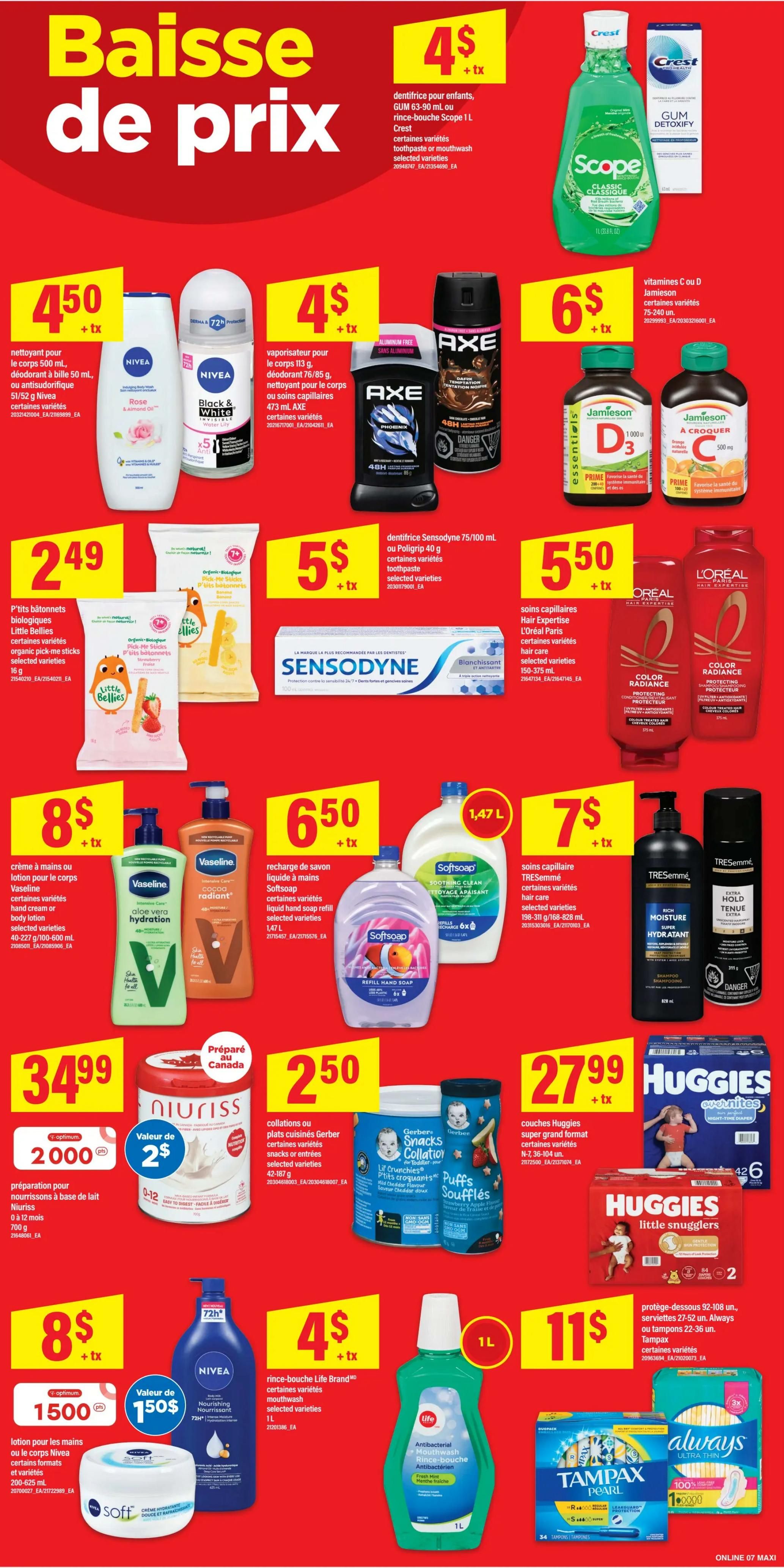 Maxi Weekly Flyer Specials Page 11 features a 'Baisse de prix' (Price Drop) section. Deals include Nivea body wash for $4.50, Nivea deodorants for $4, and Axe body spray for $4. Crest Scope mouthwash is $4. Jamieson vitamins C or D are $6. Little Bellies organic pick-me-sticks are $2.49. Sensodyne toothpaste is $5. L'Oréal hair care products are $5.50. Vaseline hand cream or body lotion is $8. Softsoap liquid hand soap refill is $6.50. TRESemmé hair care is $7. Niourriss baby formula is $34.99, with a value of $2 for a 700g container. Gerber snacks or meals are $2.50. Huggies super jumbo diapers are $27.99. Life Brand mouthwash is $4. Tampax Pearl tampons are $11, and Always Ultra Thin pads are also $11.
