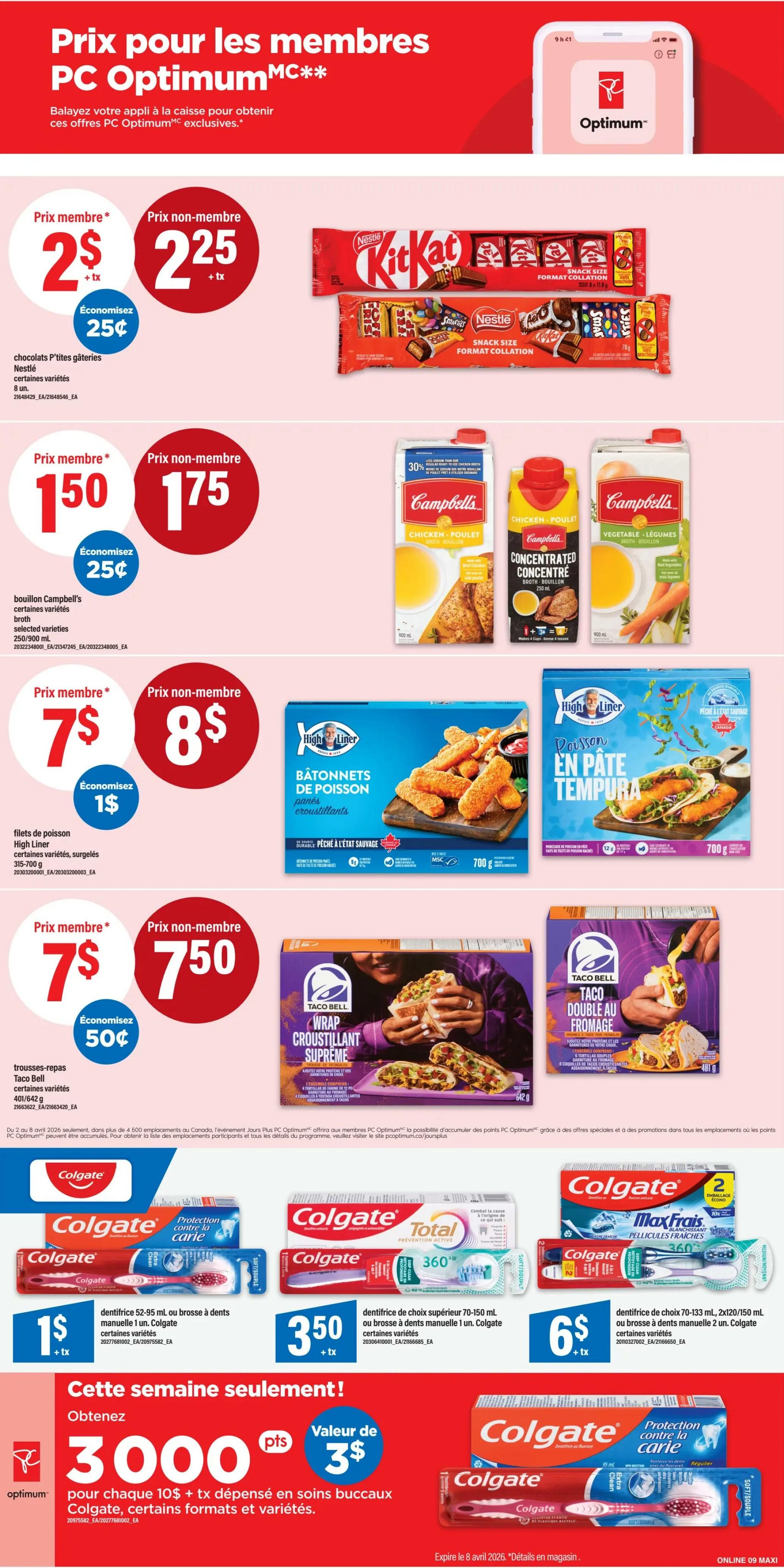 Maxi weekly flyer specials page 12 features exclusive PC Optimum member prices. Get Nestlé Kit Kat snack size chocolates for $2 with a $0.25 saving. Campbell's broth is $1.50 for members, non-members pay $1.75, saving $0.25. High Liner fish fillets are $7 for members, non-members pay $8, saving $1. High Liner fish sticks are featured, as well as High Liner tempura fish. Taco Bell Supreme Wraps are $7 for members, non-members pay $7.50, saving $0.50. Taco Bell Double Cheese Tacos are also shown. Colgate toothbrushes and toothpaste are on sale: a Colgate toothbrush is $1 with 1 unit, Colgate 360 Total Advanced toothbrush is $3.50 for 1 unit, and a 2-pack of Colgate Max Fresh toothbrushes is $6. Spend $10 on Colgate oral care products and get 3000 PC Optimum points, valued at $3.