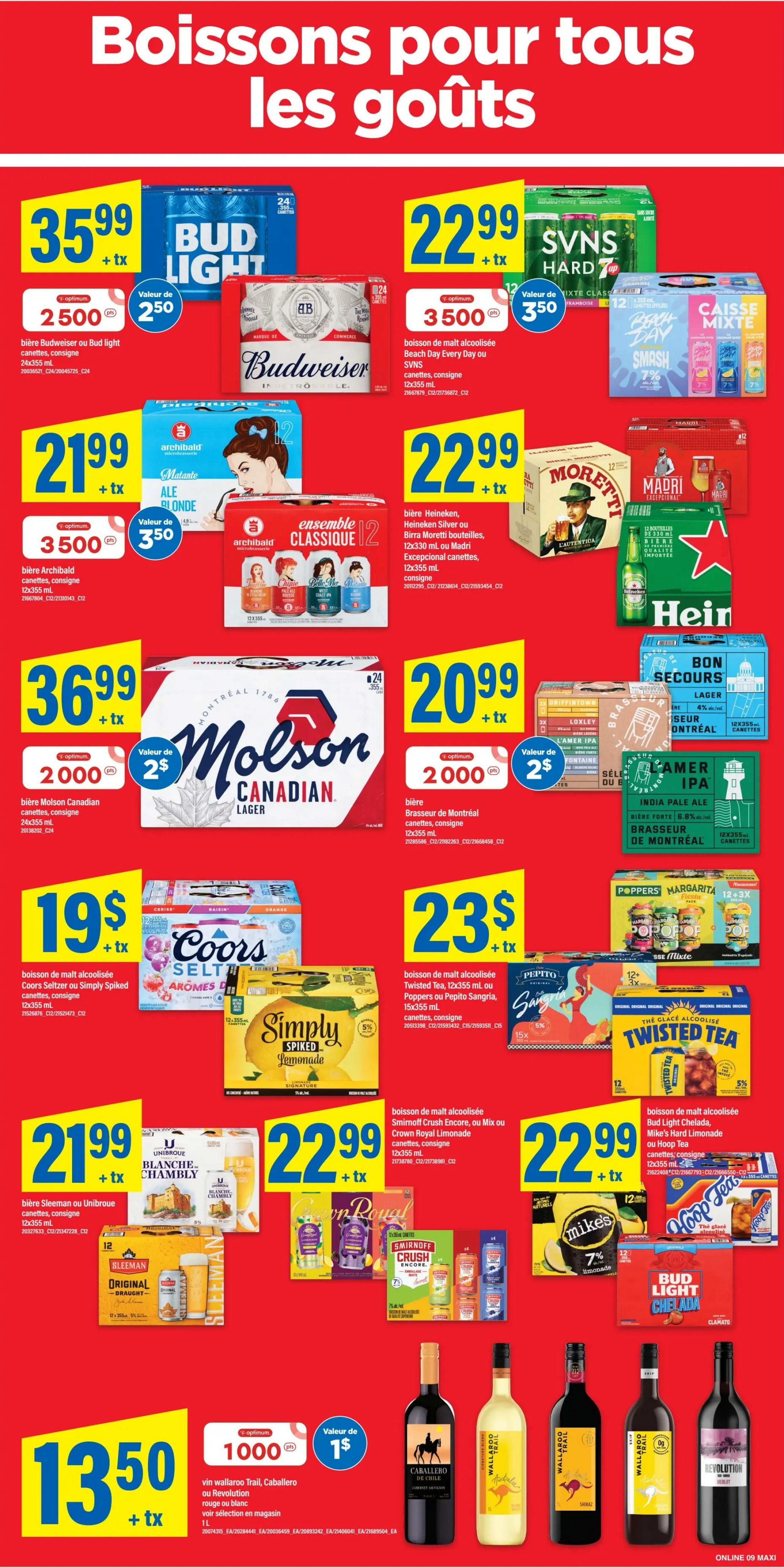 Maxi weekly flyer specials page 13 featuring a variety of beverages. Offers include Bud Light or Budweiser beer for $35.99, SVNS Hard Iced Tea or Beach Day Every Day malt beverage for $22.99, Archibald blonde ale for $21.99, and a variety pack of 12 Heineken, Silver, or Birra Moretti bottles for $22.99. Also featured are Molson Canadian Lager for $36.99, Brasseur de Montréal craft beers including India Pale Ale for $20.99, Coors Seltzer or Simply Spiked Lemonade for $19.00, Twisted Tea or Poppers or Pepito Sangria malt beverage for $23.00, Sleeman or Unibroue Blanche Chambly beer for $21.99, Smirnoff Crush Encore, Mix or Crown Royal Lemonade malt beverage for $22.99, and Bud Light Chelada, Mike's Hard Lemonade or Hoop Tea for $22.99. The flyer also promotes Wallaroo Trail, Caballero, or Revolution wine for $13.50.