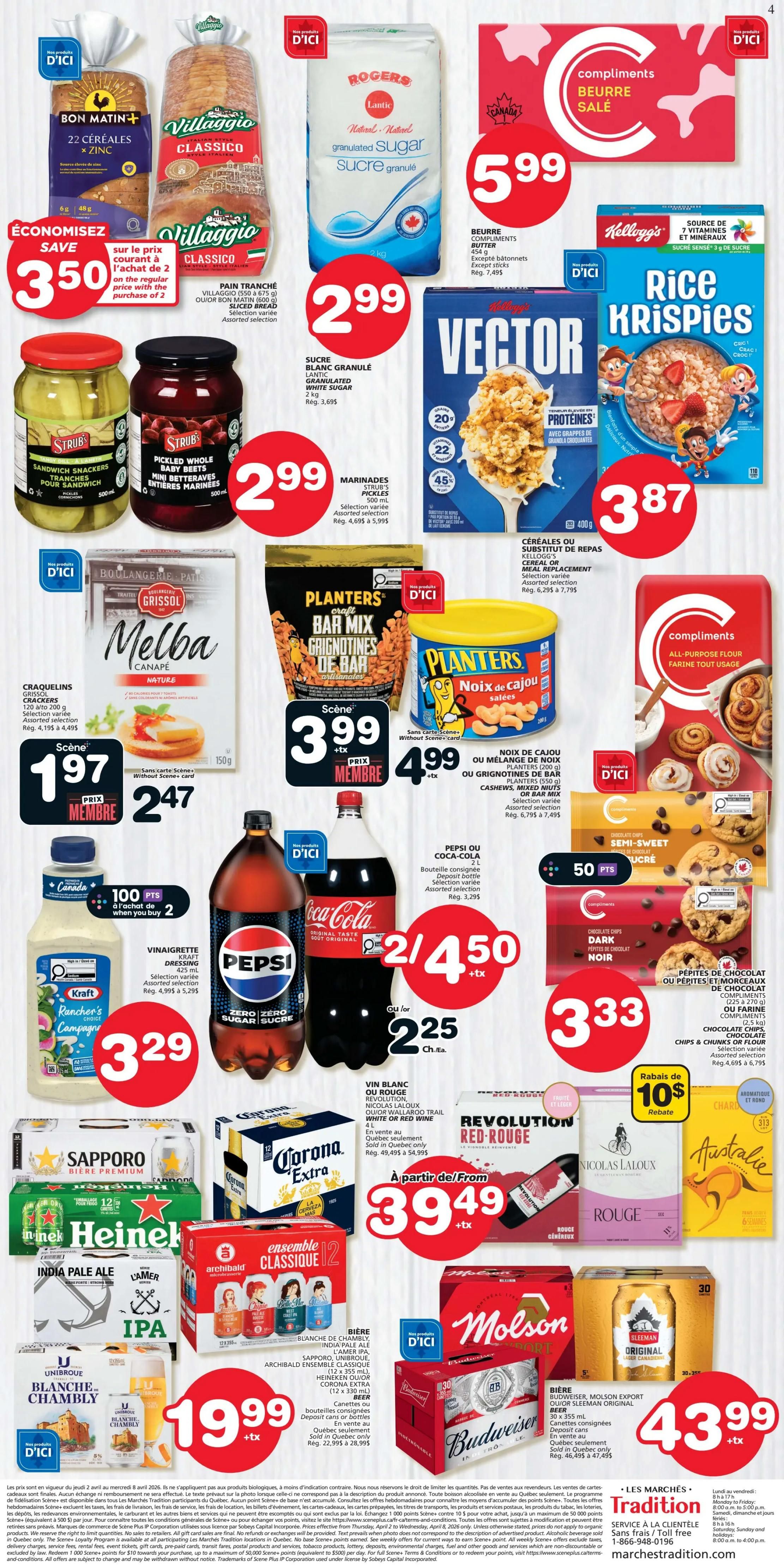 Marchés Tradition weekly flyer specials, page 2. Featured items include Bon Matin+ 22 Cereals & Zinc for $3.50 when you buy 2, Villaggio Classico sliced bread for $2.99, Rogers Lantic granulated white sugar 2 kg for $2.99, Compliments salted butter for $5.99, Kellogg's Rice Krispies cereal for $3.87. Also on sale are Strub's pickles and marinated baby beets for $2.99 each, Grissol Melba Nature crackers for $1.97 (Scene+ price) or $2.47 (regular price), Planters Bar Mix Grignotines de Bar artisanal for $3.99 (Scene+ price) plus tax, and Planters salted cashews or mixed nuts for $4.99 (Scene+ price) plus tax. Beverages include Kraft Rancher's Choice Campaigne vinaigrette for $3.29, Pepsi or Coca-Cola 2 L bottles for $2/4.50, and a selection of beers including Sapporo, Heineken, Corona Extra, Archibald Blanche Chambly, Molson Export, and Budweiser for $19.99 for a 12-pack of selected beers, and Sleeman Original beer for $43.99 for a 24-pack. Also featured is Compliments semi-sweet chocolate chips for $3.33, and Nicolas Laloux white or red wine for $39.49. A $10 rebate is available on Revolution Red-Rouge wine.