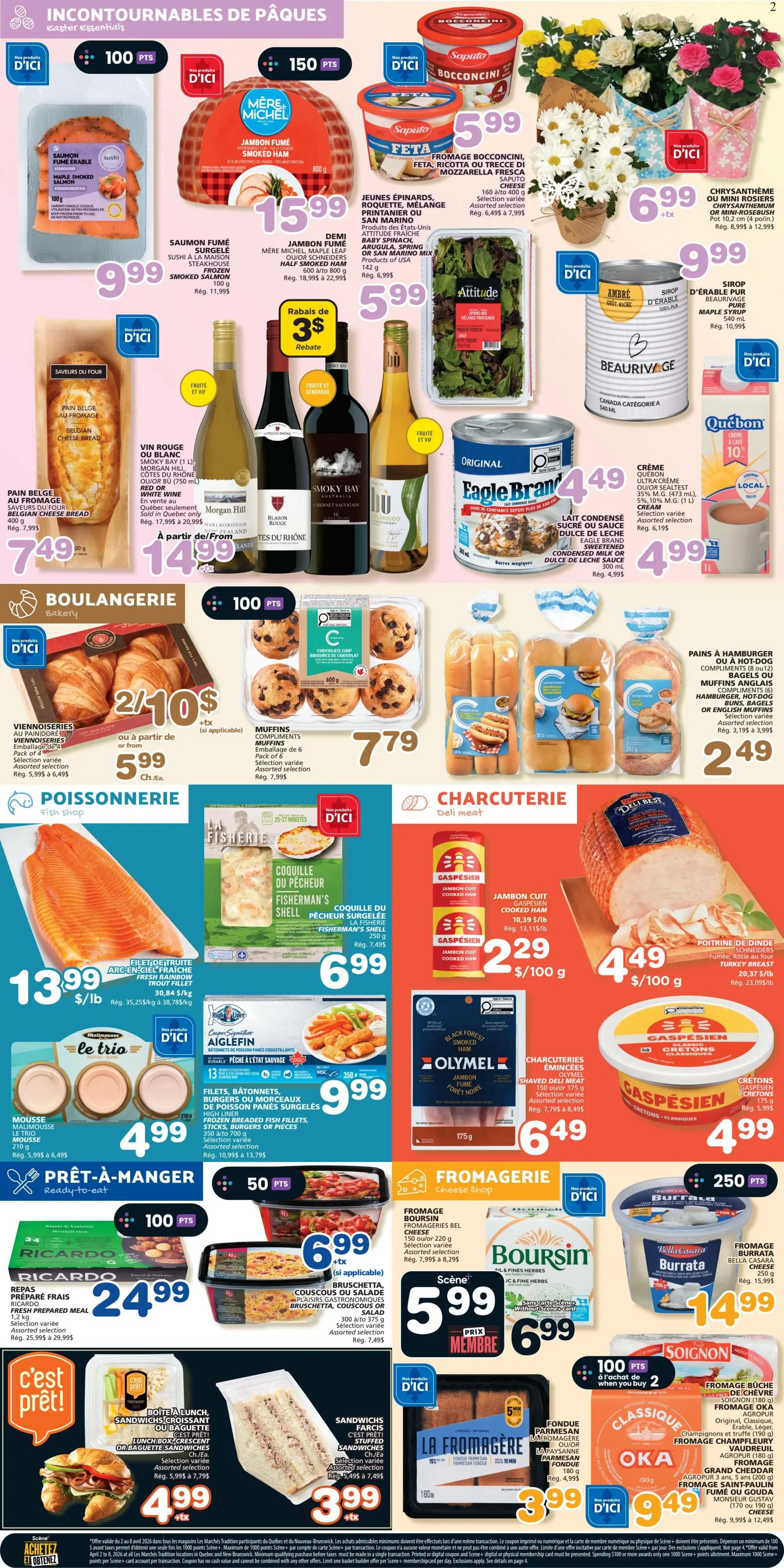 Marchés Tradition weekly flyer specials, page 3. Featured Easter essentials include Maple Smoked Salmon for $9.99, Mère Michel Smoked Ham for $15.99, and Saputo Bocconcini and Feta cheeses for $5.99 each. Also available are Attitude salad mixes for $5.99, Chrysanthemum or mini-rosebush plants for $6.99, and BeauRivage Maple Syrup for $9.99. Bakery items include Viennoiseries for 2 for $10 or $5.99 each, and Compliments Muffins for $7.79. Fish shop offers include Fisherman's Shell for $6.99 and frozen breaded fish fillets for $9.99. Ready-to-eat section features Le Trio Mousse for $4.99 and Ricardo Fresh Prepared Meal for $24.99. Deli meat includes Gaspésien Cooked Ham for $2.29/100g and Olymel Smoked Ham for $6.49. Cheese shop highlights include Boursin cheese for $6.99, Bruschetta, Couscous or Salad for $5.99, and Burrata cheese for $14.99. Also featured are Classique Oka cheese for $9.49 and Fromage Saint-Paulin for $9.49. Bakery section includes Assorted Muffins for $7.79, Hamburger or Hot Dog Buns for $2.49, and Sandwiches for $3.99.
