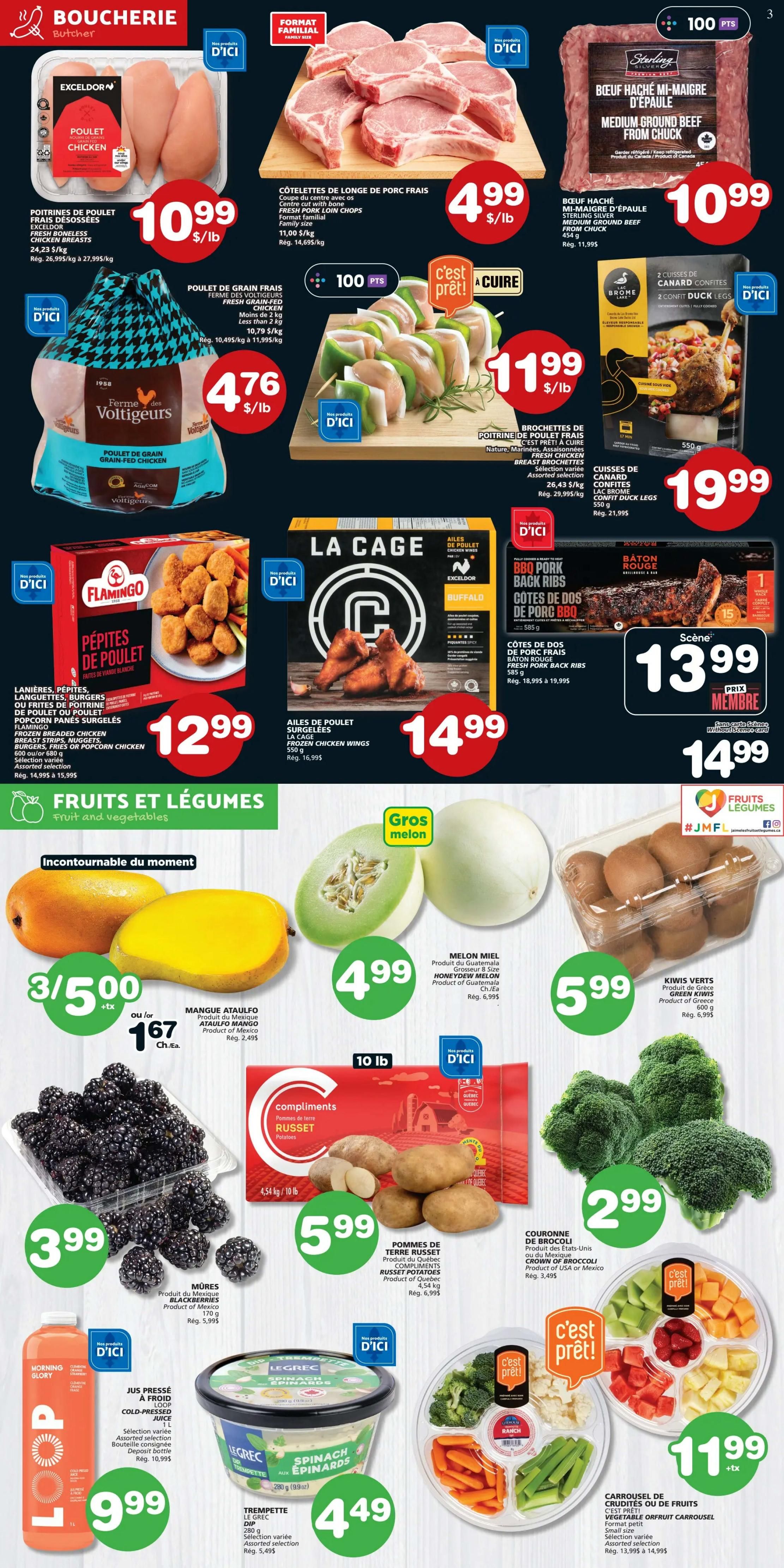 Marchés Tradition weekly flyer specials, page 4. Butcher section features Fresh Boneless Chicken Breasts for $10.99/lb, Fresh Grain-Fed Chicken for $4.76/lb, Family Size Fresh Pork Loin Chops for $4.99/lb, and Sterling Medium Ground Beef from Chuck for $10.99. Also available are Assorted Flamingo Frozen Breaded Chicken Bites or Popcorn Chicken for $12.99, and La Cage Frozen Chicken Wings for $14.99. Confit Duck Legs are $19.99 and Fresh Pork BBQ Back Ribs are $13.99. The Fruits and Vegetables section includes HoneyDew Melon for $4.99 each, Ataulfo Mangoes for 3 for $5.00 or $1.67 each, Blackberries for $3.99, 10 lb Russet Potatoes for $5.99, Green Kiwis for $5.99, Broccoli Crowns for $2.99, and Le Grec Spinach Dip for $4.49. Morning Glory Cold-Pressed Juice is $9.99. A Vegetable Fruit Carousel is available for $11.99.