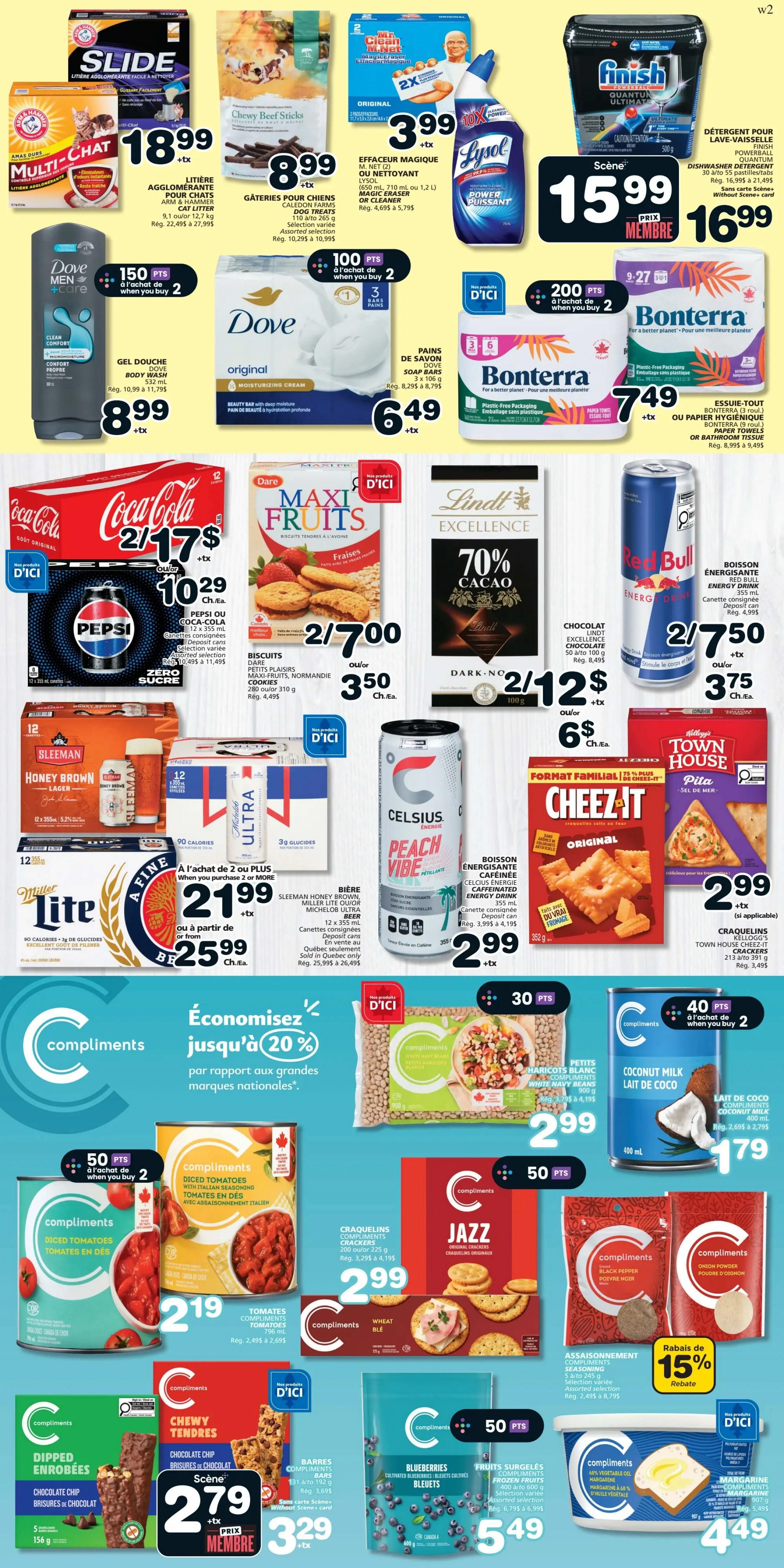 Marchés Tradition weekly flyer specials, page 6. Featured products include Multi-Chat clumping cat litter for $18.99, Calico Farms dog treats for $8.99, Lysol disinfectant spray or cleaner for $3.99, and Finish Quantum dishwasher detergent for $15.99. Dove Men+Care body wash is $8.99, and Dove original moisturizing cream soap bars are $6.49. Bonterra paper towels or bathroom tissue is $7.49. Coca-Cola and Pepsi products are 2 for $17 or $10.29 each. Dare Maxi Fruits cookies are 2 for $7 or $3.50 each. Lindt Excellence 70% Cacao dark chocolate is 2 for $12 or $6 each. Red Bull energy drink is 2 for $7.50 or $3.75 each. Celsius Caffeinated energy drink is $2.99. Sleeman Honey Brown lager, Michelob Ultra, or Miller Lite beer are 2 for $21.99 when you buy 2 or more, or $25.99 from or from the carton. Town House Cheez-It crackers are $2.99. Compliments white navy beans are $2.99. Compliments diced tomatoes are $2.19. Compliments Jazz original crackers are $2.99. Compliments coconut milk is $1.79. Compliments chocolate chip dipped enrobées are $2.79. Compliments chocolate chip chewy tendres bars are $3.29. Compliments blueberries are $5.49. Compliments seasoning has a 15% rebate. Compliments margarine is $4.49.