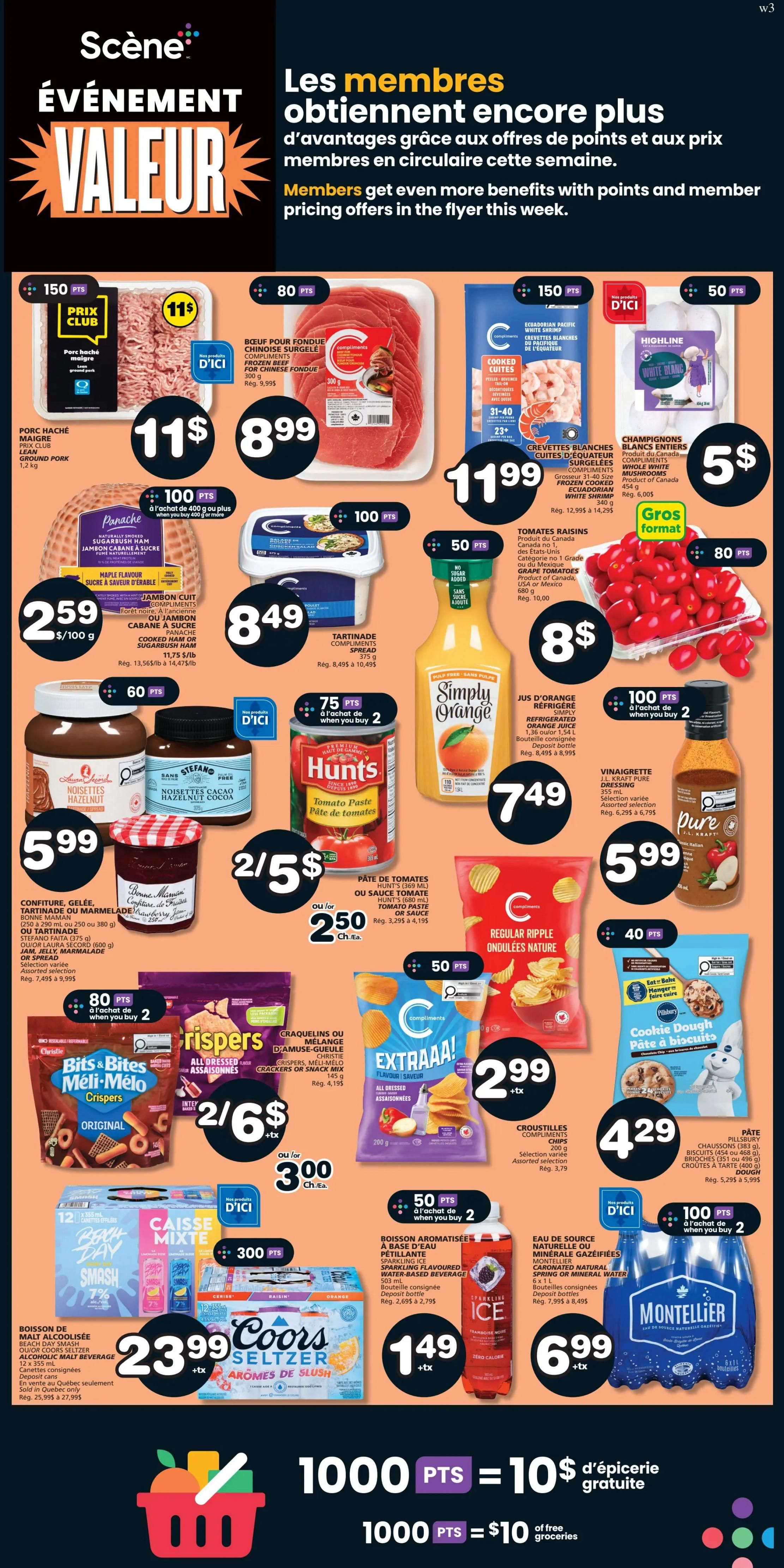 Marchés Tradition flyer page 7 features a 'Value Event' with member benefits. Deals include lean ground pork for $11.899, frozen beef for Chinese fondue at $11.899, and cooked white shrimp for $11.99. Highline whole white mushrooms are $5. Panache maple flavour cooked or sugar bush ham is $2.59/lb. Compliments spread is $8.49. Simply Orange juice is $7.49. Compliments jam, jelly, or marmalade is $5.99. Stefano hazelnut cocoa spread is $5.99. Hunt's tomato paste or sauce is 2 for $5 or $2.50 each. J.L. Kraft pure dressing is $5.99. Christie Bits & Bites Meli-Melo Crispers are 2 for $6 or $3.00 each. Compliments Extraaa! all dressed crispers or snack mix is $2.99. Pillsbury cookie dough is $4.29. Coors Seltzer Beach Day Smash or Arômes de Slush is $23.99. Compliments sparkling flavoured water-based beverage is $1.49. Montellier natural spring or mineral water 6x1L is $6.99. The bottom of the page highlights a promotion: 1000 points equals $10 of free groceries.