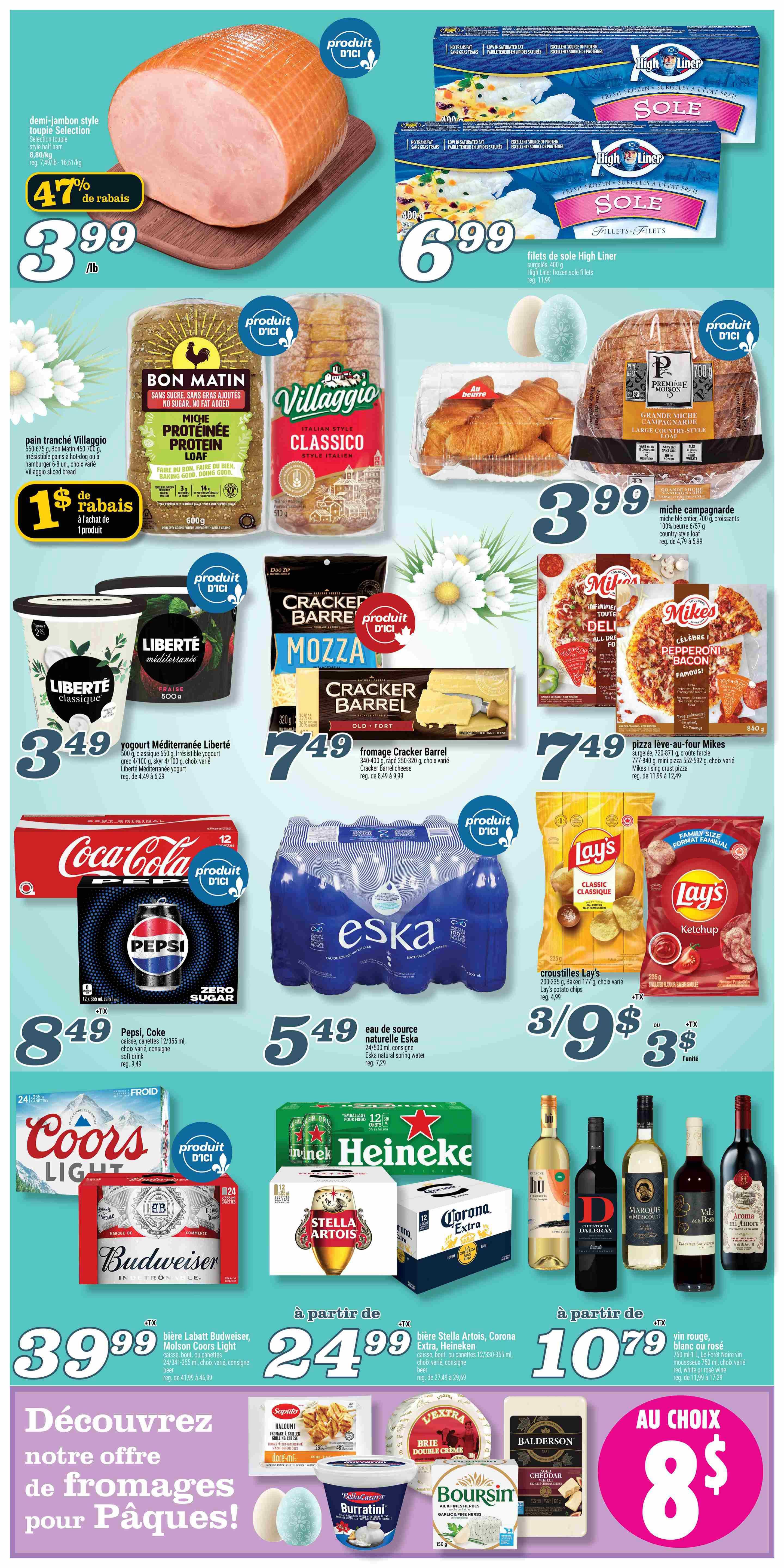Marché Richelieu weekly flyer specials page 2 features a large demi-ham style coupled selection for $3.99/lb with 47% off. High Liner Sole fillets are $6.99 for 400g. Bon Matin sliced bread is $1 off with purchase. Villaggio Classico Italian style bread is $3.99. Country-style croissants are $3.99 for 6/57g. Liberté Mediterranean yogurt is $3.49 for 500g. Cracker Barrel Mozza and Old Fort cheese blocks are $7.49 each. Mike's Pepperoni Bacon pizza is $7.49. Pepsi and Coke 12x355ml cans are $8.49. Eska natural spring water 24x500ml is $5.49. Lay's chips are 3 for $9. Coors Light 24x355ml cans are $39.99. Labatt Budweiser, Molson Coors Light 24x355ml cans are $39.99. Stella Artois, Corona Extra, Heineken 12x355ml cans are $24.99. Red, white, or rosé wine is $10.79 for 750ml. The flyer also highlights a 'Discover our Easter cheese offer' with various cheeses including Burratini, Boursin, and Balderson cheddar for $8 each.