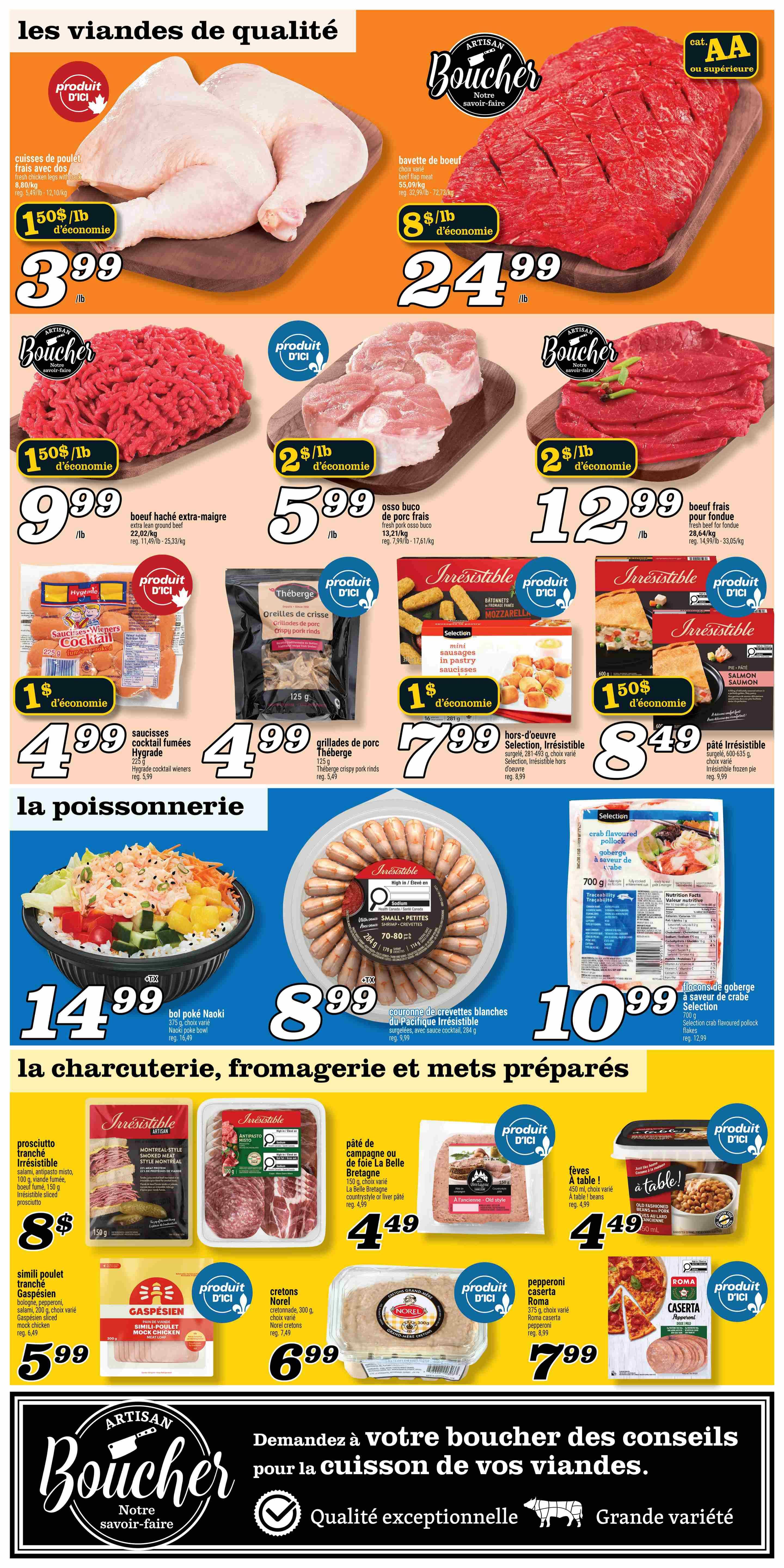 Marché Richelieu flyer page 3 features quality meats and seafood. Top section showcases fresh chicken legs at $3.99/lb, beef flank steak at $24.99/lb, extra lean ground beef at $9.99/lb, fresh pork osso buco at $5.99/lb, and fresh beef for fondue at $12.99/lb. Also featured are Hygrade cocktail wieners for $4.99, Thèberge crispy pork rinds for $4.99, Irresistible mini pastry sausages for $7.99, and Irresistible frozen pie for $8.49. The seafood section highlights Naoki poke bowls for $14.99 and Irresistible Pacific shrimp rings for $8.99. The charcuterie, cheese, and prepared meals section includes Irresistible sliced prosciutto for $8, Irresistible Montreal-style smoked meat for $5.99, La Belle Bretagne country pâté for $4.49, and à table! baked beans for $4.49. Additionally, Norel cretons are $6.99 and Caserta pepperoni is $7.99. The bottom of the page promotes Artisan Boucher's advice for cooking meats, emphasizing exceptional quality and great variety.