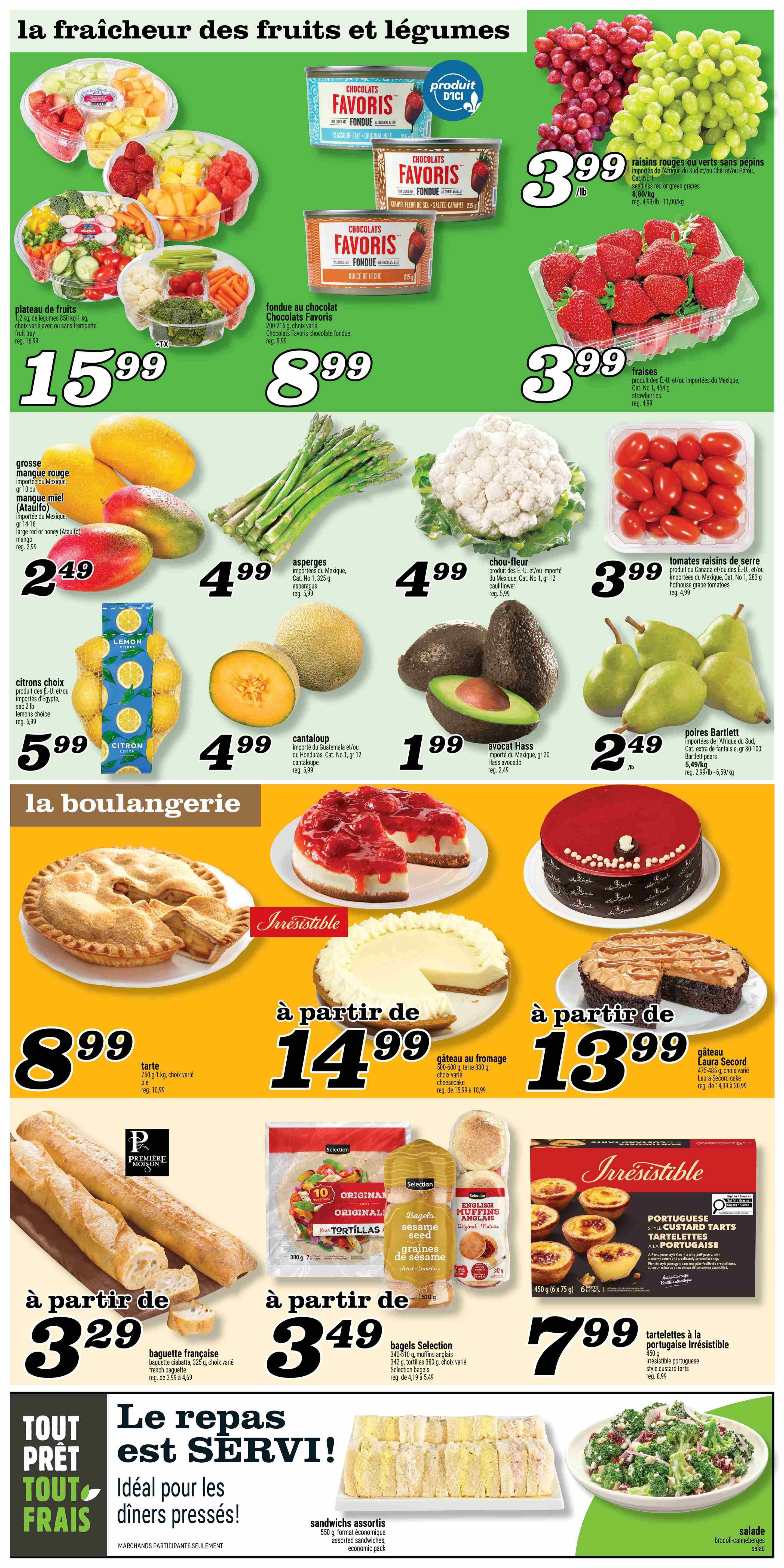 Marché Richelieu weekly flyer specials page 4. Fresh produce includes a fruit platter for $15.99, Favoris chocolate fondue for $8.99, red and green seedless grapes for $3.99/lb, strawberries for $3.99, large red mangoes and honey mangoes for $2.49, asparagus for $4.99, cauliflower for $4.99, Hass avocados for $1.99, and Bartlett pears for $2.49/lb. Also featured are lemons for $5.99 and cantaloup for $4.99. Bakery items include a pie for $8.99, cheesecake starting at $14.99, and Laura Secord chocolate cake starting at $13.99. Additional bakery and deli items include French baguettes starting at $3.29, Selection brand tortillas, sesame seed bagels, and English muffins for $3.49, assorted sandwiches for $7.99, and Irresistible Portuguese style custard tarts for $7.99. A broccoli and red onion salad is also shown.