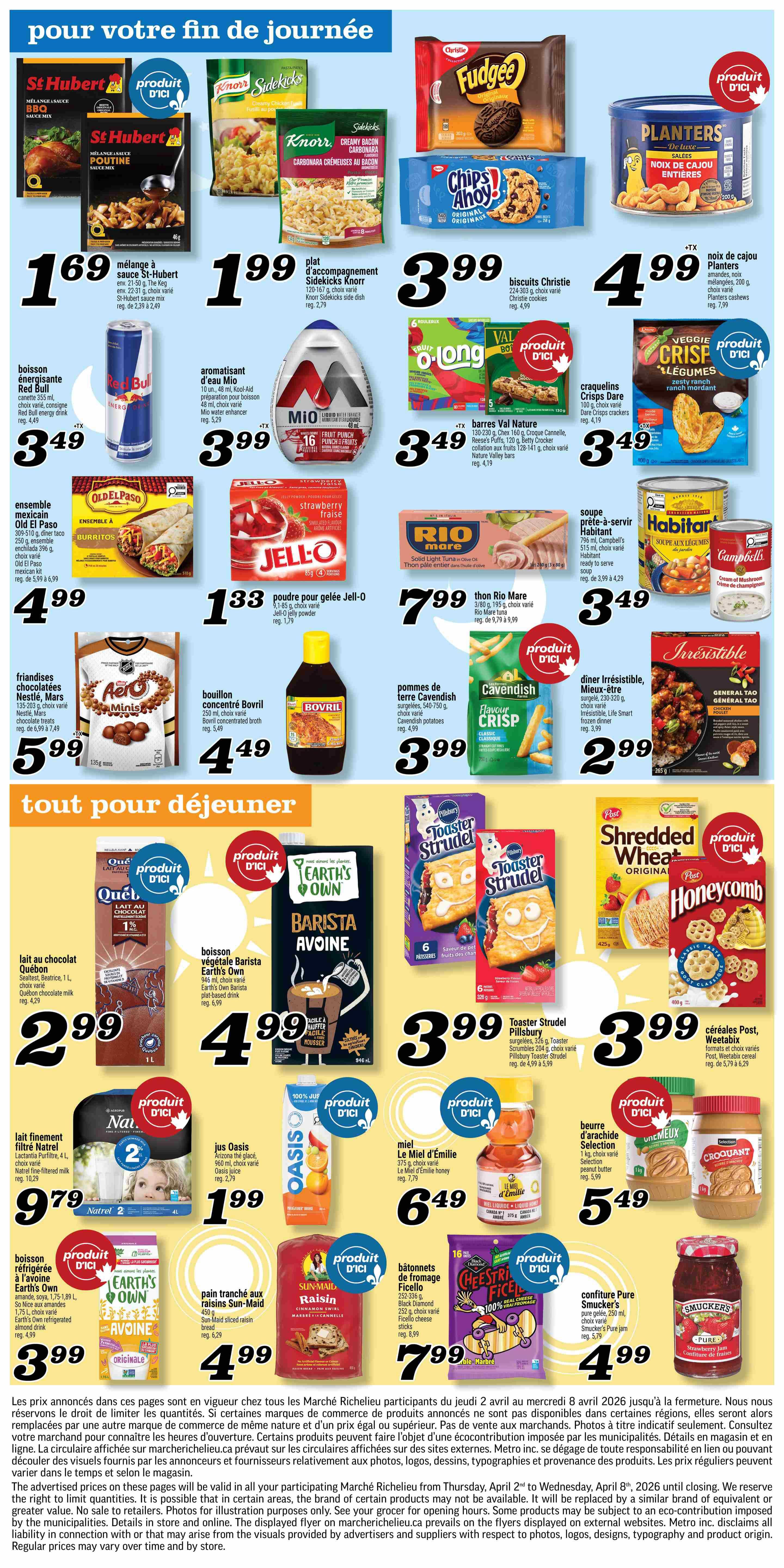 Marché Richelieu weekly flyer specials, page 6. Top section features 'Pour votre fin de journée' (For your end of day). Products include St-Hubert BBQ sauce mix for $1.69, Knorr Sidekicks creamy bacon carbonara side dish for $1.99, Christie Fudgee cookies for $3.99, and Planters salted cashews for $4.99. Also available are Red Bull energy drink for $3.49, Mio flavour enhancer for $3.99, Val Nature bars for $3.49, and Dare crackers for $3.49. Old El Paso Mexican kits are $4.99, Jell-O powder is $1.33, Rio Mare tuna for $7.99, and Habitant split pea soup for $3.49. Nestlé Mars chocolate treats are $5.99, Bovril concentrated broth is $4.49, Cavendish crispy fries are $3.99, and Irresistible Smart Choice frozen dinner for $2.99. The bottom section is 'Tout pour déjeuner' (Everything for breakfast). Offers include Quebon chocolate milk for $2.99, Earth's Own Barista Oat drink for $4.99, Pillsbury Toaster Strudel pastries for $3.99, and Post Shredded Wheat Honeycomb cereal for $3.99. Natrel fine-filtered milk is $9.79, Oasis juice for $1.99, Le Miel d'Émilie honey for $6.49, Selection peanut butter for $5.49, Sun-Maid raisin bread for $4.99, Ficello cheese sticks for $7.99, and Smucker's Pure strawberry jam for $4.99.