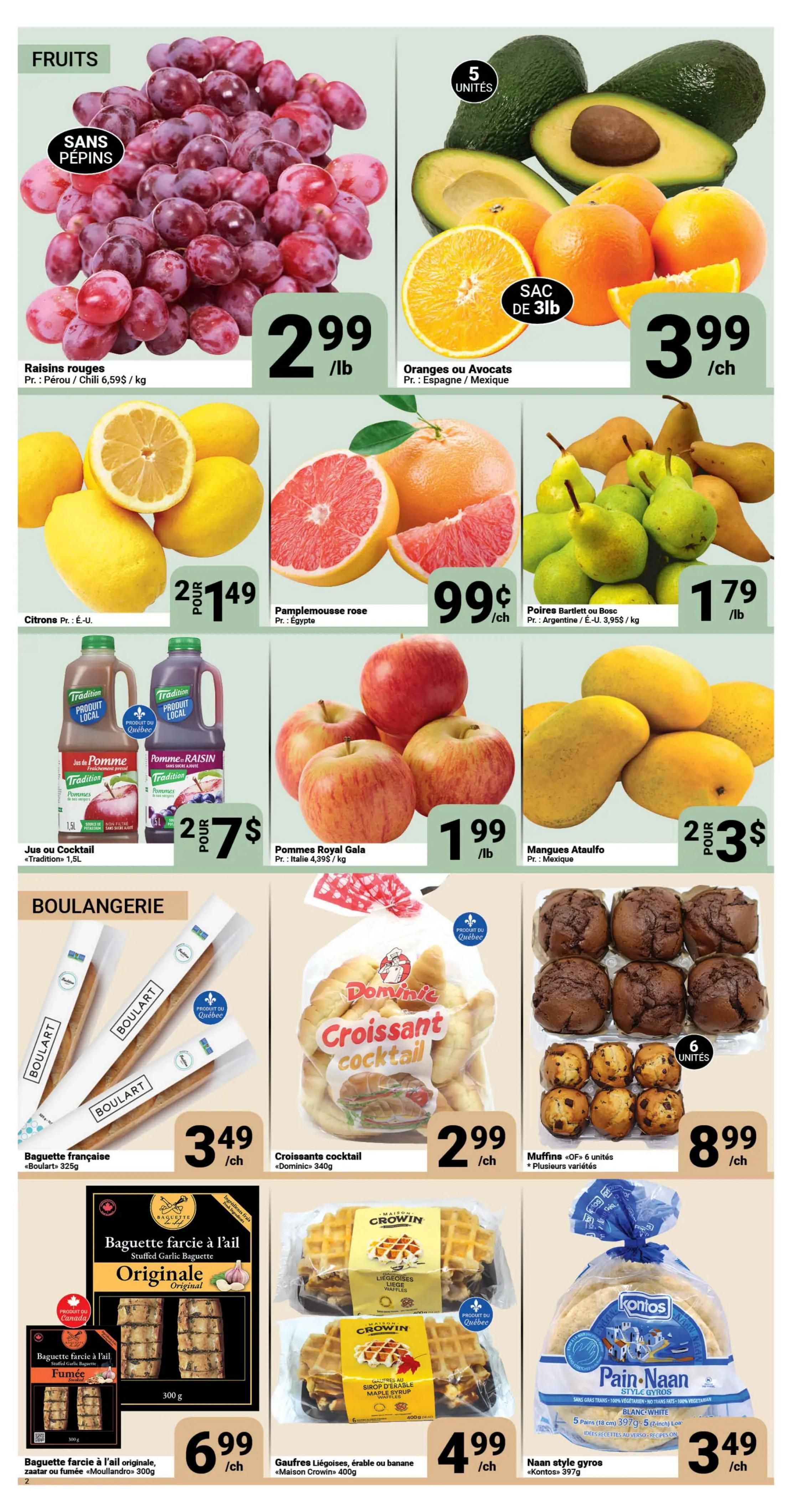 Pasquier Weekly Flyer Specials Page 2 features a variety of fruits and bakery items. Fruits on sale include seedless red grapes for $2.99/lb, oranges or avocados for $3.99 each, lemons for $2 for $1.49, pink grapefruit for $0.99 each, Bartlett or Bosc pears for $1.79/lb, Royal Gala apples for $1.99/lb, and Ataulfo mangoes for 2 for $3. Also available are Tradition brand juices or cocktails in 1.5L bottles, 2 for $7. Bakery items include Boulart French baguettes for $3.49 each, Dominic cocktail croissants for $2.99 each, stuffed garlic baguettes (original or smoked) from Moullandro for $6.99 each, Maison Crowin Liege waffles (plain or maple syrup) for $4.99 each, and Kontos Naan style gyros for $3.49 each.
