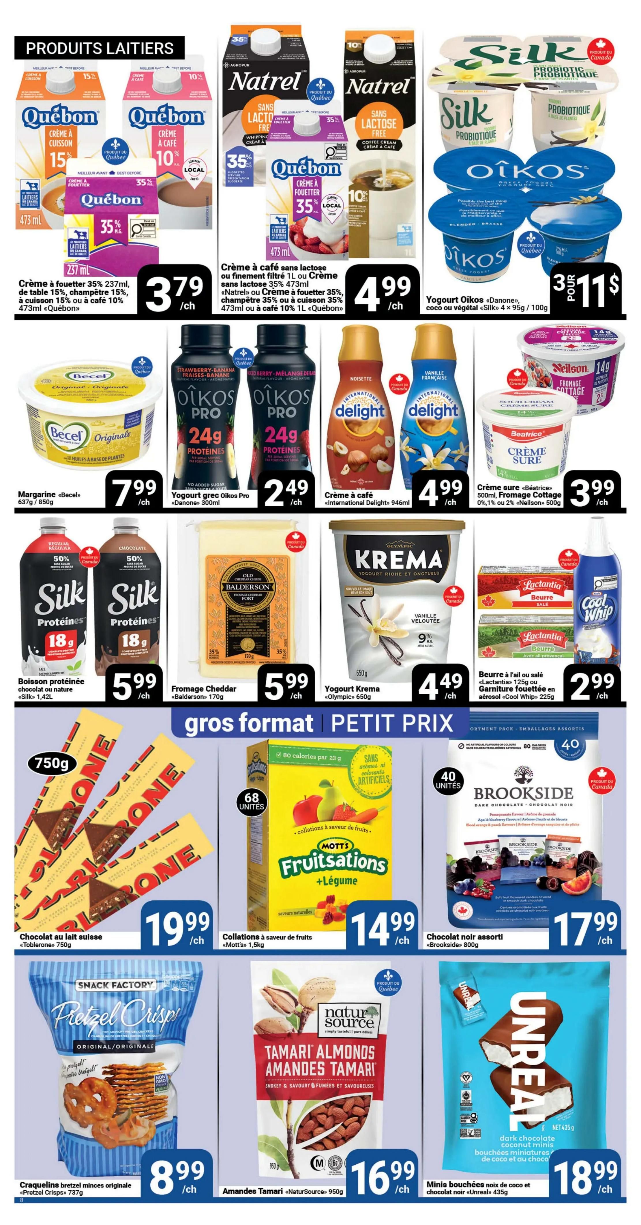 Pasquier flyer page 8 features dairy products and snacks. Highlights include Quebec cream products like 15% and 35% whipping cream at $3.79 for 237ml, and 35% local cream at $4.99 for 473ml. Natrel Lactose Free whipping cream and coffee cream are $4.99 for 1L. Silk probiotic yogurt and Oikos yogurt are 3 for $11. Becel Original margarine is $7.99 for 850g. Oikos Pro yogurt is $2.49 for 300ml. International Delight coffee creamers are $4.99 for 946ml. Beatrice Cream Sure cottage cheese is $3.99 for 500g. Silk protein drinks (chocolate or original) are $5.99 for 1.42L. Balderson Cheddar cheese is $5.99 for 170g. Olympic Krema yogurt is $4.49 for 650g. Lactantia butter and Cool Whip are $2.99. Toblerone chocolate bars are $19.99 for 750g. Mott's Fruitsations + Veggie snacks are $14.99 for 1.5kg. Brookside dark chocolate snack mix is $17.99 for 800g. Snack Factory Pretzel Crisps are $8.99 for 737g. NaturSource Tamari Almonds are $16.99 for 950g. Unreal dark chocolate coconut mini bites are $18.99 for 435g.