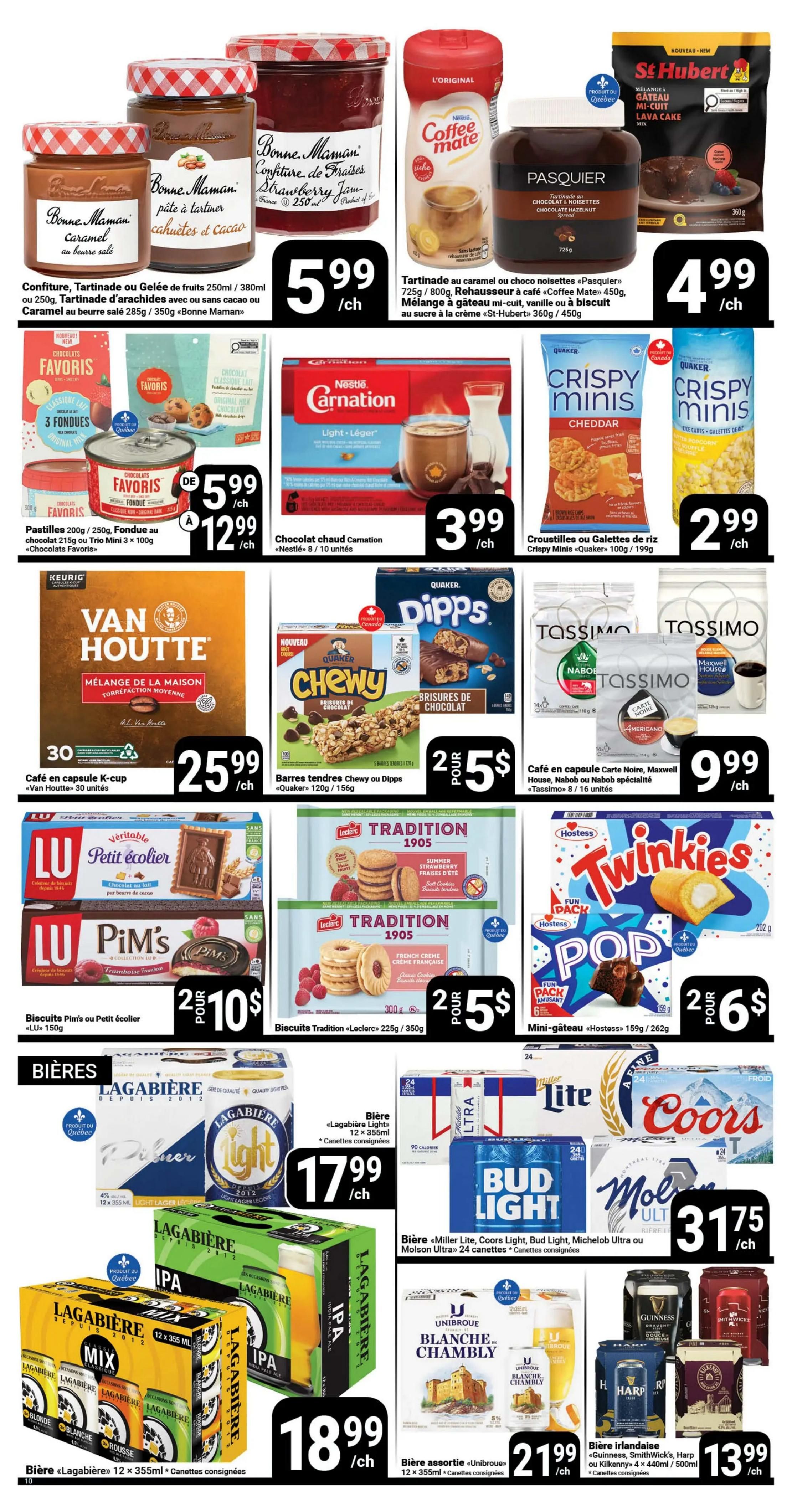Pasquier weekly flyer specials page 10 features Bonne Maman jams and spreads for $5.99, including caramel, peanut butter, and strawberry. Also on sale is Pasquier chocolate hazelnut spread for $4.99, and St-Hubert lava cake mix for $4.99. Nestlé Carnation hot chocolate is $3.99. Quaker Crispy Minis cheddar and rice cakes are $2.99. Van Houtte K-cup coffee pods are $25.99 for 30 pods. Quaker Chewy or Dipps granola bars are 2 for $5. Tassimo coffee pods from Maxwell House, Nabob, and Carte Noire are $9.99. Leclerc Tradition cookies, including strawberry and cream flavours, are 2 for $5. Hostess Twinkies and Pop Tarts are 2 for $6. Beer specials include Lagabière Pilsner and Light Lager for $17.99, Lagabière IPA and Mix packs for $18.99. Miller Lite, Coors Light, Bud Light, Michelob Ultra, and Molson Ultra 24-packs are $31.75. Unibroue Blanche de Chambly beer is $21.99 for a 12-pack. Irish beers like Guinness, Smithwick's, Harp, and Kilkenny are $13.99 for 4x500ml or 4x440ml.