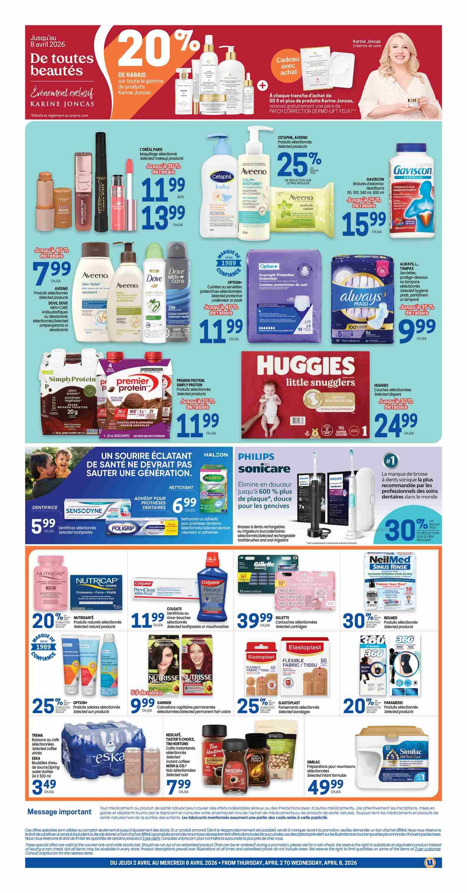 Uniprix flyer page 2 featuring a 20% off beauty event with Karine Joncas. Offers include L'Oréal Paris makeup selected, Cetaphil & Aveeno products at 25% off, and Gaviscon heartburn relief at 25% off. Also featured are Aveeno skin relief products, Dove Men+Care antiperspirants, and Dove Men+Care deodorants at 40% off. Always Maxi pads are 35% off. Premier Protein drinks are 25% off. Huggies Little Snugglers diapers are 30% off. Sensodyne, Poligrip, and Polident dental products are on sale, with selected toothpastes at $5.99 and dental adhesives/cleansers at $6.99. Philips Sonicare electric toothbrushes are 30% off. Nutricap hair growth supplements are 20% off. Garnier Nutrisse hair colour is 50% off. Elastoplast bandages are 25% off. Paramedic products are 20% off. Selected coffee drinks from Trema, Eska, Nescafé, Tim Hortons, and Nosh & Co. are $7.99. Similac infant formulas are $49.99. Colgate toothpastes or mouthwashes are $39.99. Gillette selected cartridges are on sale. NeilMed Sinus Rinse is featured. A message about special offers and rain checks is included at the bottom.