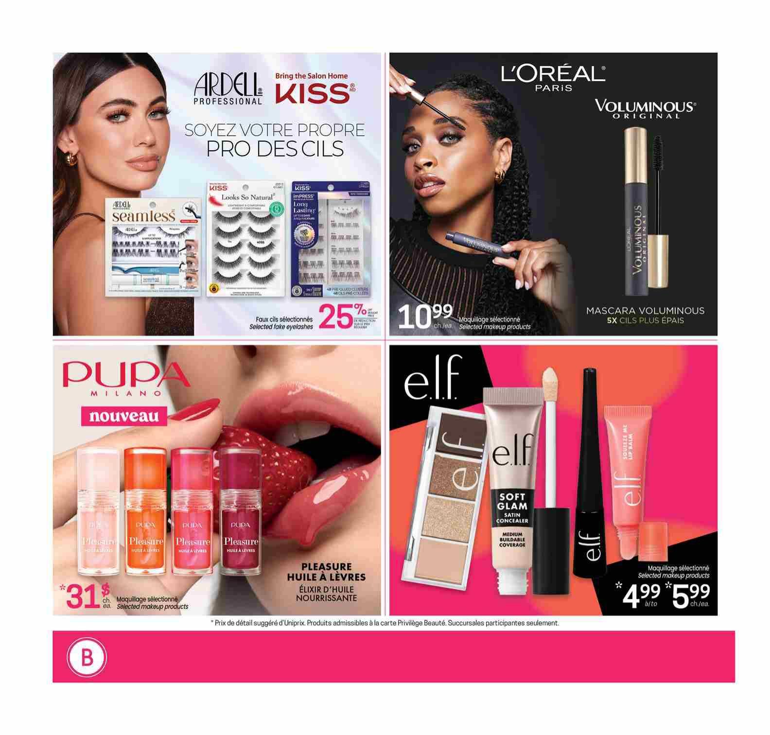 Uniprix weekly flyer specials page 9 features makeup promotions. Top left showcases Ardell Professional and KISS false eyelashes, with selected styles on sale for 25% off. The top right highlights L'Oréal Paris Voluminous Original mascara for $10.99. The bottom left features PUPA Milano Pleasure nourishing lip oil elixirs, with selected makeup products priced at $31 each. The bottom right displays a selection of e.l.f. makeup products, including Soft Glam Satin Concealer and lip balm, with selected items priced at $4.99 to $5.99 each.