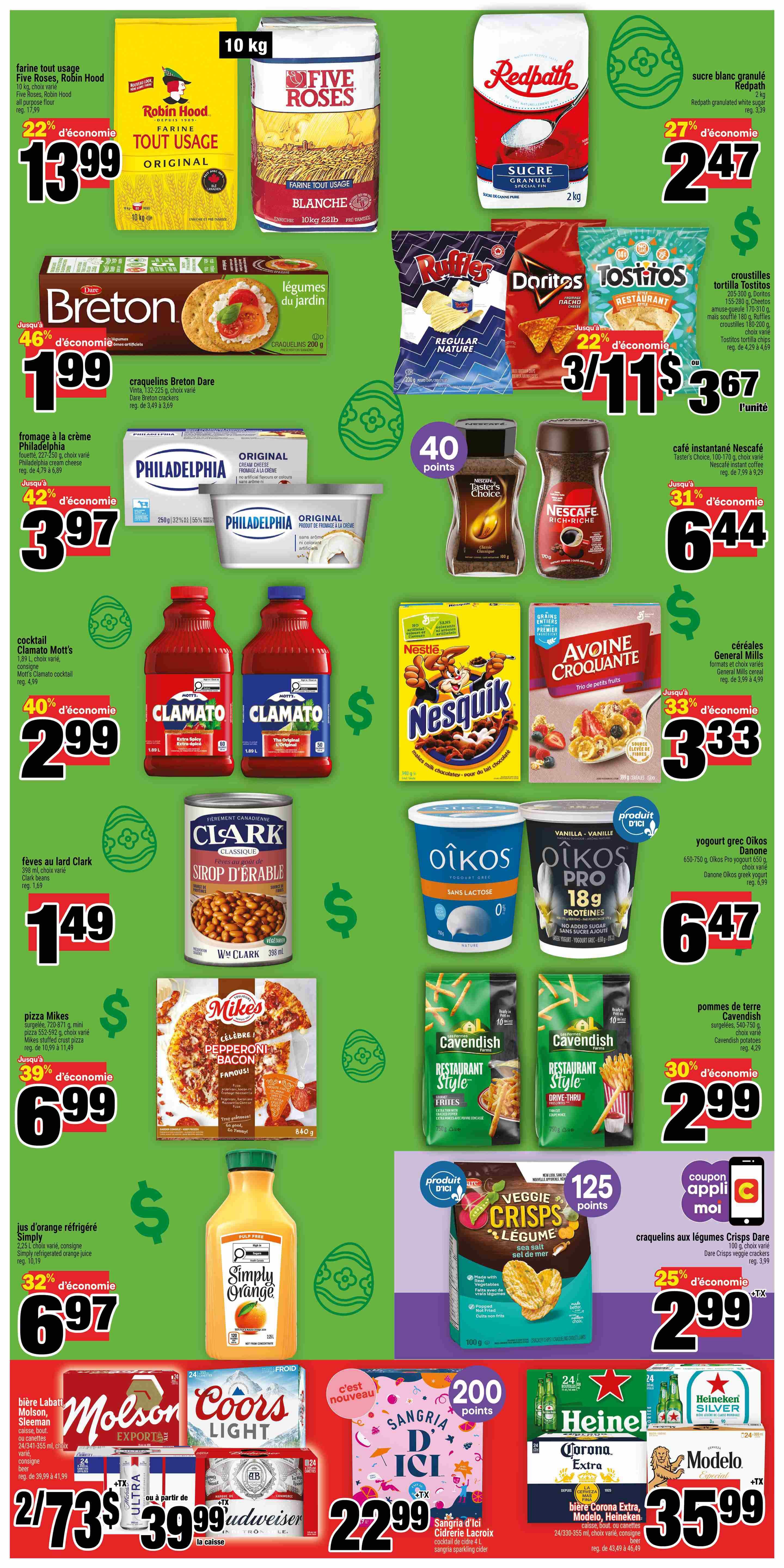 Super C weekly flyer specials page 3 features a variety of grocery items. Top row includes Five Roses all-purpose flour for $13.99 (22% off), Redpath granulated white sugar for $2.47 (27% off). Middle section showcases Breton crackers for $1.99 (46% off), Philadelphia cream cheese for $3.97 (42% off), Mott's Clamato cocktail for $2.99 (40% off), and Clark syrup for $1.49. Also featured are Ruffles, Doritos, and Tostitos chips for 3 for $11 or $3.67 each (22% off), and Nescafe instant coffee for $6.44 (31% off). General Mills cereals are on sale for $3.33 (33% off). Other items include Mike's pizza for $6.99 (39% off), Simply Orange juice for $6.97 (32% off), Oikos Greek yogurt for $6.47, and Cavendish fries for $2.99 (30% off). The bottom section displays Molson Canadian, Coors Light, and Budweiser beer for 2 for $73 or $39.99 per case, Sangria d'Ici cider for $22.99, and a selection of imported beers including Heineken, Corona Extra, and Modelo for $35.99. There are also Dare Veggie Crisps for $2.99 (25% off).