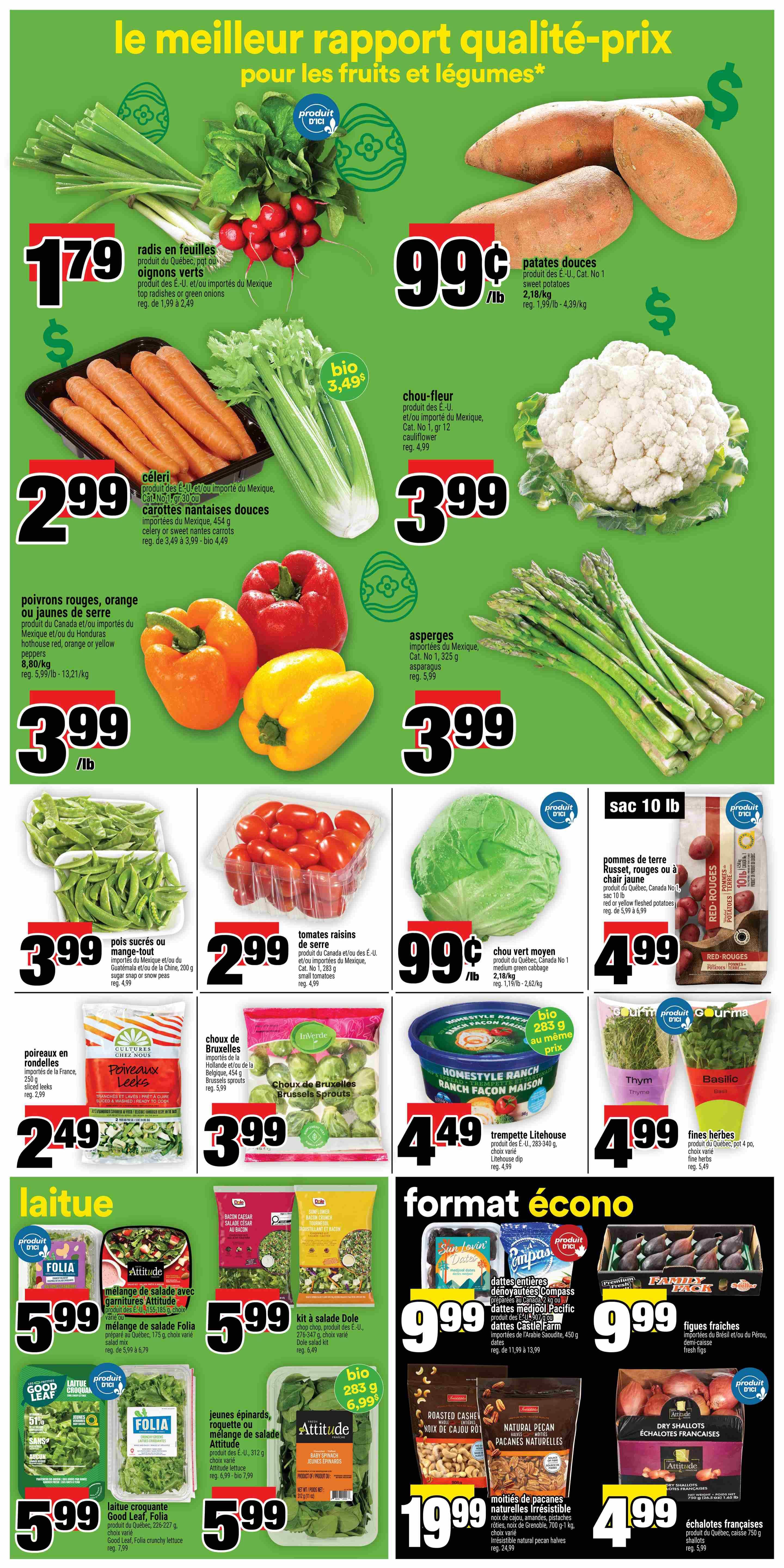 Super C weekly flyer specials page 6 featuring a wide variety of fresh fruits and vegetables. Top row includes radishes with tops for $1.79, sweet potatoes for $0.99/lb, and cauliflower for $3.99. Middle row showcases celery and sweet carrots for $2.99, red, orange, or yellow bell peppers for $3.99/lb, and asparagus for $3.99. Bottom row features sugar snap or snow peas for $3.99, small tomatoes for $2.99, green cabbage for $0.99/lb, and 10 lb bags of Russet or yellow fleshed potatoes for $4.99. Also available are sliced leeks for $2.49, Brussels sprouts for $3.99, and Homestyle Ranch dip for $4.49. The bottom section highlights lettuce salads from Folia for $5.99, Dole salad kits for $5.99, fresh spinach for $5.99, and Good Leaf crunchy lettuce for $5.99. Additionally, there are Compass dates for $9.99, fresh figs for $9.99, roasted cashews and natural pecan halves for $19.99, and French shallots for $4.99.