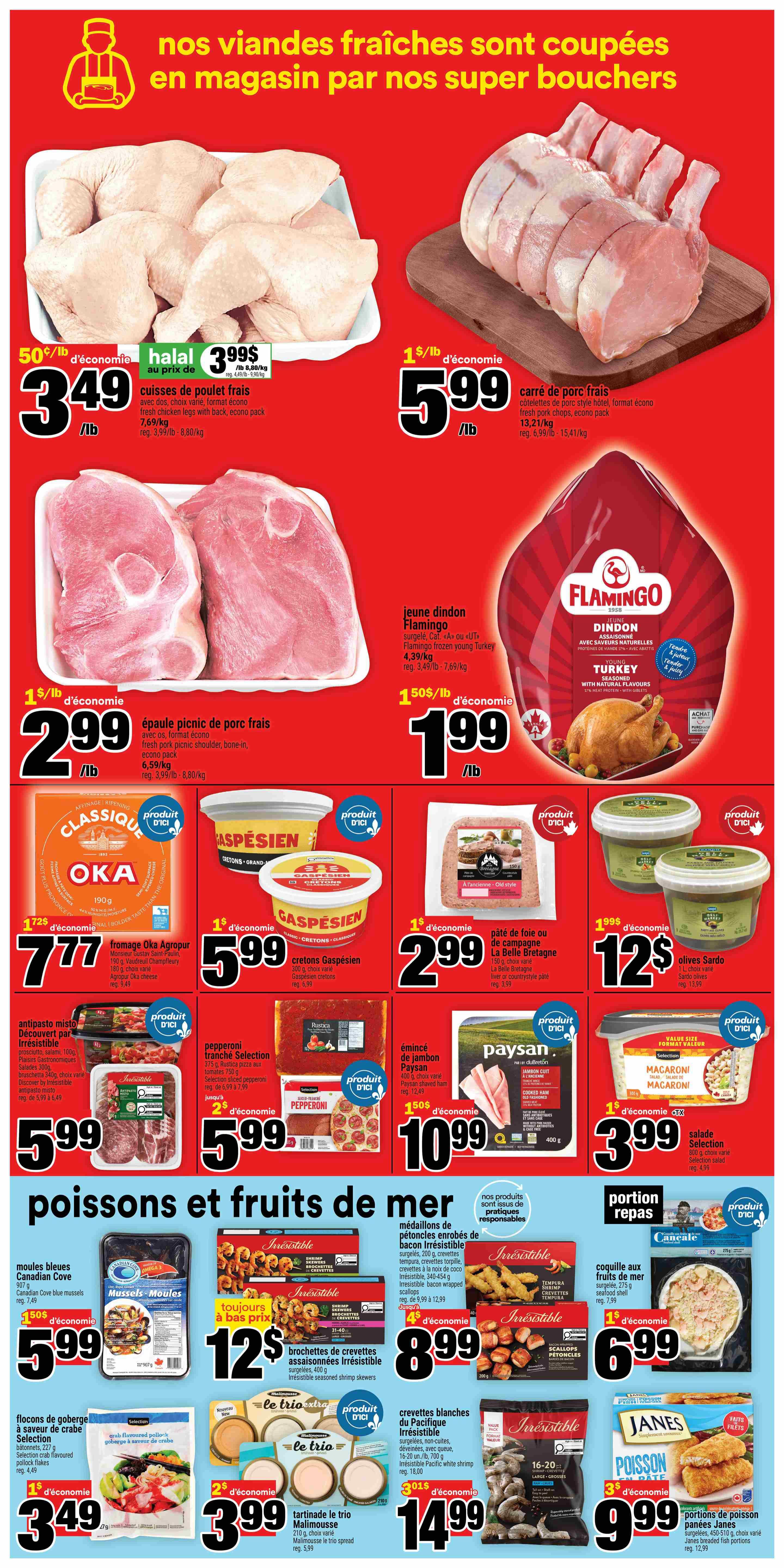 Super C weekly flyer specials page 8 features a variety of fresh meat and seafood. Top deals include fresh chicken legs at $3.49/lb with a 50¢/lb economy discount, and fresh pork chops at $5.99/lb with a $1/lb economy discount. Also featured is fresh pork picnic shoulder, bone-in, econo pack at $2.99/lb with a $1/lb economy discount, and Flamingo frozen young turkey at $1.99/lb with a 50¢/lb economy discount. Deli and cheese options include Oka Agropur cheese for $7.77 with a $1.72 economy discount, Gaspésien cretons for $5.99, La Belle Bretagne pâté de campagne for $2.99 with a $1 economy discount, and Olives Sardo for $12.99 with a $1.99 economy discount. Antipasto misto is $5.99, and pepperoni selection is $5.99 with a $2 economy discount. Émincé de jambon Paysan (sliced Paysan ham) is $10.99 with a $1.50 economy discount. Seafood specials include Canadian Cove blue mussels for $5.99 with a 50¢ economy discount, Irrésistible seasoned shrimp skewers for $8.99 with a $4 economy discount, Irrésistible breaded shrimp scallops for $6.99, and Irrésistible Pacific white shrimp for $14.99 with a $0.01 economy discount. Also available are tartinade le trio Malinouise spread for $3.99 with a $2 economy discount, and Janes breaded fish portions for $9.99 with a $3 economy discount.