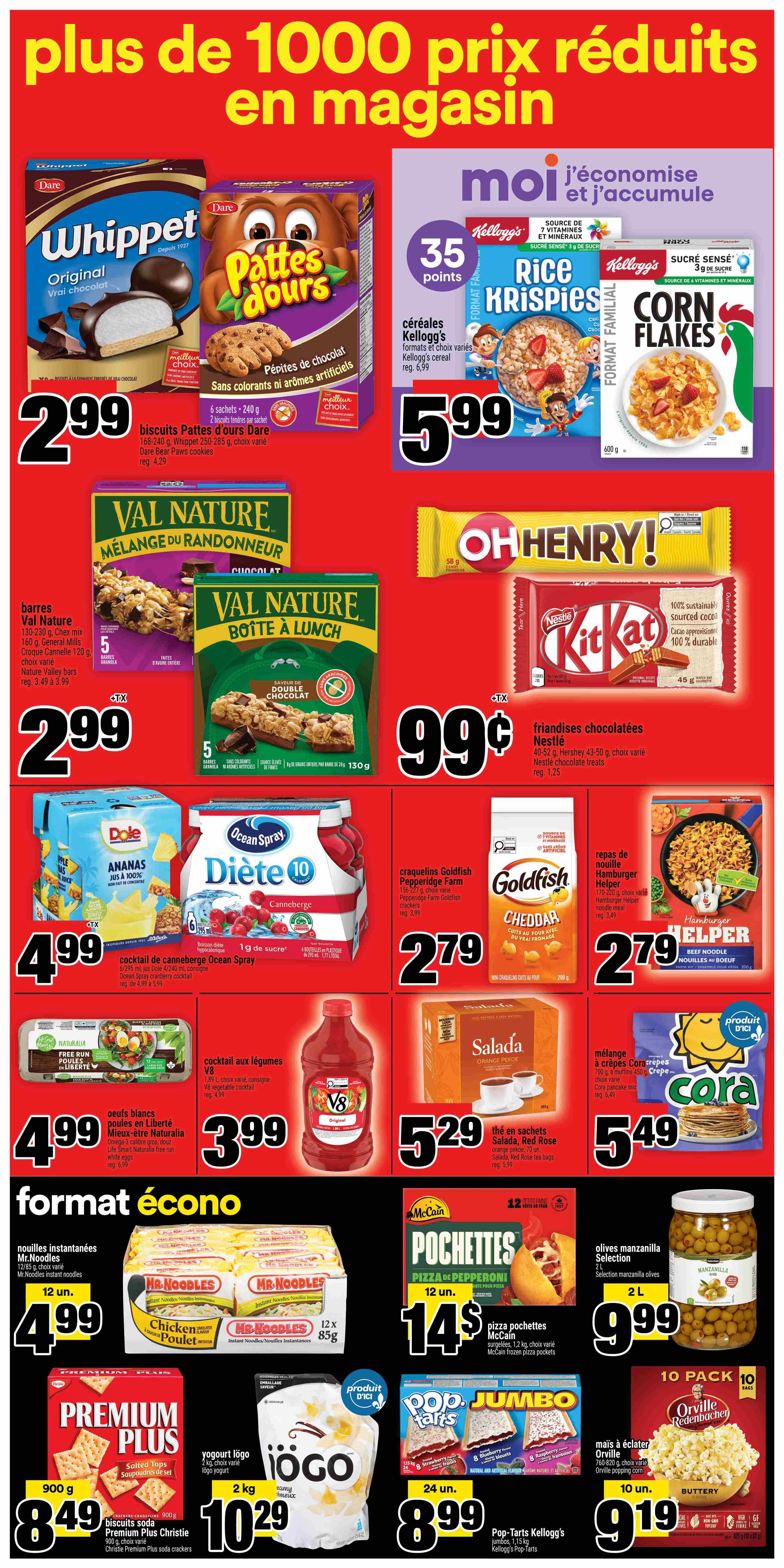 Super C weekly flyer specials page 9 features a wide variety of grocery items on sale. Top deals include Dare Whippet Original chocolate cookies for $2.99, Dare Bear Paws cookies for $2.99, and Kellogg's cereal including Rice Krispies and Corn Flakes for $5.99. Nature Valley bars are $2.99 and Nature Valley Lunch Box treats are $0.99. Ocean Spray cranberry cocktail is $4.99. V8 vegetable cocktail is $3.99. Salada Red Rose tea bags are $5.29. Goldfish crackers are $2.79 and Hamburger Helper is also $2.79. Cora crepes are $5.49. Mr. Noodles instant noodles are $4.99 for a 12-pack. McCain frozen pizza pockets are $14.99. Premium Plus salted soda crackers are $8.49 for 900g. Iögo yogurt is $10.29 for 2kg. Pop-Tarts Jumbo are $8.99 for 24 units. Orville Redenbacher popcorn is $9.19 for 10 bags. Manzanilla olives are $9.99 for 2L.