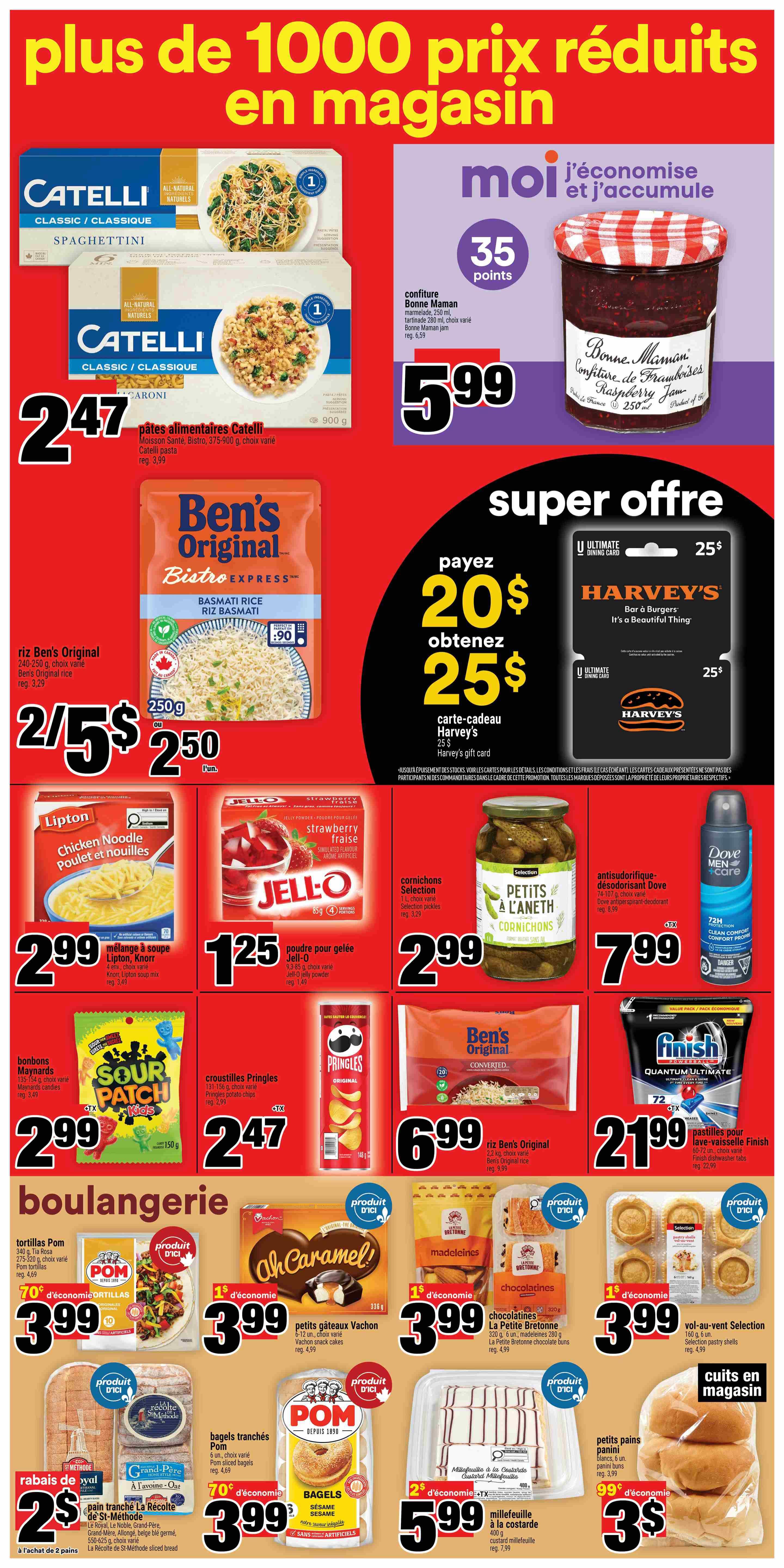 Super C weekly flyer specials page 10 features a wide variety of products. Top deals include Catelli Classic/Classique Spaghettini and pasta for $2.47, Bonne Maman Raspberry Jam for $5.99, and a Super Offer where you pay $20 and get a $25 Harvey's gift card. Other featured items are Ben's Original Bistro Express Basmati Rice for 2 for $5 or $2.50 each, Lipton Chicken Noodle soup mix for $2.99, Jell-O Strawberry gelatin powder for $1.25, Selection pickles for $2.99, and Dove Men+Care deodorant for $7.99. Snacks include Maynard's candies and Sour Patch Kids for $2.99, Pringles crisps for $2.47, and Ben's Original converted rice for $6.99. Finish Quantum Ultimate dishwasher tabs are $21.99. The bakery section offers Pom tortillas for $3.99, Vachon snack cakes for $3.99, La Petite Bretonne chocolate buns for $3.99, and vol-au-vent selection for $3.99. Also available are POM Bagels for $3.99, and sliced bread from Le Pain Traditionnel St-Méthode for 2 for $2 or $1 each. Finally, there are millefeuille pastries for $5.99 and fresh baked panini buns for $3.