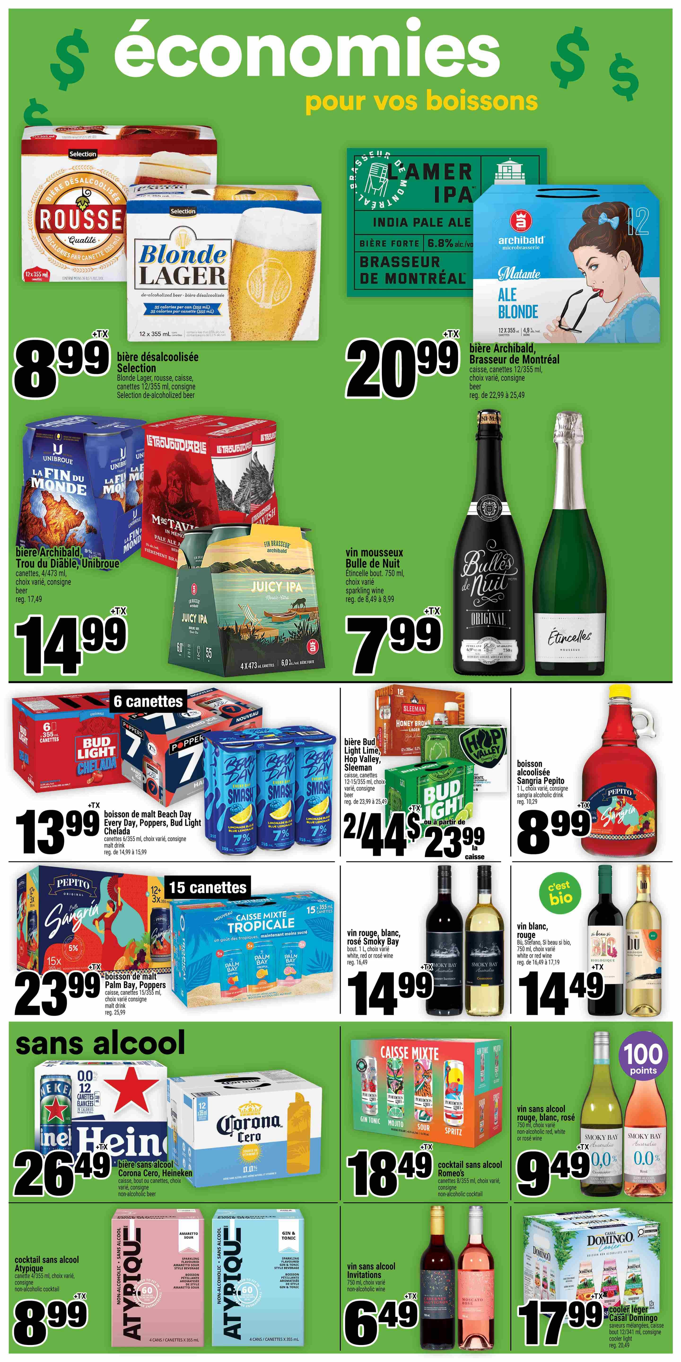 Super C weekly flyer specials page 11 features a variety of beverages. Top row includes Selection Roussse de-alcoholized beer at $8.99 and Archibald Brasseur de Montréal India Pale Ale at $20.99. Also featured is Archibald Matante Blonde Ale, 12x355 ml, for $20.99. Middle section showcases Archibald Trou du Diable beer, 24x355 ml, for $14.99, and Archibald Juicy IPA sparkling wine, 4x473 ml, for $7.99. Further down, Bud Light Chelada, 6x355 ml, is $13.99. Sleeman Honey Brown Lager, 12x355 ml, is on sale for 2 for $44, with a regular price of $23.99 per case. Palm Bay Poppers Sangria, 15x355 ml, is $23.99. Also available are white, red, and rosé Smoky Bay wines for $14.99 each, and white, red, and rosé Stifano wines for $14.49. The bottom section highlights non-alcoholic options: Heineken 0.0, Corona Cero, and others for $26.49. Romeo's non-alcoholic cocktail is 2 for $44. Smoky Bay non-alcoholic rosé and white wines are $9.49. Atypique non-alcoholic cocktails, 4x355 ml, are $8.99. Casal Domingo cooler, 12x355 ml, is $17.99.