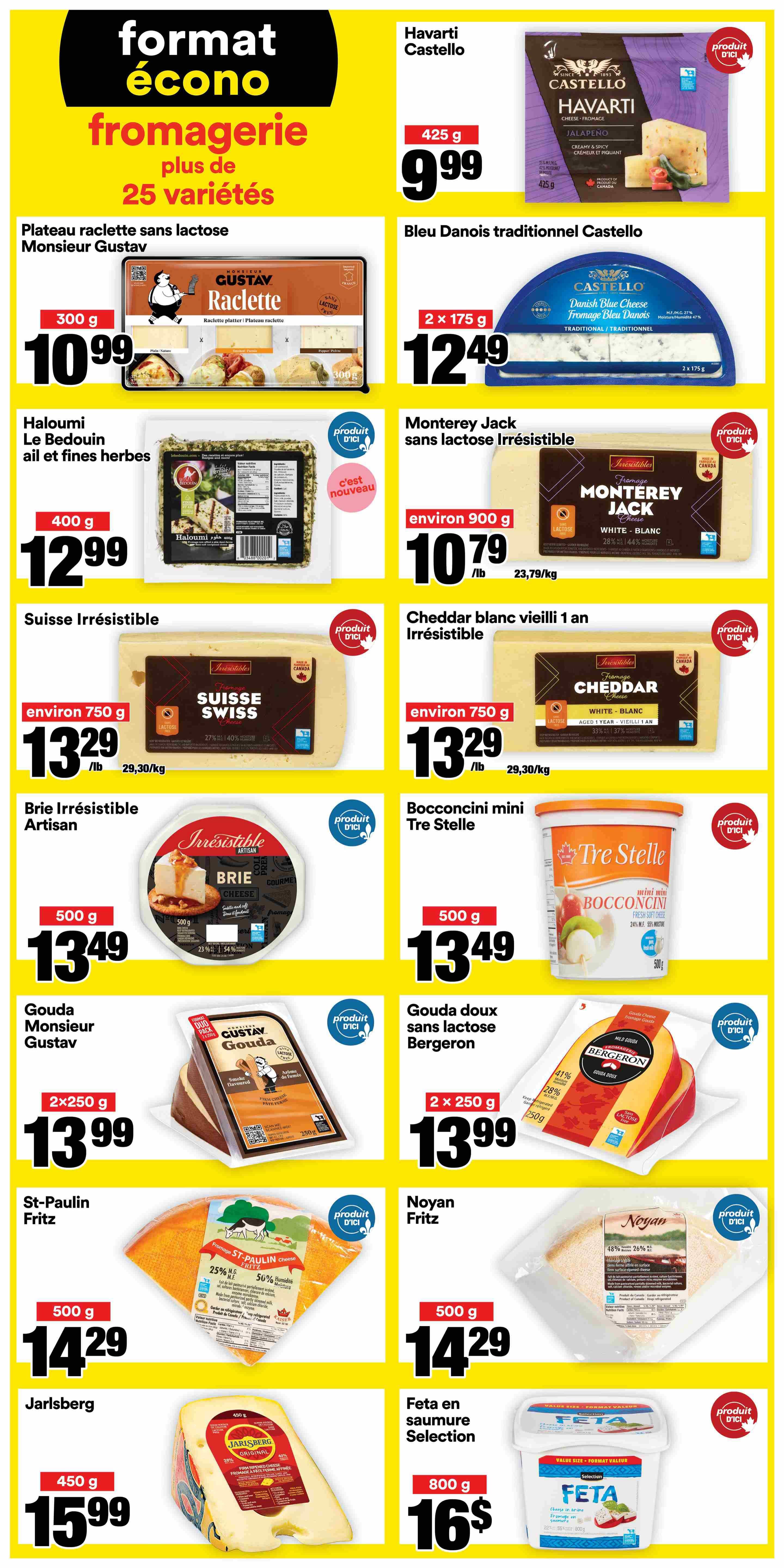Super C flyer page 17 features a 'format écono fromagerie' section with over 25 varieties. Featured products include Monsieur Gustav lactose-free raclette platter for $10.99 (300g), Haloumi Le Bedouin with garlic and herbs for $12.99 (400g), and Havarti Castello cheese for $9.99 (425g). Also available are Castello Danish Blue traditional cheese for $12.49 (2 x 175g), Irresistible lactose-free Monterey Jack cheese for $10.79/lb (approx. 900g), Irresistible aged 1 year white cheddar for $13.29/lb (approx. 750g), Irresistible Swiss cheese for $13.29/lb (approx. 750g), Artisan Brie Irresistible cheese for $13.49 (500g), and Tre Stelle mini bocconcini for $13.49 (500g). Additional cheese selections include Monsieur Gustav Gouda for $13.99 (2 x 250g), Bergeron lactose-free mild gouda for $13.99 (2 x 250g), St-Paulin Fritz cheese for $14.29 (500g), Noyan Fritz cheese for $14.29 (500g), Jarlsberg cheese for $15.99 (450g), and Selection feta in brine for $16 (80g).