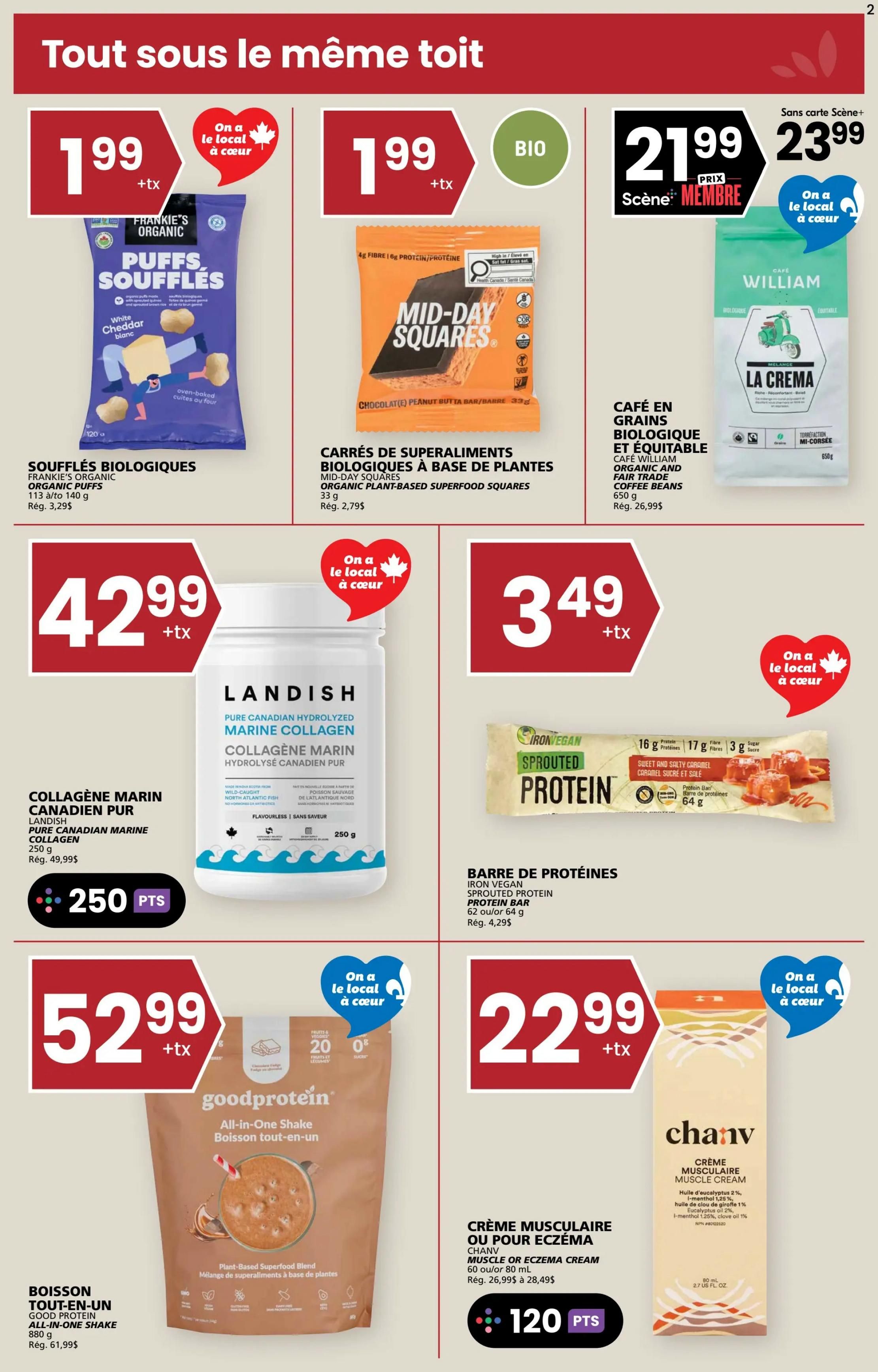 Rachelle Béry weekly flyer specials page 2. Featured products include Frankie's Organic Puffs Soufflés for $1.99, Mid-Day Squares Organic Plant-Based Superfood Squares for $1.99, and William La Crema Organic and Fair Trade Coffee Beans for $21.99 (member price $23.99). Also on sale is Landish Pure Canadian Hydrolyzed Marine Collagen for $42.99, earning 250 points. Iron Vegan Sprouted Protein Bars are $3.49. Goodprotein All-in-One Shake is $52.99, and Chanv Muscle or Eczema Cream is $22.99, earning 120 points.