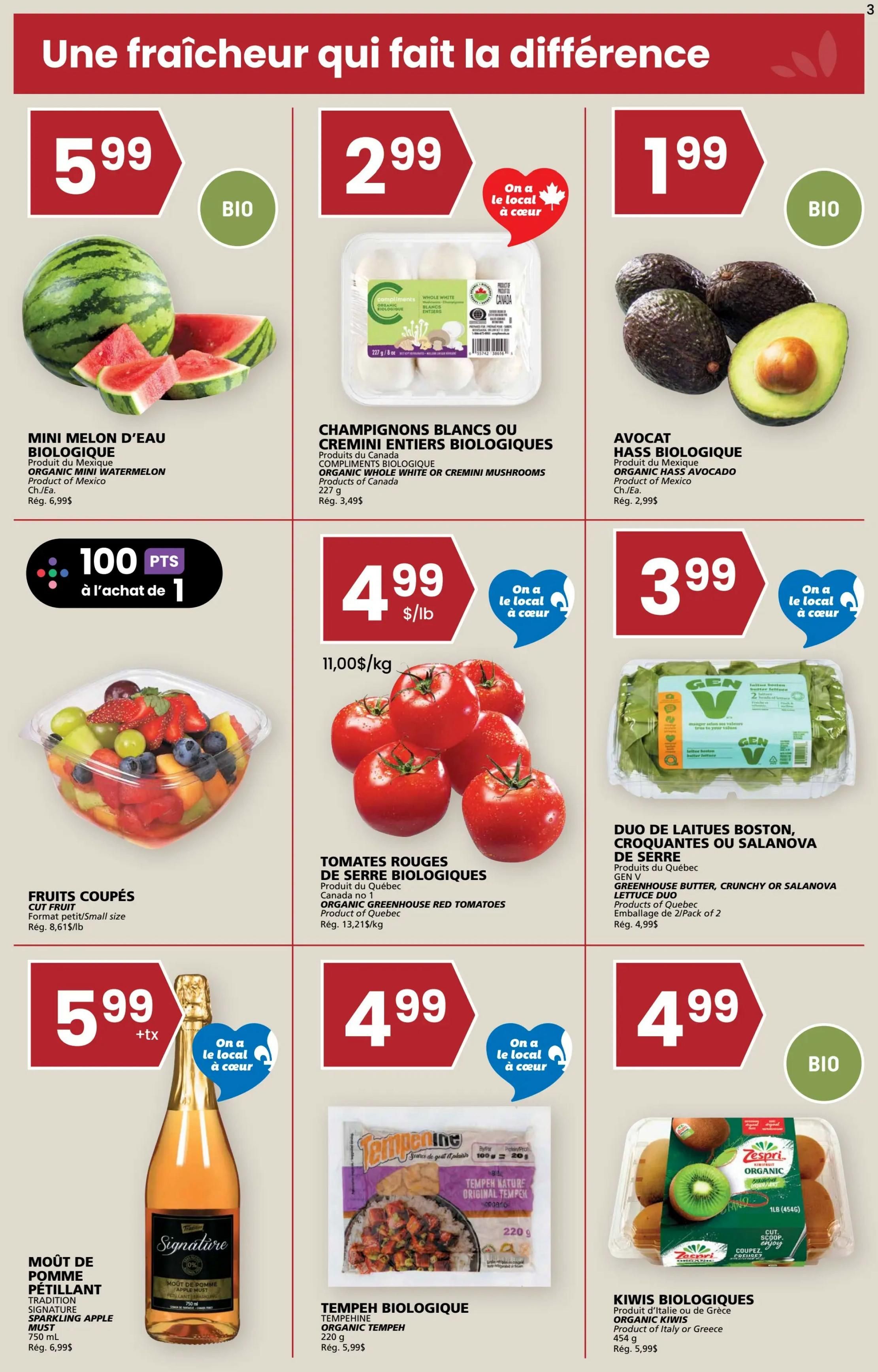 Rachelle Béry weekly flyer specials page 3 features a selection of fresh produce and organic items. Highlighted are Organic Mini Watermelon for $5.99, Organic Whole White or Cremini Mushrooms for $2.99, and Organic Hass Avocados for $1.99. Also available are Cut Fruit for $8.61/lb, Organic Greenhouse Red Tomatoes for $4.99/lb, and a Gen V Lettuce Duo (Boston, Crunchy or Salanova) for $4.99 per 2-pack. Additionally, enjoy Signature Sparkling Apple Must for $5.99 + tax, Organic Tempeh for $4.99, and Organic Kiwis for $4.99. The flyer also promotes a '100 pts for $1 purchase' offer.