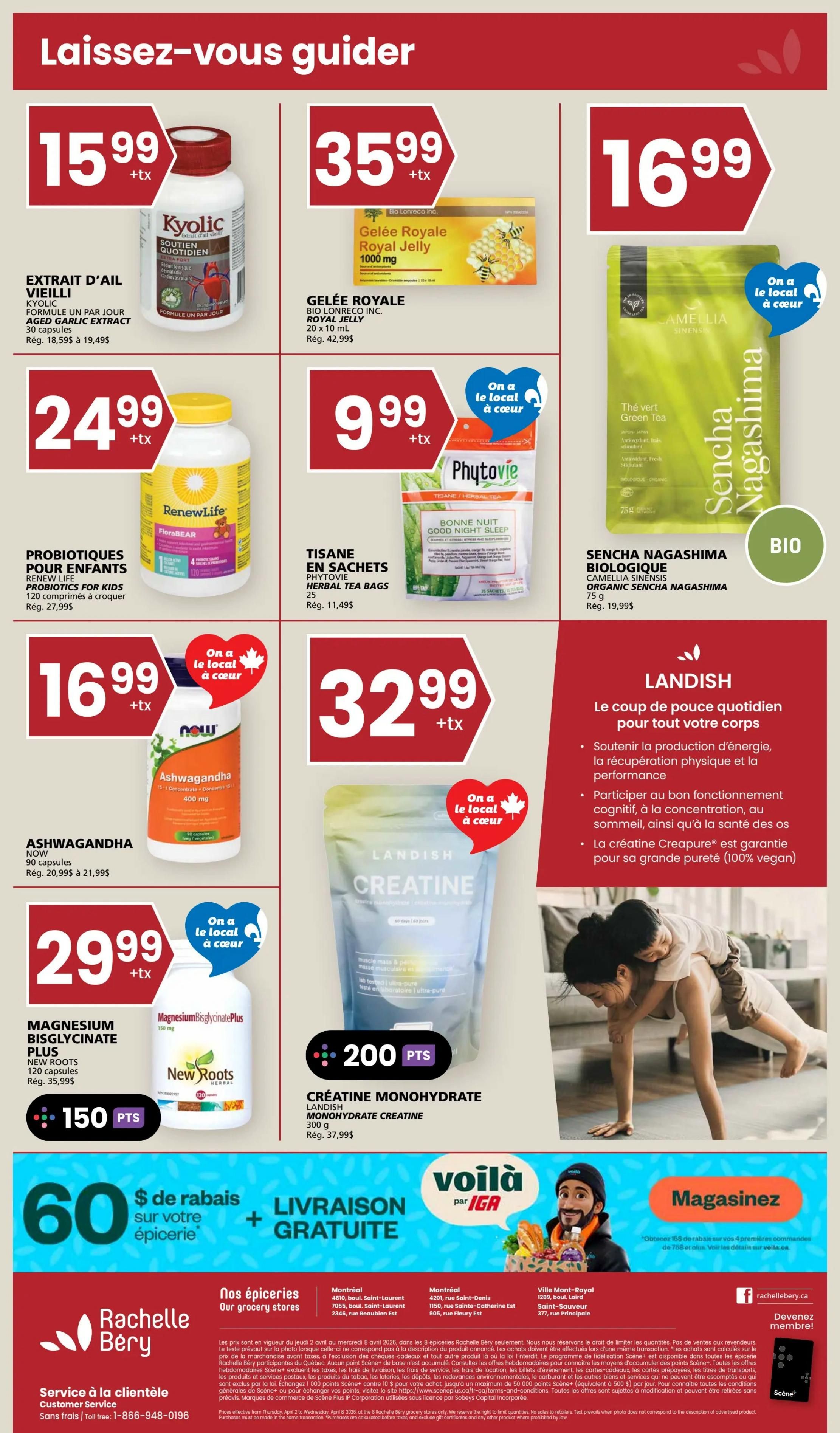 Rachelle Béry weekly flyer specials page 8 features a variety of health and wellness products. Top row includes Kyolic Aged Garlic Extract for $15.99, Bio Lonreco Inc. Royal Jelly for $35.99, and Amelia Sinensis Organic Sencha Nagashima Green Tea for $16.99. Middle row showcases RenewLife Probiotics for Kids for $24.99, Phytovie Herbal Tea Bags for $9.99, and Landish Creatine Monohydrate for $32.99. Bottom row offers New Roots Magnesium Bisglycinate Plus for $29.99 and Landish Creatine Monohydrate powder for $32.99 with 200 bonus points. The flyer also highlights a $60 grocery rebate offer with free delivery by IGA. Store locations and customer service information are provided at the bottom.