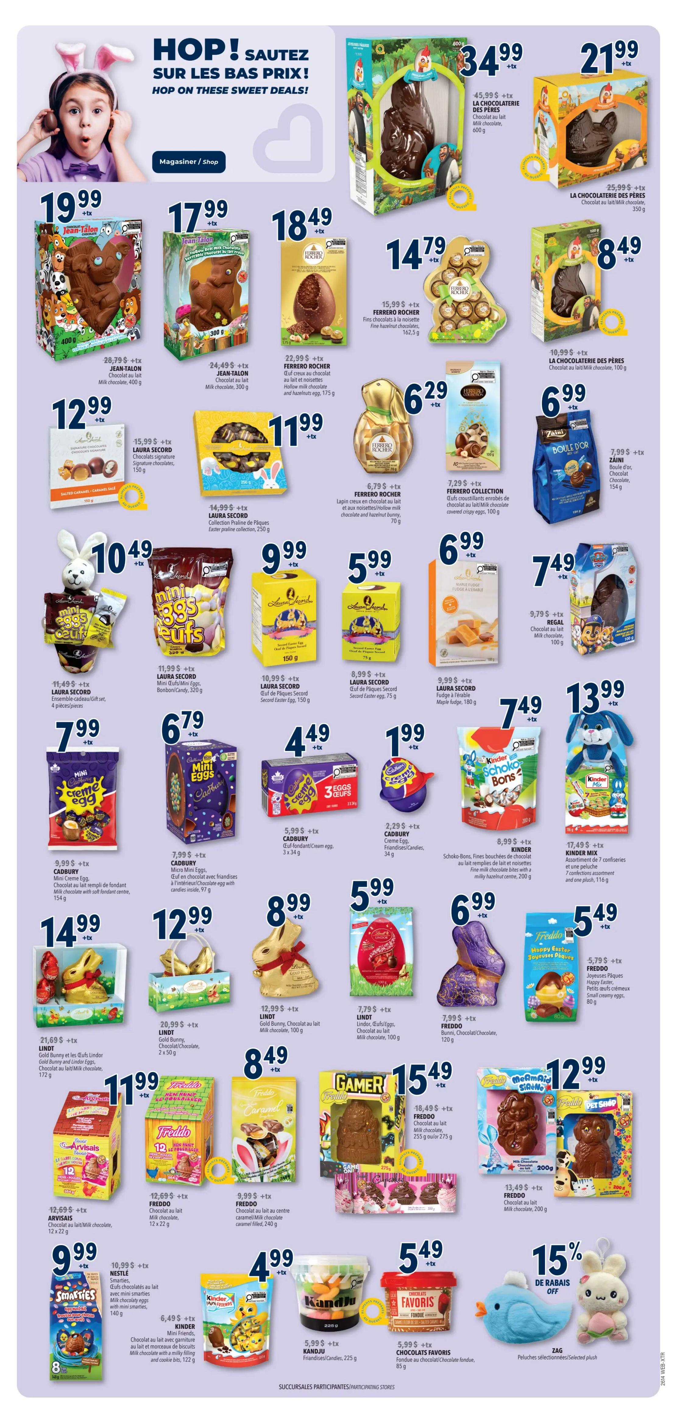 Familiprix weekly flyer specials page 3 features a large selection of Easter-themed chocolates and treats. Featured items include Jean-Talon milk chocolate animals for $19.99 and $17.99, Ferrero Rocher hollow milk chocolate and hazelnut eggs for $18.49 and $14.79, and Laura Secord chocolate collections and hollow bunnies for prices ranging from $10.49 to $17.99. Also available are Cadbury mini eggs and creme eggs for $4.49 and $5.99, Lindt gold bunnies and eggs for $12.99 and $8.99, and Kinder Schoko-Bons for $7.49. The flyer also highlights Freddo chocolate bunnies and eggs starting at $5.49, and a Gamer chocolate bar for $15.49. Additionally, there are Smarties for $9.99, Kandju candies for $5.99, and Favoris chocolate fondue for $5.99. A Zag plush toy is also featured. Some items have special offers, including 15% off select plush toys.