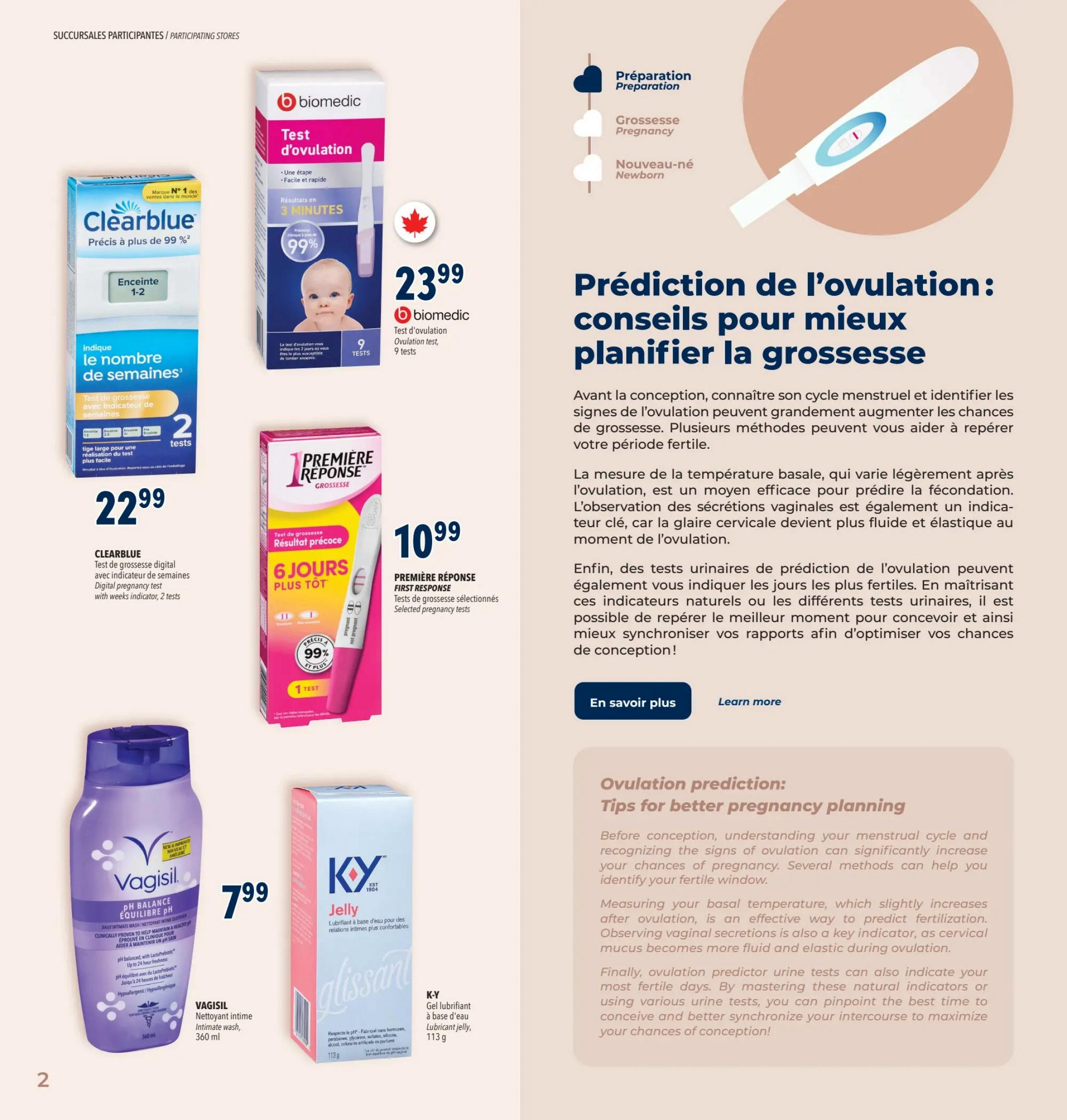 Familiprix weekly flyer specials, page 5. Featured products include: Biomedic ovulation test, 9 tests for $23.99. Clearblue digital pregnancy test with weeks indicator, 2 tests for $22.99. Première Réponse First Response pregnancy test, 1 test for $10.99. Vagisil pH balance intimate wash, 360 ml for $7.99. K-Y Glissari lubricant jelly, 113 g. The page also includes an article on ovulation prediction and tips for better pregnancy planning.
