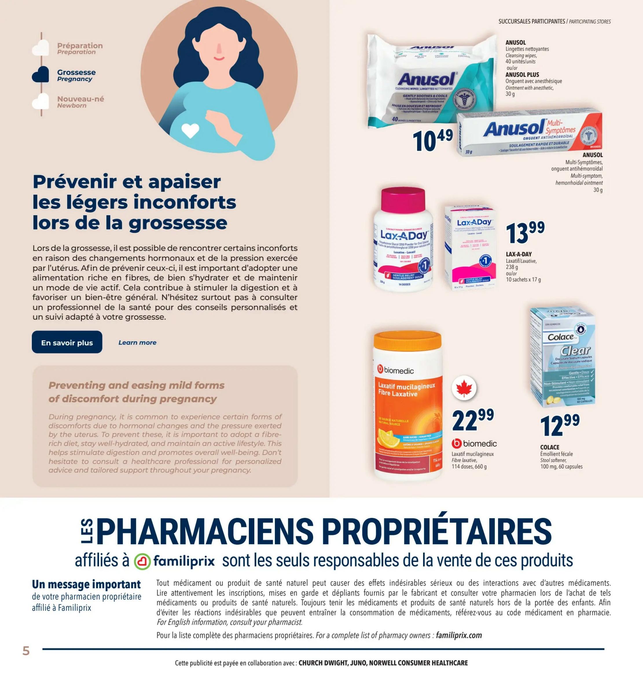 Familiprix flyer page 8 features information on preventing and easing discomfort during pregnancy. Products include Anusol cleansing wipes for $10.49, Anusol Multi-Symptom hemorrhoidal ointment for $10.49, Laxa-Day laxative for $13.99 (238 g or 10 sachets x 17 g), Biomedic mucilaginous fibre laxative for $22.99 (114 doses, 660 g), and Colace stool softener capsules for $12.99 (100 mg, 60 capsules). The page also includes a message from affiliated pharmacists regarding the sale of natural health products.