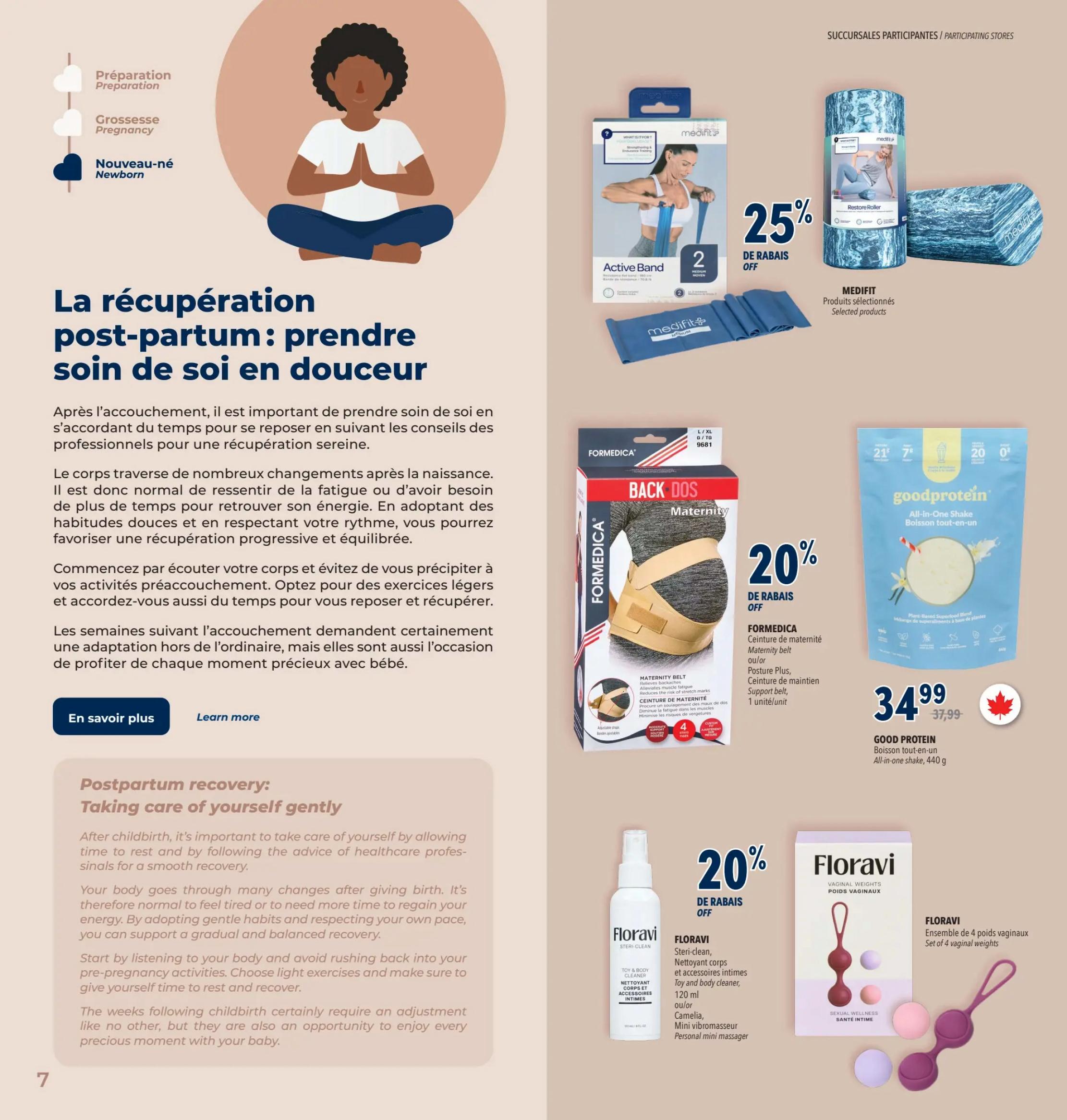 Familiprix flyer page 10 features post-partum recovery tips and products. Featured items include Medifit Active Band and Restore Roller with 25% off. Formedica Maternity Belt is on sale for 20% off. Good Protein All-in-One Shake is $34.99 (regularly $37.99). Floravi products include a 120 ml Steri-clean Toy and Body Cleaner, and a set of 4 vaginal weights, both with 20% off. The page also includes general advice on postpartum self-care.
