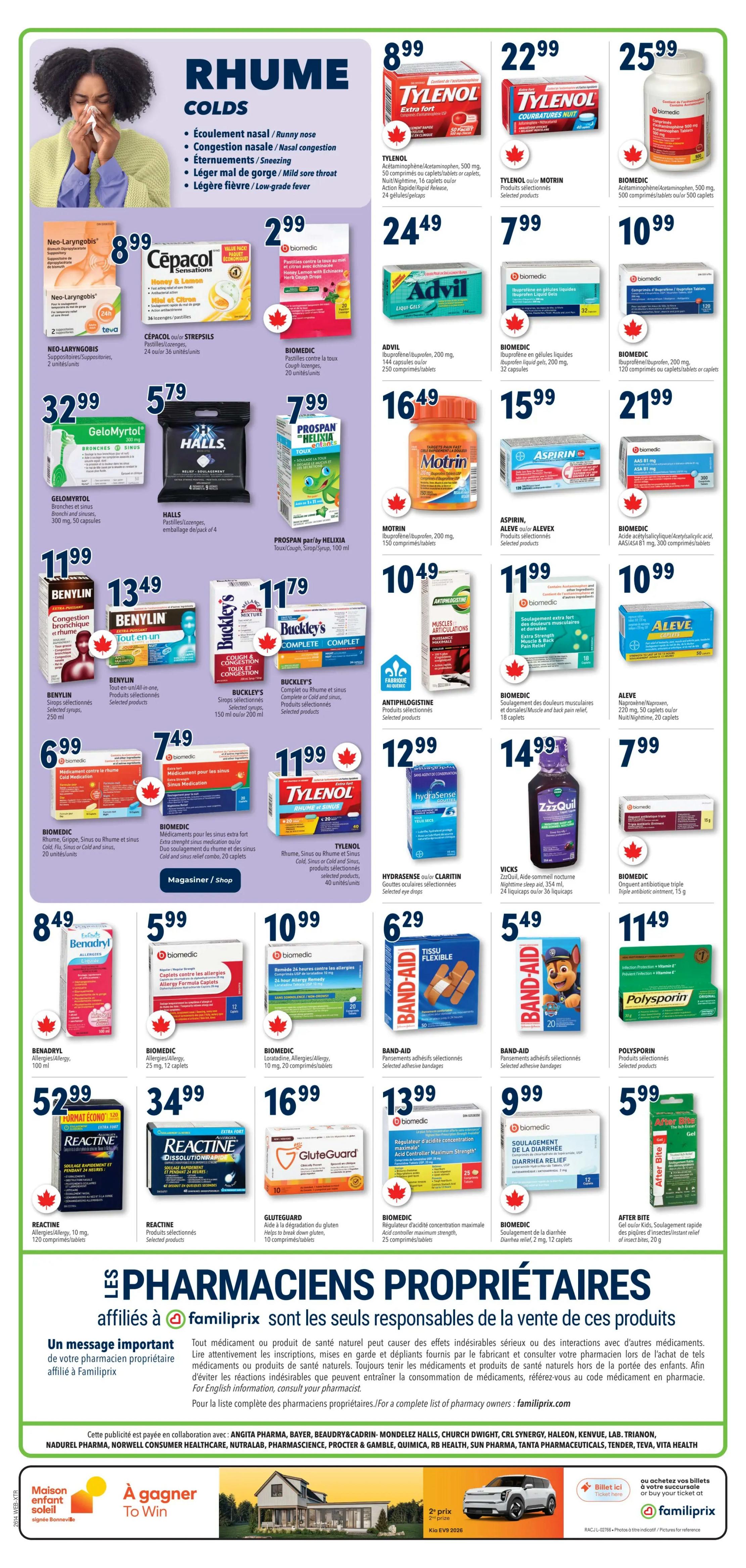 Familiprix flyer page 18 featuring cold and flu remedies. Includes Tylenol Extra Fort at $8.99, Tylenol Complete Cold & Flu at $22.99, and Tylenol Cold & Sinus at $25.99. Also features Cepacol Sensations Honey & Lemon lozenges for $8.99, Advil Liquid Gels for $24.49, and Motrin Ibuprofen for $16.49. Other products include Neo-Laryngobis suppositories for $8.99, Halls cough drops for $5.79, Prospan Helixia cough syrup for $7.99, Aspirin for $15.99, and Biomedical ASA 81 for $21.99. Benylin Cold & Flu All-in-One is $13.49, Benylin Cold & Sinus is $6.99. Buckley's Complete syrup is $11.79, Buckley's Cough & Cold syrup is $11.79. Antiphlogistine for muscles and joints is $10.49. Biomedical Extra Strength Sinus Medication is $7.49. Tylenol Cold & Sinus is $11.99. Hydrasense ClearSight eye drops are $12.99. Vicks ZzzQuil Nighttime sleep aid is $14.99. Biomedical 24-hour allergy formula is $10.99. Benadryl Allergy is $8.49. Biomedical Allergy 25 mg caplets are $5.99. Band-Aid flexible bandages are $6.29. Polysporin is $11.49. Reactine Allergy/Sinus is $52.99. Reactine Dissolution Rapid is $34.99. GluteGuard for gluten digestion is $16.99. Biomedical maximum strength acid controller is $13.99. Biomedical Diarrhea relief is $9.99. After Bite gel is $5.99. The page also includes a message from affiliated owner pharmacists.