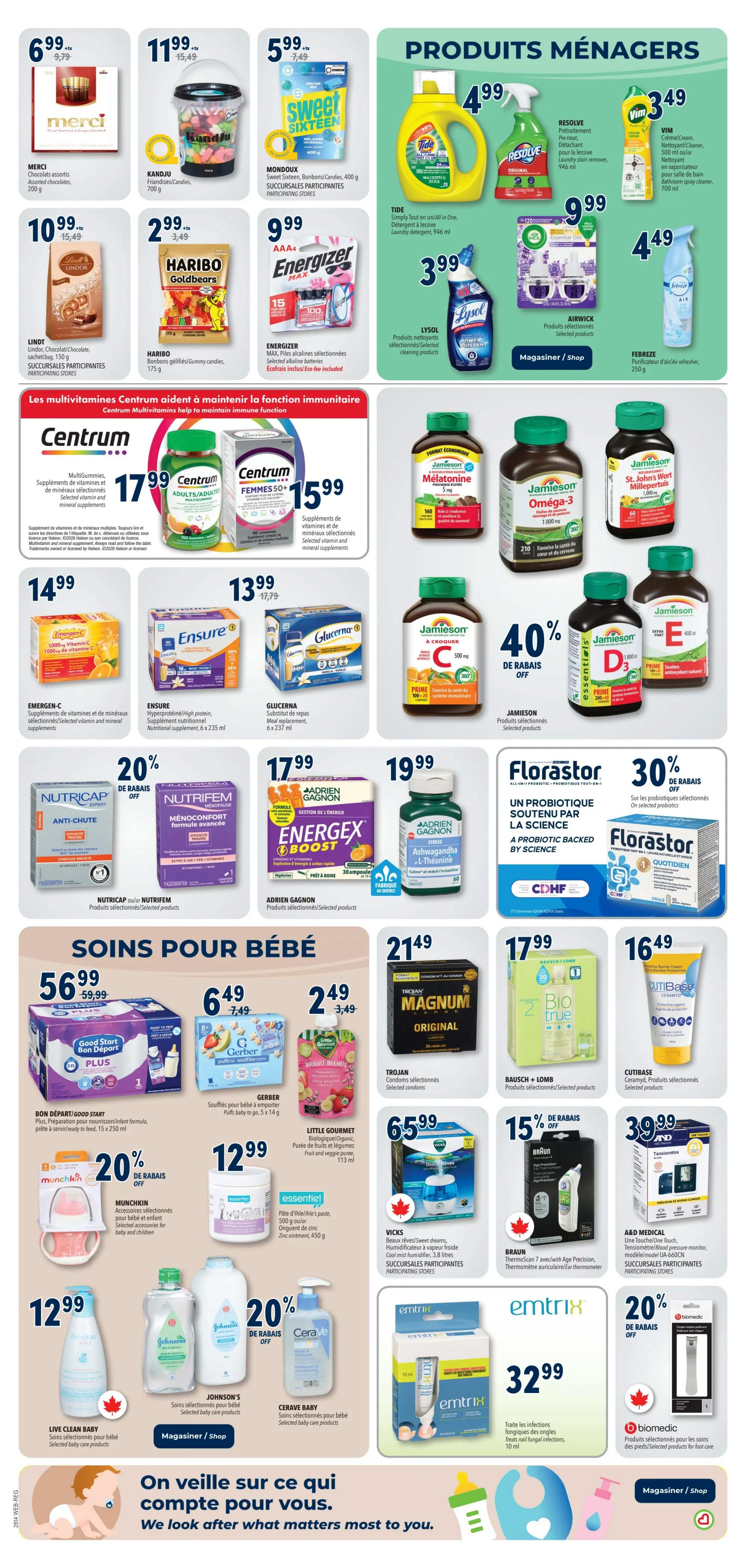 Familiprix Weekly Flyer Specials, Page 20. Featuring household products including Merci assorted chocolates for $6.99, Kanj.ju friandises/candies for $11.99, and Mondoux Sweet Sixteen candies for $5.99. Household cleaning supplies include Tide laundry detergent for $4.99, Resolve pre-treatment for $4.99, Vim cream cleaner for $3.49, and Lysol cleaning products for $3.99. Energizer batteries are $9.99. Airwick selected products are $9.99. Centrum multivitamins are featured, with Centrum MultiGummies for $17.99, Centrum Adults/Adultes for $17.99, and Centrum Women 50+ for $15.99. Also available are Jamieson Melatonin 5mg for $13.99, Jamieson Omega-3 for $13.99, and Jamieson St. John's Wort for $13.99. Emergen-C Vitamin C and mineral supplements are $14.99. Ensure nutritional supplement is $13.99. Glucerna meal replacement is $13.99. Jamieson selected probiotics are 40% off. Florastor selected probiotics are 30% off. Baby care items include Bon Départ/Good Start formula for $56.99. Gerber baby puffs are $6.49. Little Gourmet organic fruit and veggie purees are $2.49. Munchkin baby accessories are 20% off. Essential! diaper rash paste is $12.99. Live Clean baby care products are $12.99. Johnson's baby care products are $12.99. CeraVe baby products are 20% off. Trojan Magnum condoms are $21.49. Bausch + Lomb selected products are $17.99. Cutibase selected products are $16.49. Vicks humidifiers are $6.59. Braun ThermoScan ear thermometer is 15% off. A&D Medical selected products are $39.99. Emtrix nail fungus treatment is $32.99. Biomedic selected foot care products are 20% off. The flyer's theme is 'We look after what matters most to you.'