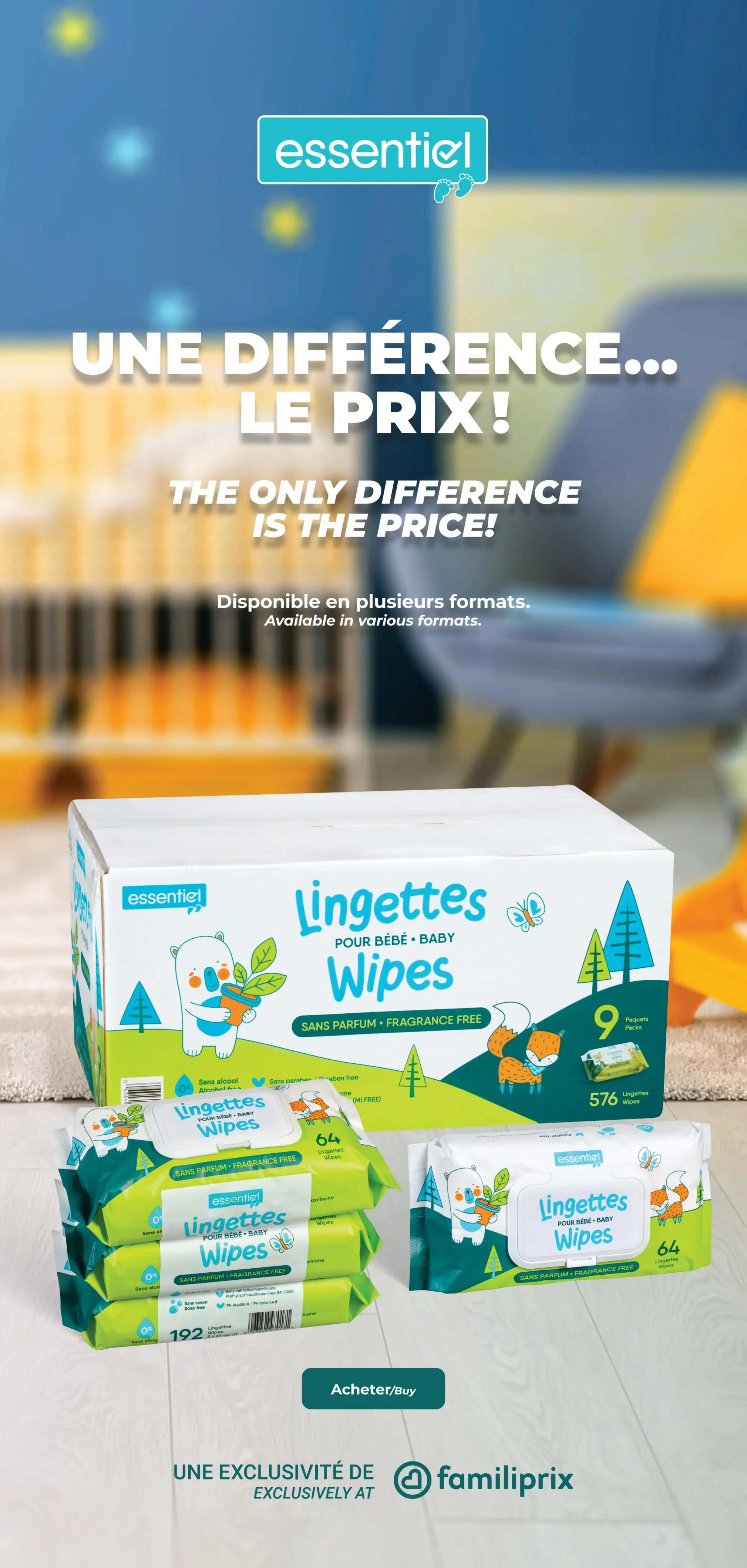 Familiprix flyer page 21 features Essentiel baby wipes. The main product shown is a large box of 9 packs of 64 wipes each, totaling 576 wipes, labelled 'Lingettes pour bébé • Baby Wipes' and 'Sans Parfum • Fragrance Free'. Also displayed are three smaller packs of 64 wipes each, stacked, with a total of 192 wipes visible. The text 'The only difference is the price!' is prominently displayed in English and French. The wipes are advertised as alcohol-free, paraben-free, and hypoallergenic. The page highlights that these products are 'Exclusive at Familiprix' and includes a 'Buy/Acheter' button.