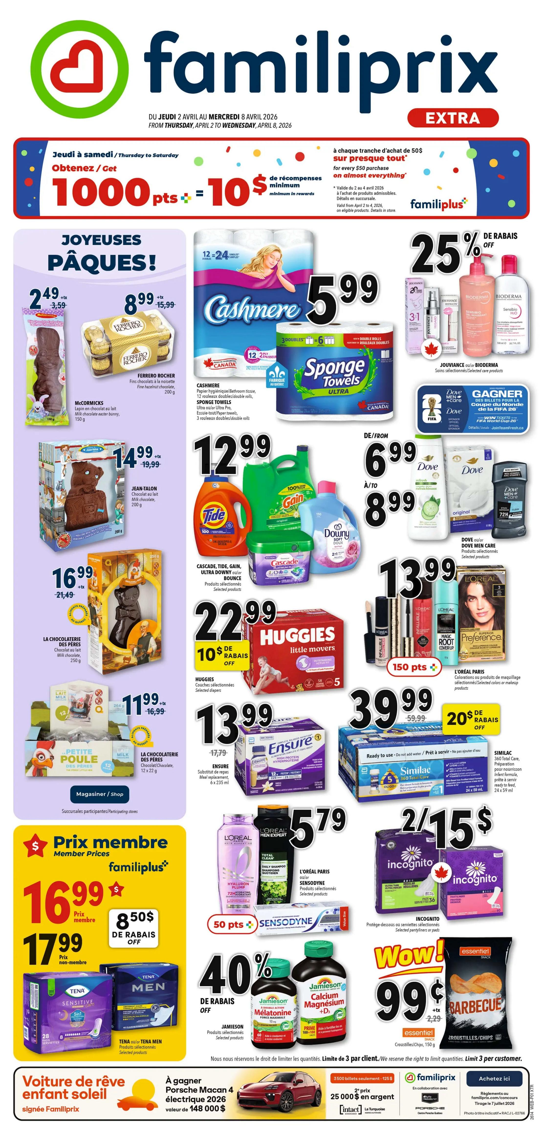 Familiprix Extra flyer for April 2 to April 8, 2026. Get 1000 bonus points, equivalent to $10, with a minimum purchase of $50 on almost everything. Featured Easter products include McCormick's chocolate bunny for $2.49 (regularly $3.59) and Ferrero Rocher fine hazelnut chocolates for $8.99 (regularly $15.99). Jean Talon milk chocolate Easter figure is $14.99 (regularly $19.99), and La Chocolaterie des Pères milk chocolate Easter figure is $16.99 (regularly $21.49). Petite Poule milk chocolate is $1.99. Save 25% off Jouvence or Bioderma skincare. Cashmere bathroom tissue is $5.99. Sponge Towels Ultra are also $5.99. Tide, Gain, Ultra Downy, and Cascade products are $12.99. Huggies Little Movers diapers are $22.99 with $10 off. Ensure meal replacement drinks are $13.99. Dove Men Care products and Dove body care are from $6.99 to $8.99. L'Oréal Paris makeup and hair colour products are $13.99. L'Oréal Paris Sensodyne toothpaste is $5.79. Incognito pantyliners or pads are 2 for $15. Save 40% off Jamieson Melatonin and Calcium Magnesium +D. Essentiel chips are $0.99 (regularly $2.29). Member prices include Tena Sensitive pads for $16.99 and Tena Men underwear for $17.99. Enter to win a 2026 Porsche Macan electric vehicle valued at $148,000.