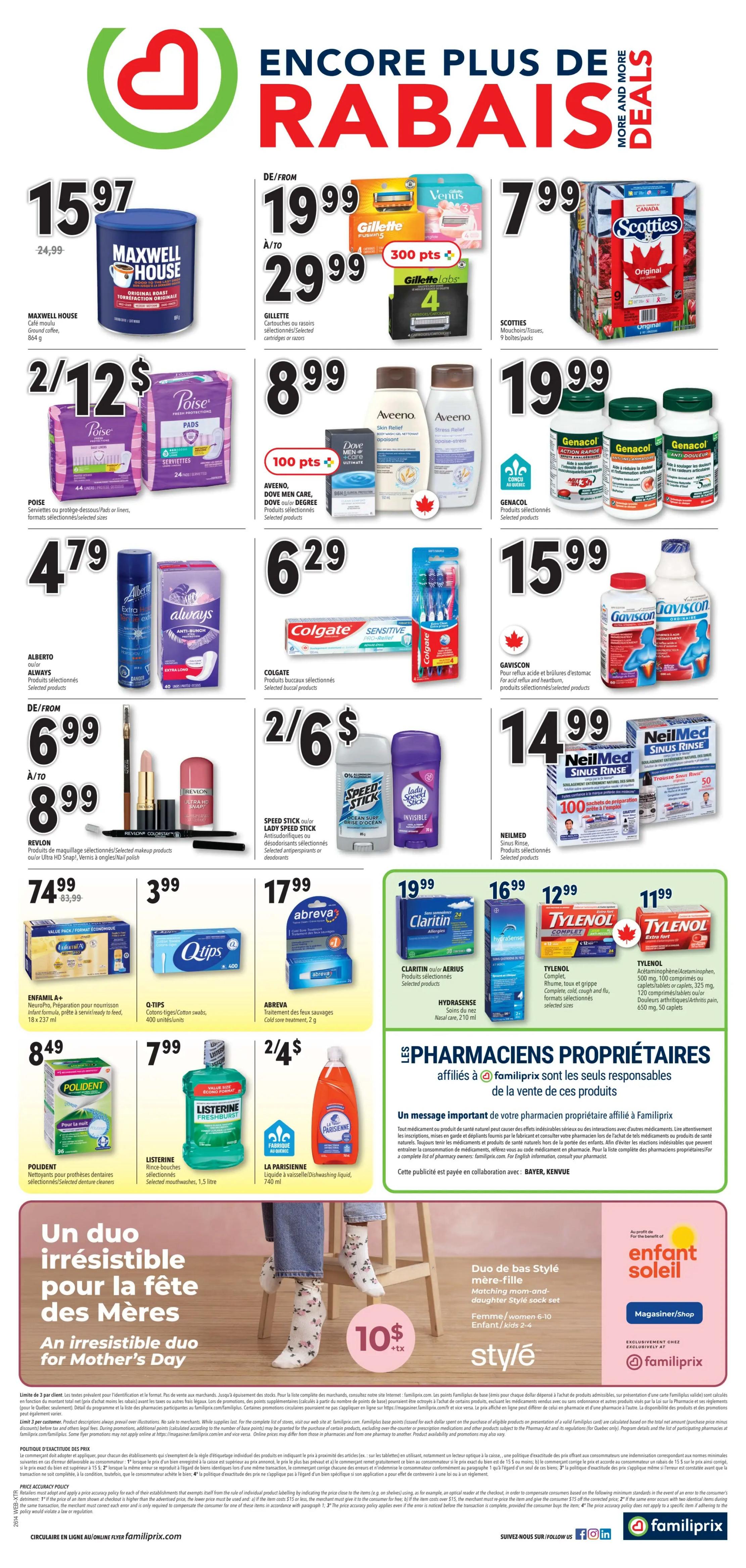 Familiprix flyer page 2 featuring 'Encore Plus De Rabais' (Even More Deals). Top deals include Maxwell House ground coffee for $15.97, Gillette shaving cartridges or razors from $19.99 to $29.99, and Scotties facial tissues for $7.99. Other offers include Poise pads and liners for 2 for $12, Aveeno body care products and Dove Men Care products for $8.99 with 100 bonus points, and Genacol supplements for $19.99. Also featured are Alberto hairspray and Always pads for $4.79, Colgate Sensitive toothpaste and toothbrushes for $6.29, and Speed Stick or Lady Speed Stick deodorants for 2 for $6. Revlon makeup products are on sale from $6.99 to $8.99. Enfamil A+ formula is $74.99. Q-Tips cotton swabs are $3.99. Abreva cold sore treatment is $17.99. Claritin or Aerius allergy relief products are $19.99, and Hydrasense nasal care is $16.99. Tylenol products for cold, cough, flu, and pain relief are $12.99 and $11.99. Gaviscon for acid reflux is $15.99. NeilMed Sinus Rinse kits are $14.99. Listerine mouthwash is $7.99 and La Parisienne dishwashing liquid is 2 for $4. The bottom section highlights 'An irresistible duo for Mother's Day' featuring matching mom and daughter 'Style' sock sets for $10 + tax. Familiprix pharmacists are responsible for the sale of these products.