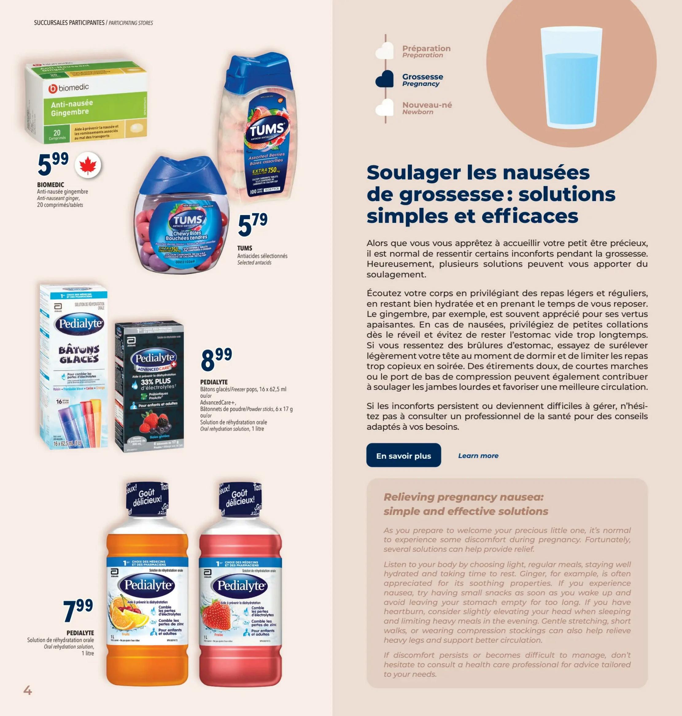 Familiprix flyer page 7 features solutions for pregnancy nausea. Products include Biomedic Anti-nausea Ginger, 20 tablets for $5.99, and Tums Antacids selected, chewy bites in assorted berries flavour for $5.79. Also featured are Pedialyte products: Freezer pops in various flavours, 16 x 62.5 ml for $8.99, and AdvancedCare+ powder sticks, 6 x 17 g for $8.99, as well as Pedialyte oral rehydration solution in 1 litre bottles, available in Fruit and Strawberry flavours, for $7.99 each. The page also provides tips for relieving pregnancy nausea with simple and effective solutions, covering preparation, pregnancy, and newborn stages.