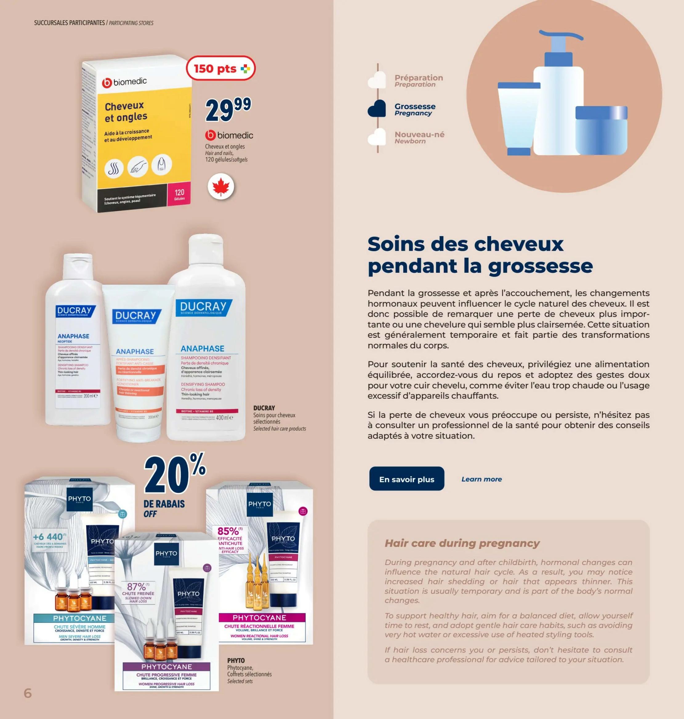 Familiprix flyer page 9 features Biomedic Hair and Nails supplements for $29.99, offering 150 bonus points. It also highlights Ducray Anaphase hair care products. A major promotion offers 20% off select Phyto Phytocyane hair loss treatments, including products for men's severe hair loss and women's progressive hair loss, with claims of 85% anti-hair loss efficacy and 87% slowed down hair loss. The page also includes information on hair care during pregnancy, discussing hormonal changes and offering tips for maintaining healthy hair.