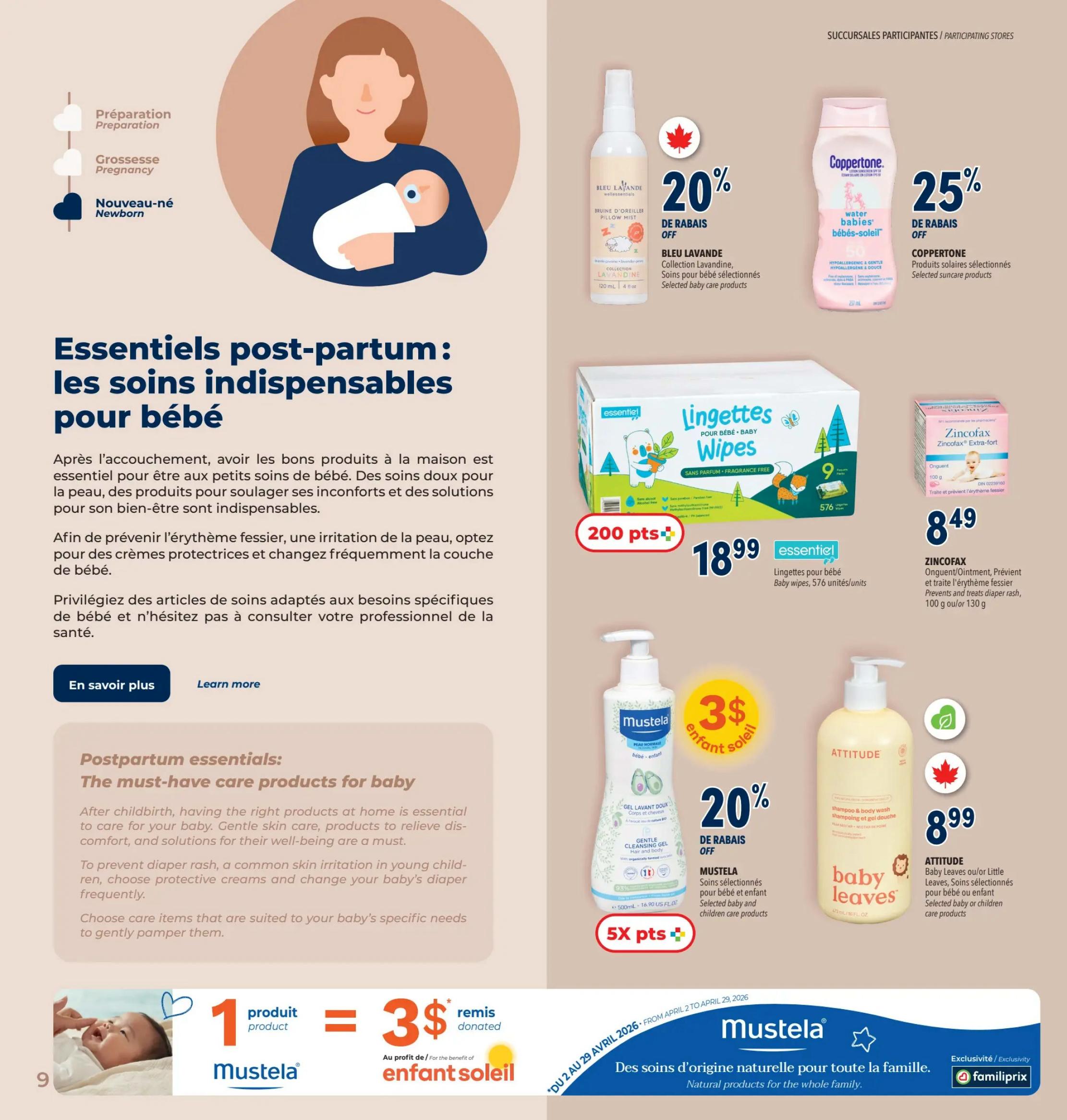 Familiprix flyer page 12, featuring postpartum and baby care essentials. Offers include 20% off Bleu Lavande Collection Lavandine selected baby care products, 25% off Coppertone water babies selected suncare products, and 20% off Mustela selected baby and children care products. Also available are essential lingettes baby wipes for $18.99, earning 200 points, and Zincofax ointment for $8.49. A special offer on Mustela Gentle Cleansing Gel provides $3 donated to 'Enfant Soleil' for each product purchased. Attitude Baby Leaves shampoo & body wash is priced at $8.99. The page highlights natural products for the whole family from Mustela.