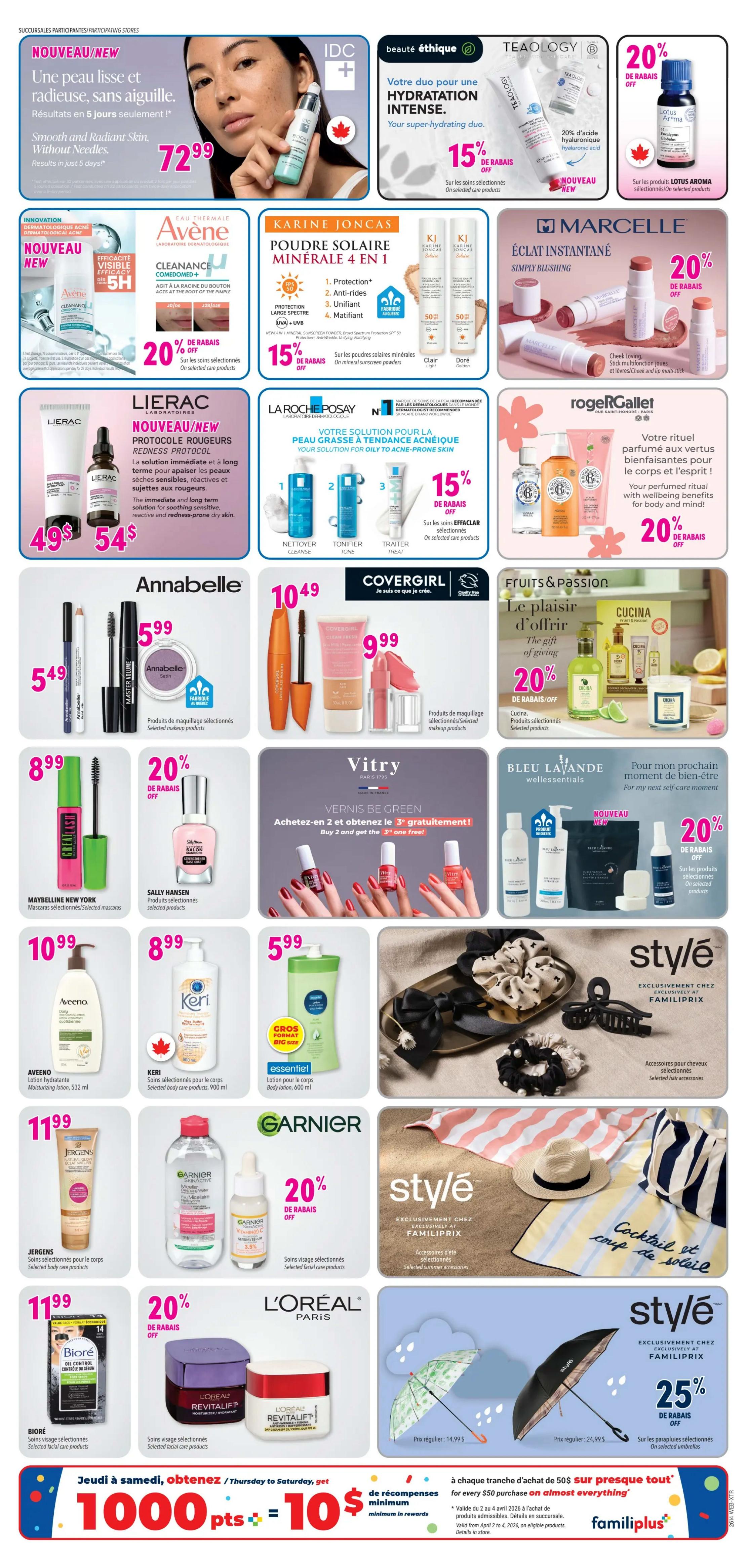 Familiprix flyer page 19 featuring a variety of beauty and personal care products. Offers include IDC + IDC Boost serum for $72.99, Teaology hydrating duo with 15% off, Avène Cleancance with 20% off, Karine Joncas mineral sunscreen powder with 15% off, Lierac Redness Protocol for $49-$54, La Roche-Posay solution for oily to acne-prone skin with 15% off, Marcelle Simply Blushing with 20% off, and Roger & Gallet perfumed ritual with 20% off. Also featured are Annabelle selected makeup products for $5.49 and $5.99, Covergirl selected makeup products for $9.99, Maybelline New York Great Lash mascara for $8.99, Sally Hansen selected nail polish for 20% off, Vitry Vernis Be Green nail polish with a buy 2 get 1 free offer, Aveeno moisturizing lotion 532 ml for $10.99, Keri selected body care products 900 ml for $8.99, Essentiel body lotion 600 ml for $5.99, and Garnier selected facial care products with 20% off. Also available are Jergens selected body care products for $11.99, Biore selected facial care products for $11.99, L'Oréal Revitalift selected facial care products with 20% off. Style accessories include selected hair accessories and selected summer accessories. Additionally, there are Style umbrellas with 25% off. The bottom of the page highlights a promotion: get 1000 bonus points for every $50 purchase, valid Thursday to Saturday. Familiprix logo is displayed.