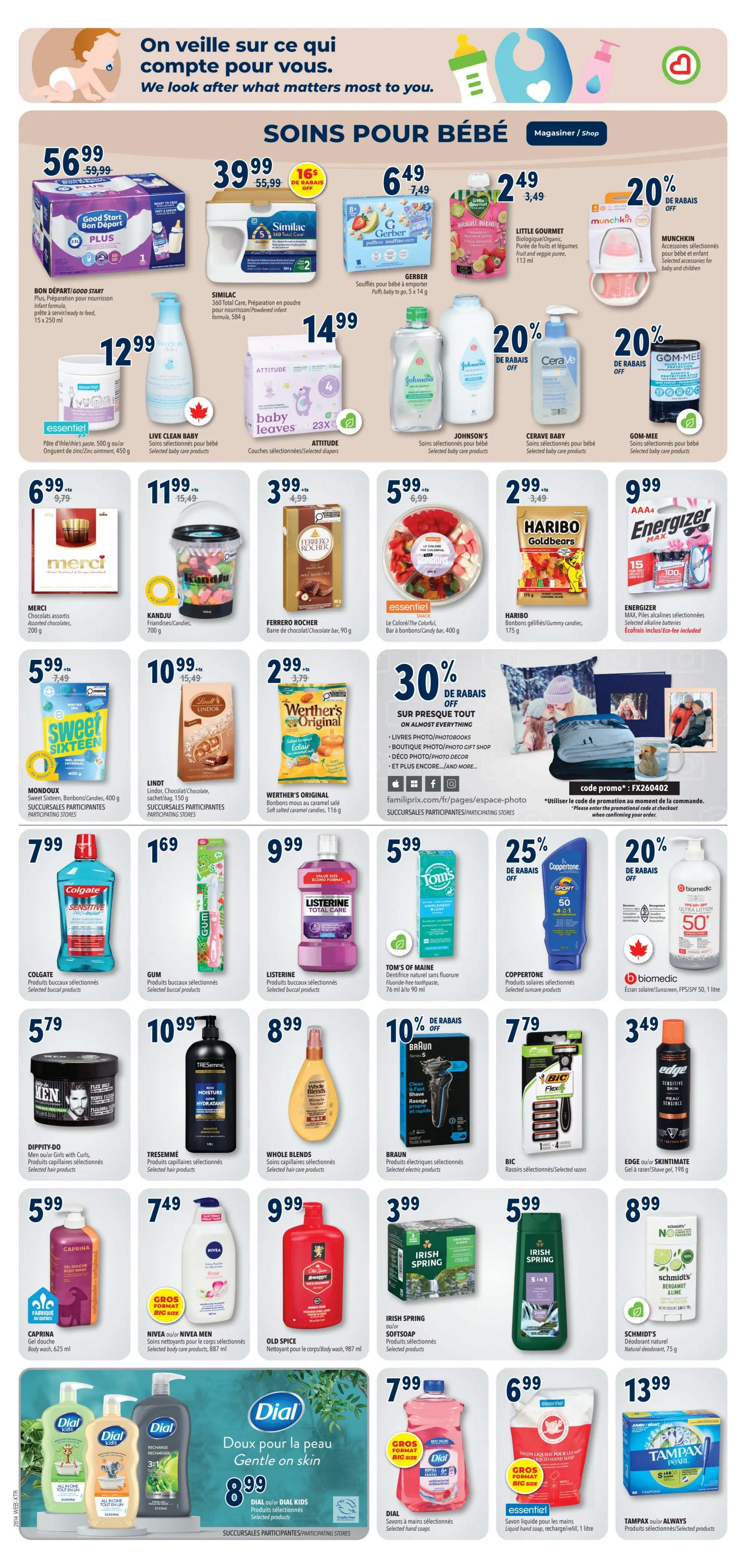 Familiprix flyer page 20 features 'Soins pour bébé' (Baby Care) and other personal care items. Top row includes Bon Départ/Good Start infant formula for $56.99, Similac 360 Total Care powdered infant formula for $39.99 with a $16 off rebate, Gerber baby puffs for $6.49, and Little Gourmet fruit and veggie purees for $2.49. Also featured are Munchkin baby accessories for 20% off and a GOM-MEE baby product for 20% off. Second row showcases Live Clean Baby products, Attitude baby leaves diapers for $14.99, Johnson's baby care products, and Cerave Baby products, all selected for $14.99. The middle section offers Merci chocolates for $6.99, Kandju candies for $11.99, Ferrero Rocher chocolate bars for $3.99, and Haribo gummy candies for $5.99. Energizer batteries are on sale for $9.99. Sweet Sixteen candies are $7.99, Lindt chocolate is $10.99, and Werther's Original caramels are $2.99. A 'Sur presque tout' (On almost everything) promotion offers 30% off photo books, photo gift shop items, and photo decor. The bottom section highlights Colgate sensitive toothpaste for $7.99, Gum toothbrushes for $1.69, Listerine Total Care for $9.99, and Tom's of Maine toothpaste for $5.99. Coppertone suncare products are 25% off, and Biomedic sunscreen lotion is 20% off. Dippity-do hair styling products are $5.79, Tresemmé hair care products are $10.99, Whole Blends hair care products are $8.99, Braun electric shavers are 10% off, and Bic razors are $7.79. Edge or Skintimate shave gel is $3.49. Caprina body wash is $5.99, Nivea or Nivea Men body wash is $7.49, Old Spice body wash is $9.99, and Irish Spring soap is $3.99. Schmidt's deodorant is $8.99. Dial or Dial Kids body wash is $8.99. Dial hand soap is $7.99. A large refill pouch of liquid hand soap is $6.99. Tampax or Always products are $13.99.